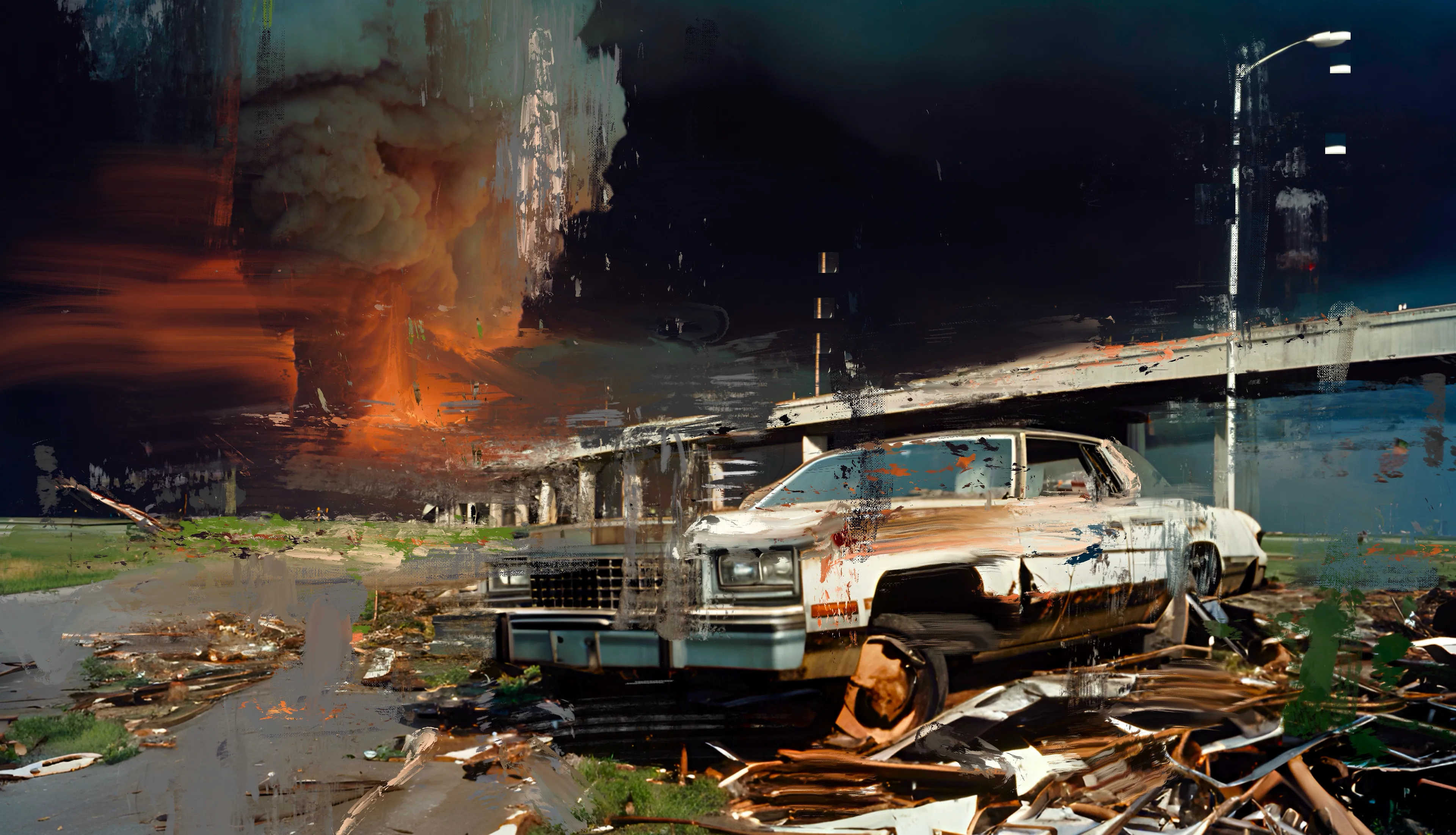 Norman Harman’s STORM paintings, an intricate fusion of AI and digital painting, transcend mere visual expression, delving into profound existential musings on humanity’s fraught relationship with nature and our speculative future. His haunting works, draw us into abandoned, post-apocalyptic realms where desolate highways vanish into AI-conjured tempestuous skies. These paintings resonate deeply, evoking a dystopian epoch where weather has been fictitiously weaponized by governments, unleashing tornadoes and other cataclysmic storms as instruments of oppression and annihilation.

Harman’s technique, echoing the mastery of Turner and Constable, employs the avant-garde tools of AI and digital painting to craft a vision that is both breathtaking and terrifying. The tumultuous clouds and fragmented landscapes are not mere backdrops but profound meditations on the ethical quandaries of unchecked technological progress. They invite us to ponder the fragility of human existence in the face of our own creations, blurring the lines between nature’s wrath and human hubris.

In these works, Harman conjures a new form of the sublime—a digital sublime—where the natural world, subjugated and manipulated, reflects our deepest fears and aspirations. The eerie beauty of his paintings lies in their duality: nature as both a casualty and a weapon of human ingenuity. This interplay creates a compelling dialogue within the canvas, urging us to contemplate our role in this looming dystopia. Harman’s art thus becomes a mirror, reflecting our existential anxieties and challenging us to reckon with the potential consequences of our relentless pursuit of control over the natural world. While the notion of weaponizing weather remains firmly in the realm of fiction, it serves as a potent symbol of the ethical and environmental dilemmas we face.