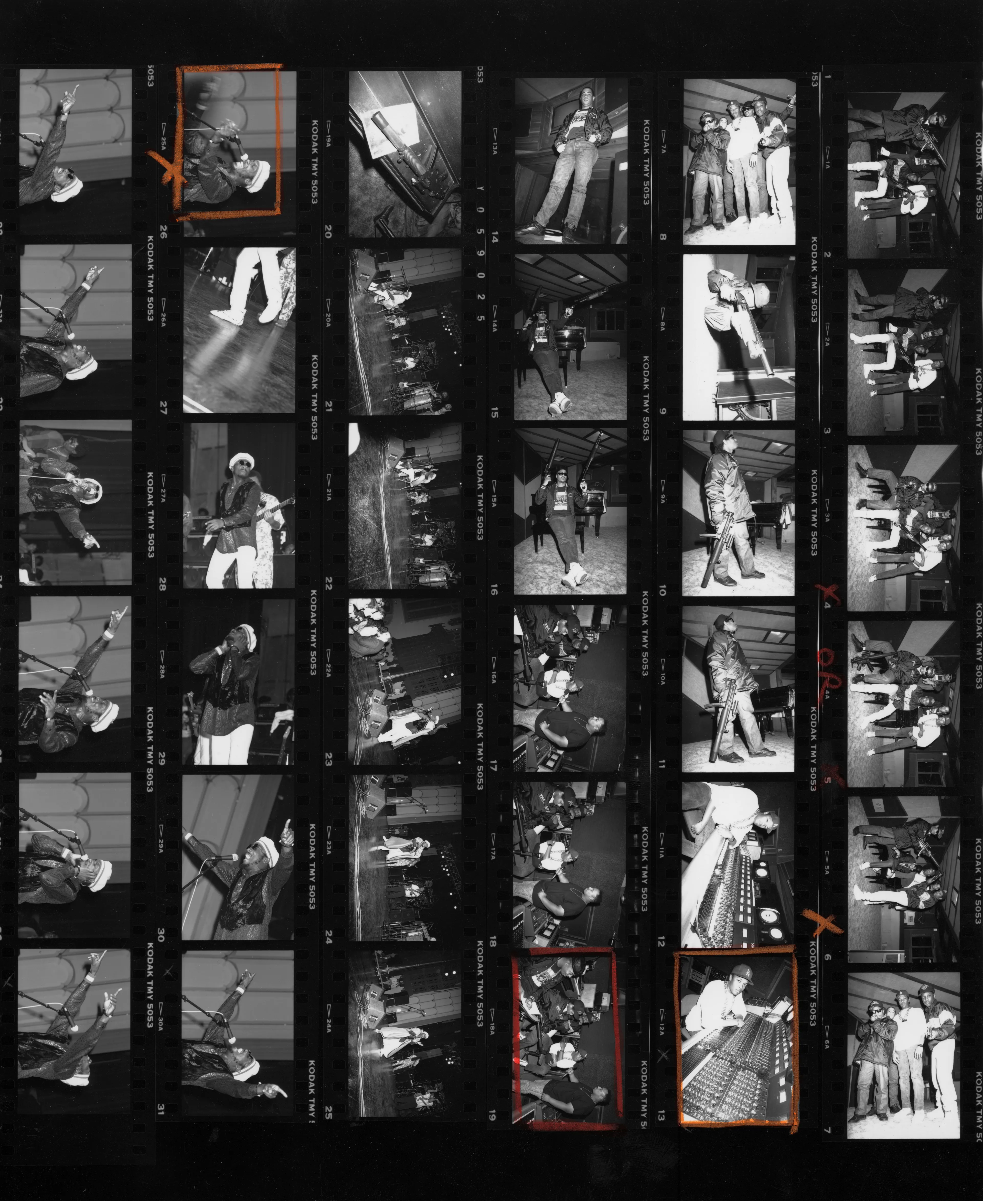 During the late 80's to early 90's I documented the rise of the west coast hip hop scene in Los Angeles. Tragically, my entire archive of photographs and negatives from this era was destroyed by USPS in 2015 en route to NY. Only a few images remain. This proof sheet includes images from my shoot with NWA in 1987 at Audio Achievements Studio, just outside Compton during the recording of Straight Outta Compton, and frames of reggae legend Jimmy Cliff performing in concert.