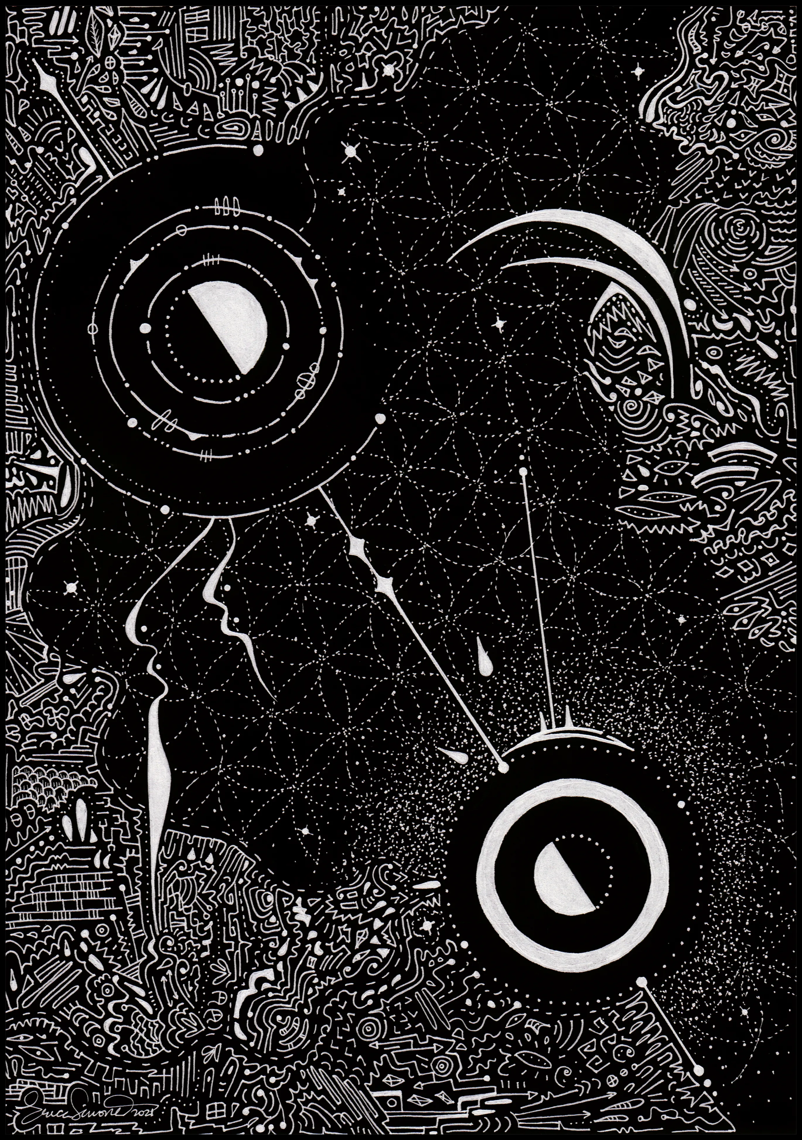 Forever leaping through time and space within one single moment.

Pen & Ink Drawing by Erica Simone, 2021