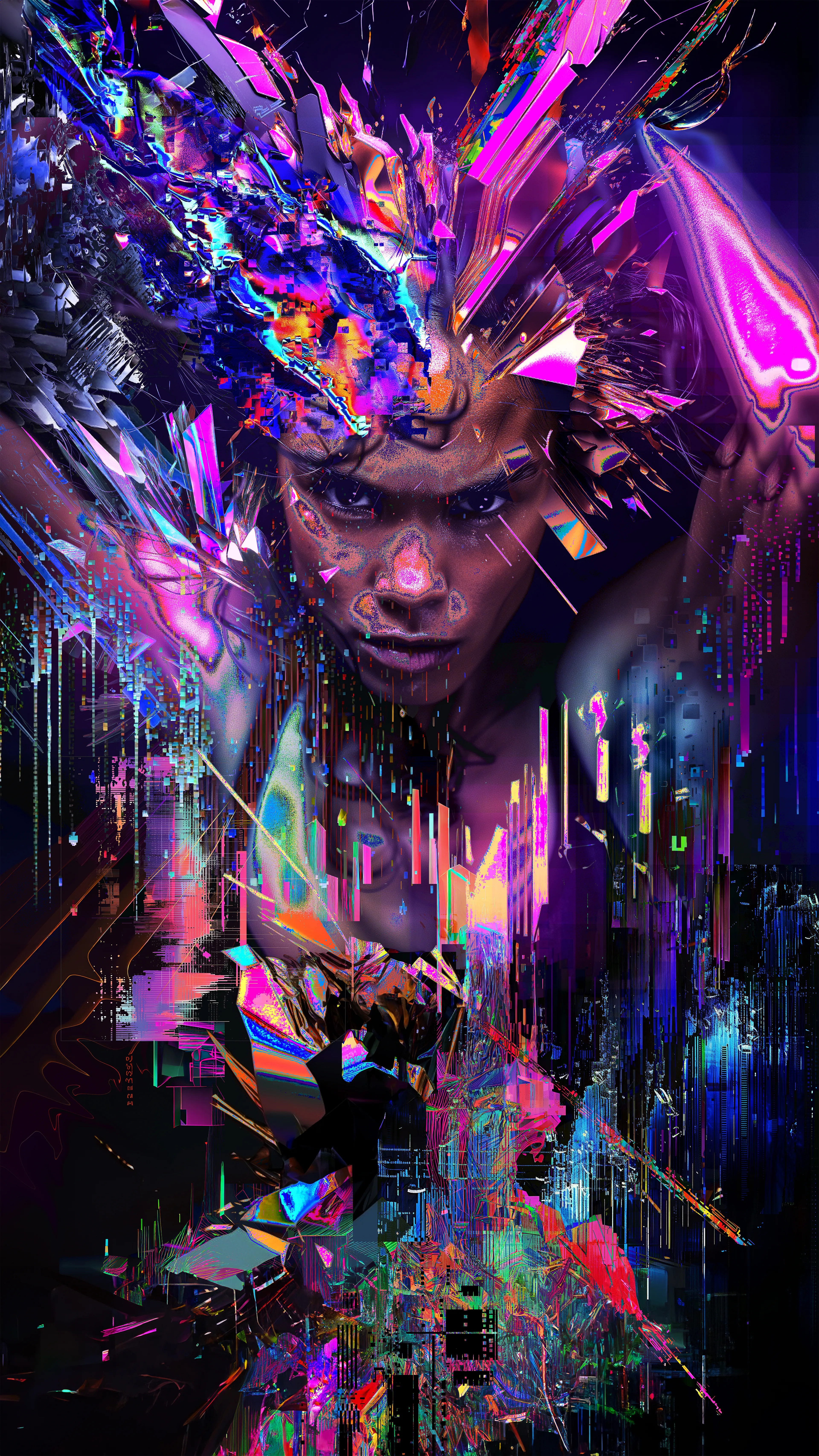 This artwork depicts the Greek Goddess Nyx, who symbolizes mystery, the subconscious, and the power of the night. Method: Glitch Collage and AI (Photoshop + Midjourney).