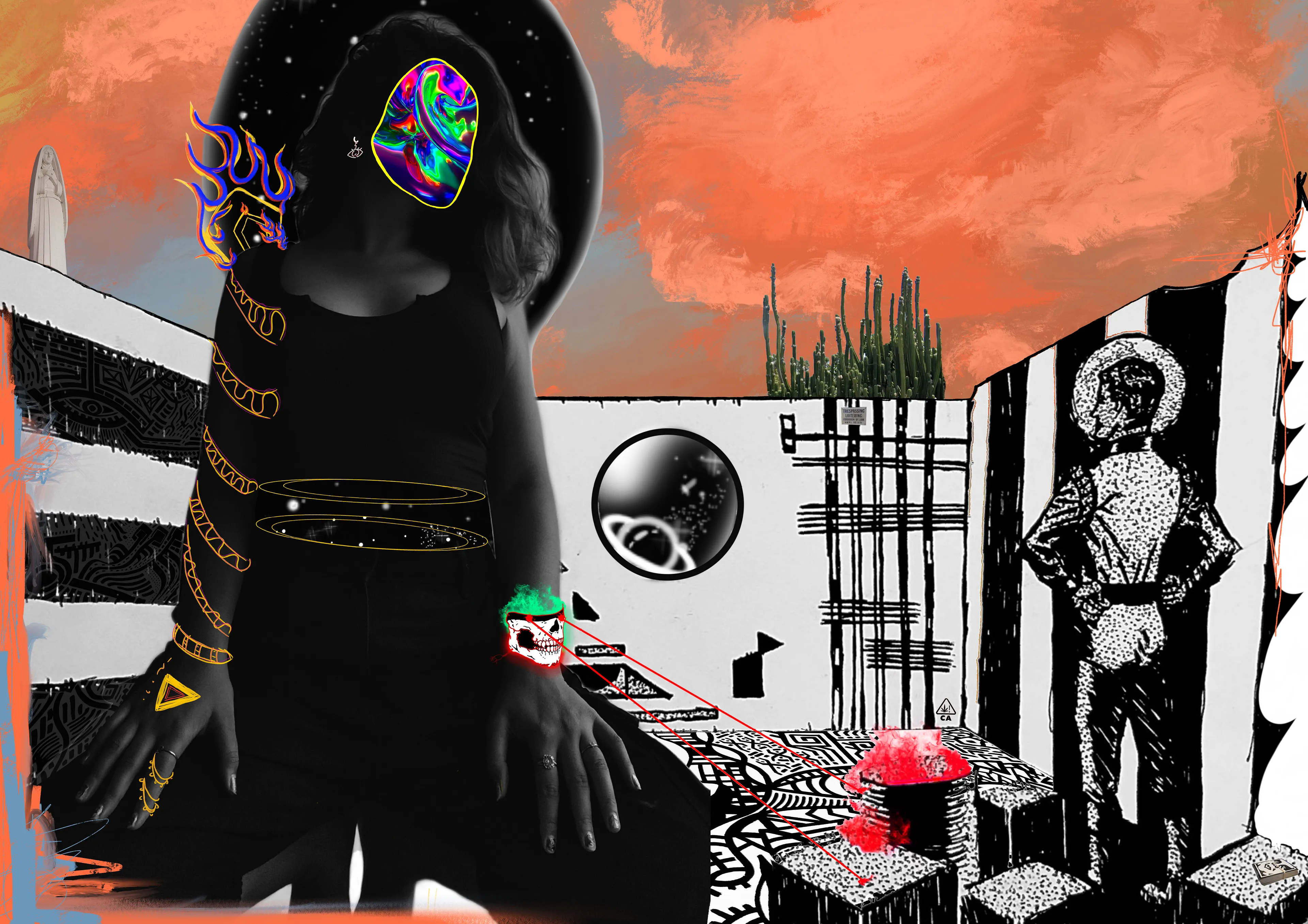"Knowing the large number of collaborators, I decided to go for subtlety as not to overwhelm the design too early. I added my signature acrylic B&W paintings to the floor as well as the wall accent, since the originating image was also B&W. Looking through my photographs i found the statue of Mary that I took on a random night in LA. I placed a pack of Obey stickers at the bottom right. And beyond the fence is my favorite grandfather San Pedro actus, the same one that was my real life ally through the most difficult times in my life, with the real life "no tresspassing" that accompanies it on the fence that it's breaking." 

- Max Osiris