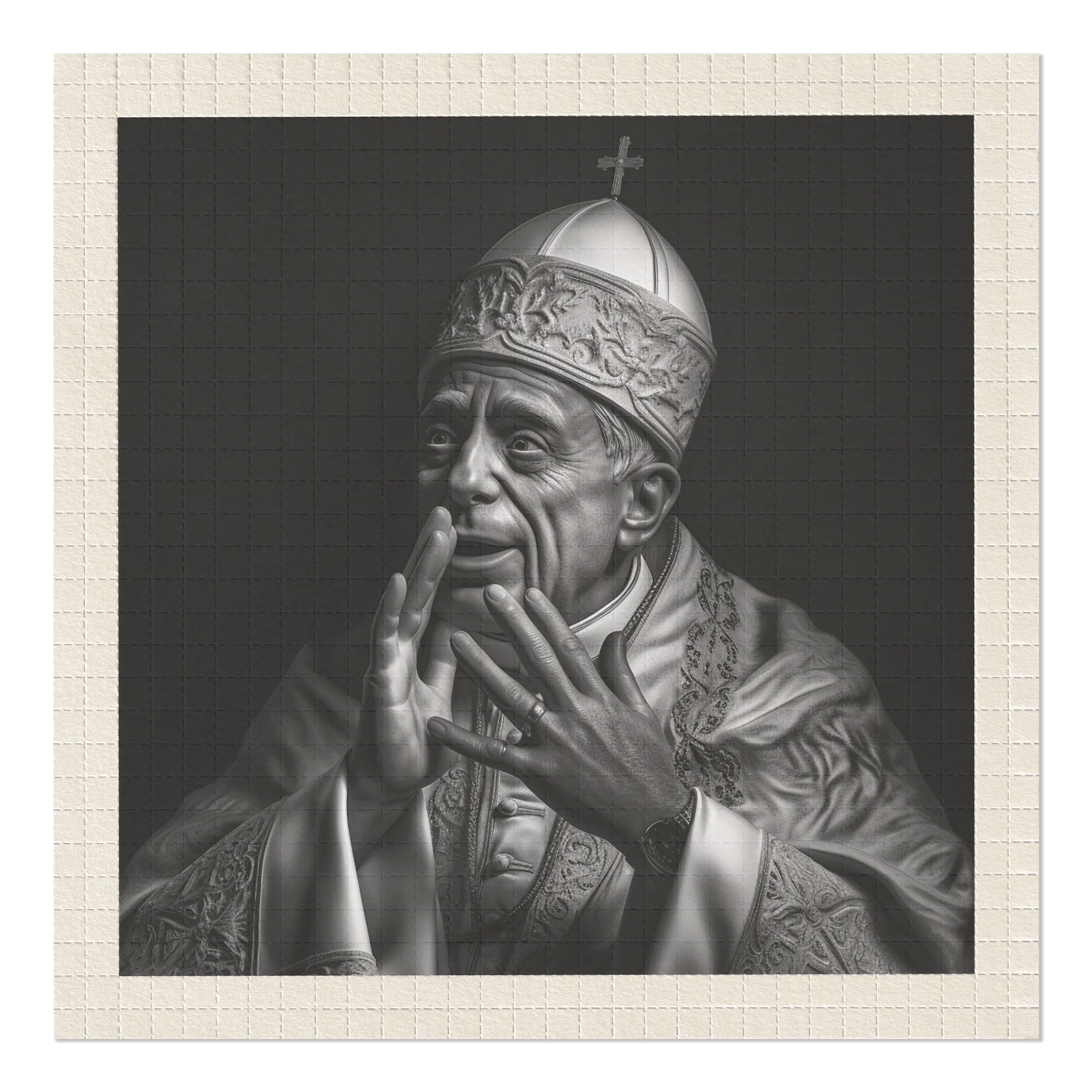 Pope Benedict the XVII sat nervously in his chambers as the papal conclave was about to commence. He had a lot on his mind, but his biggest concern was his heated argument with Cardinal Fortunato Frezza. Fortunato was convinced he was the most qualified to be the next Pope and had been vying for the position for months. As the cardinals filed into the room, Benedict couldn't help but feel a sense of unease. He tried to push it to the back of his mind, but it lingered like a bad taste in his mouth. And then, as if fate was playing a cruel joke on him, he was handed a goblet of wine that had been secretly dosed with LSD by the jealous cardinal. As he sat for his portrait, he took a sip of the wine that had been offered to him and immediately felt a strange sensation coursing through his body.

The colors in the room began to shift and swirl, and he felt himself lifting up from his chair and floating into the air. Suddenly, he was no longer in the room at all. Instead, he was somewhere else entirely, somewhere beyond time and space. And there, amid the swirling chaos, He looked up, and there was GOD, sitting on a throne made of rainbows.

"Pope Benedict, I have been waiting for you," GOD said.

The Pope was surprised. "You have?"

"Yes," GOD replied. "I have been watching over you and am pleased with what you have done so far. But there is still more work to be done. I want you to be the Pope who breaks all the rules and shows the world that the Church is not afraid of change."

The Pope felt a surge of energy and excitement. He knew that this was his calling. So Pope Benedict started by hosting raves at St. Peter's Basilica, with music that was loud and vibrant, and full of life. He encouraged the faithful to dance, celebrate, and let go of their worries and fears. And he started a new tradition of blessing people with glow sticks, using them to light up the darkness and bring joy to all those who were present. 

As the night wore on, the party grew wilder and more ecstatic. Then, finally, the Pope took to the decks, spinning a mix of techno and gospel that had the whole place jumping. He blessed people with glow sticks instead of holy water. He allowed women to become priests, and he endorsed same-sex marriage. And when it was over, he knew he had made the right choice. 

The world was shocked but also delighted. People came from all over the world to attend the Pope's raves, and they found a new sense of joy and spirituality in the music and the dancing. And so, the legacy of Pope Benedict the XVII was born. He became known as the Pope of Love and Light, and his teachings inspired millions of people to find their own spiritual path. 

In the end, it was clear that LSD had opened the Pope's mind to new possibilities and new ways of thinking, and the world was all the better for it.