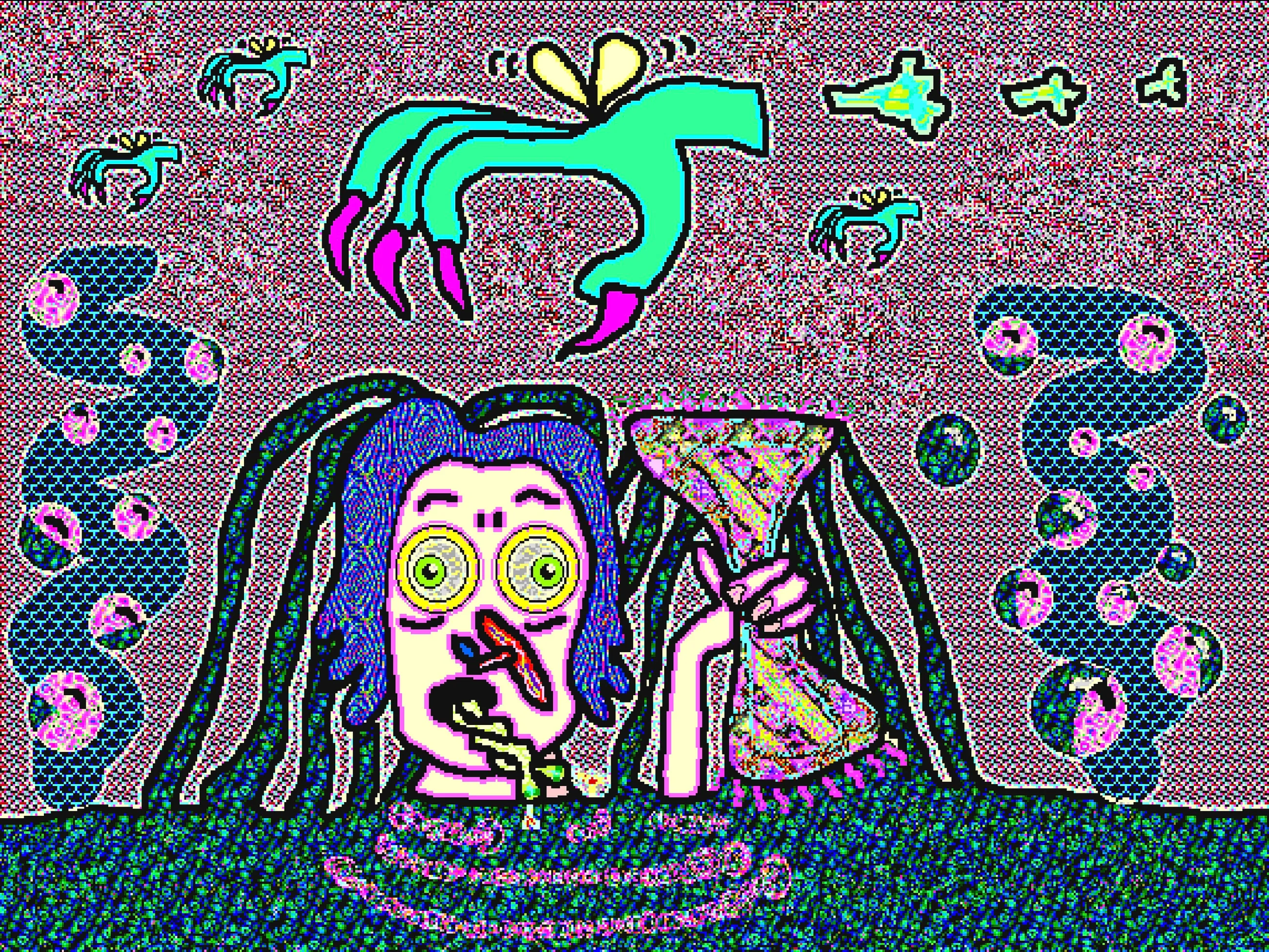 This is Inferno XXI of Sarah Zucker’s Divine Comedy.

Divine Comedy is a tale of an artist’s personal transformation when stopped mid-way on life’s journey. This series of digital paintings tells Sarah Zucker's story using the narrative structure of Dante’s classic work.

Created using vintage KidPix Studio software from 1993 – the artist’s first digital toolset.

[CLICK HERE TO READ Inferno XXI](https://www.gutenberg.org/files/8800/8800-h/8800-h.htm#cantoI.21)