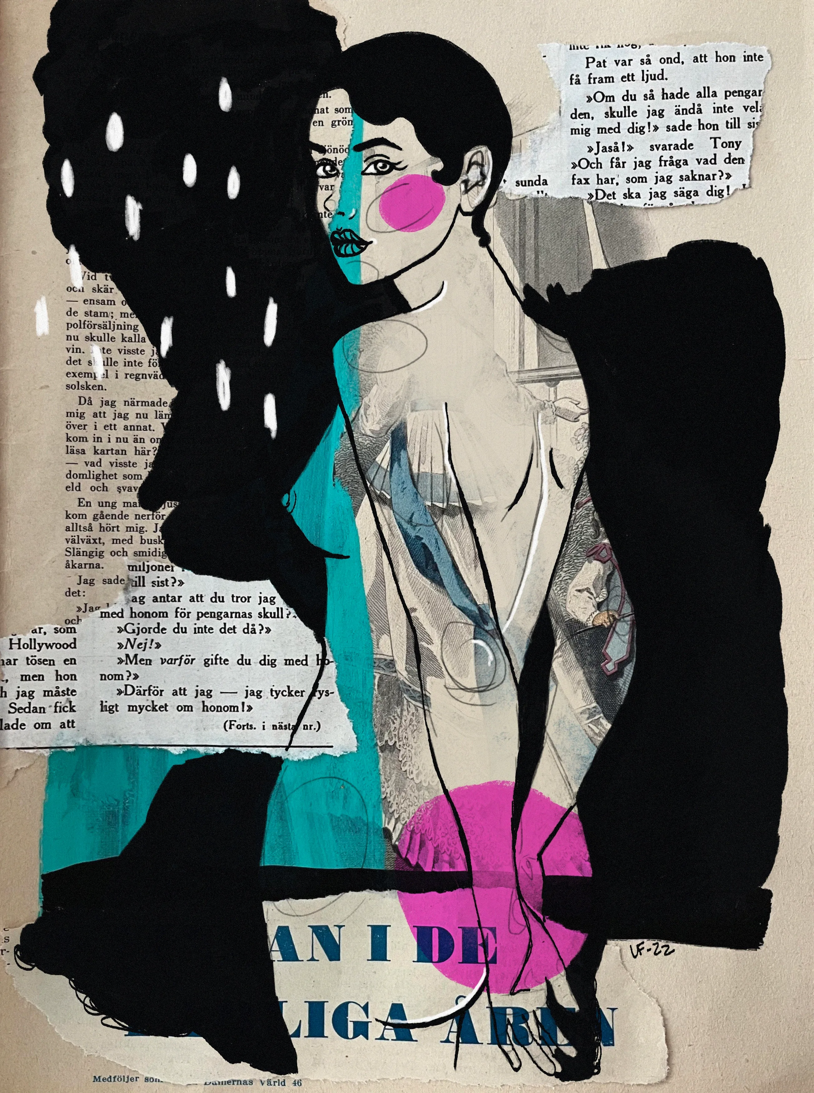 "A Woman In Her Dangerous Years" is a part of the Valentines Day collection. Vintage magazine collage overpainted with acrylic markers. Inspired by Bond-girls and old spy comics. 

Size 2599 × 3488.