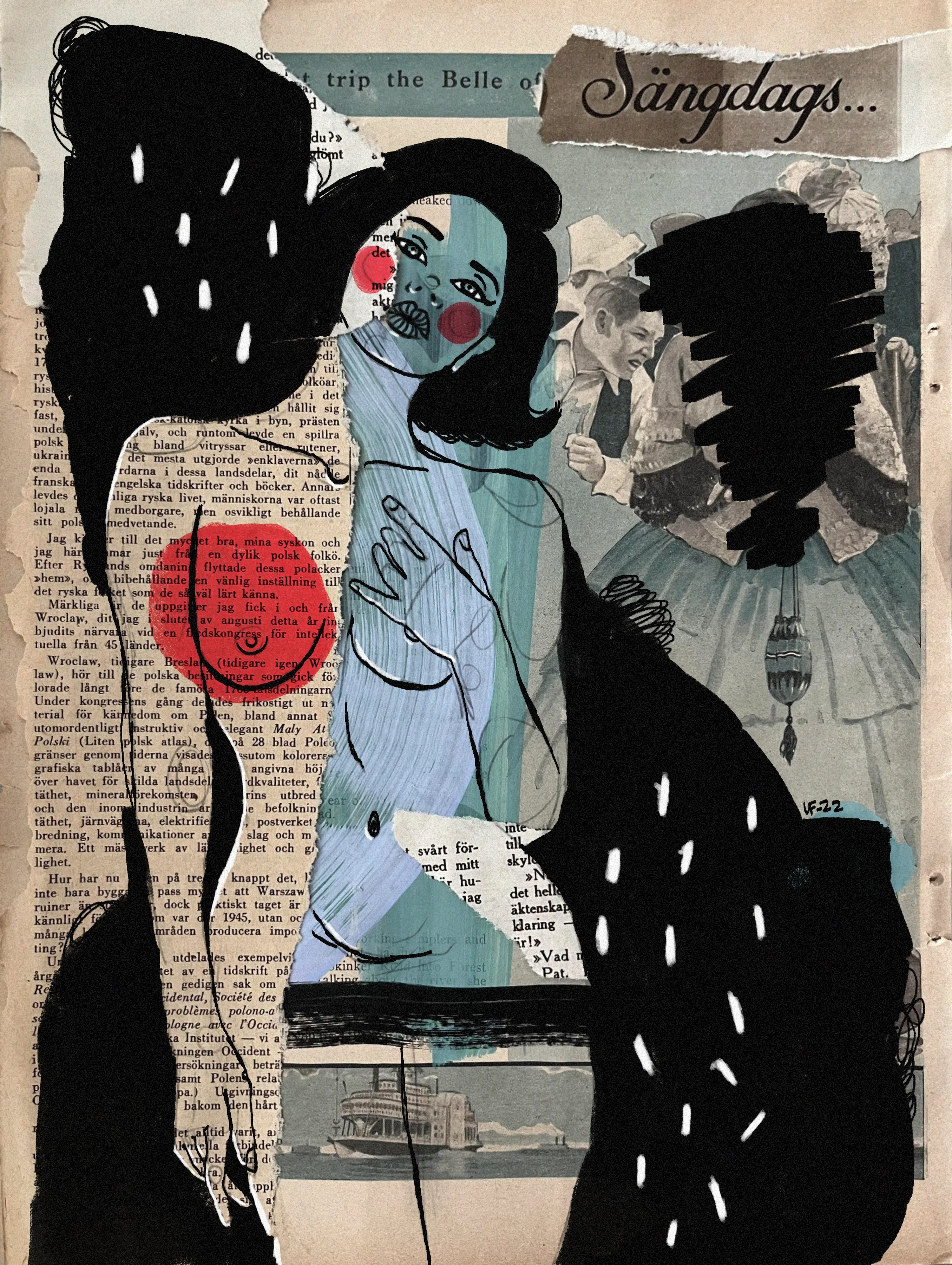 "Bedtime" is a part of the Valentines Day collection. Vintage magazine collage overpainted with acrylic markers. Inspired by Bond-girls and old spy comics. 

Size 2711 × 3600.
