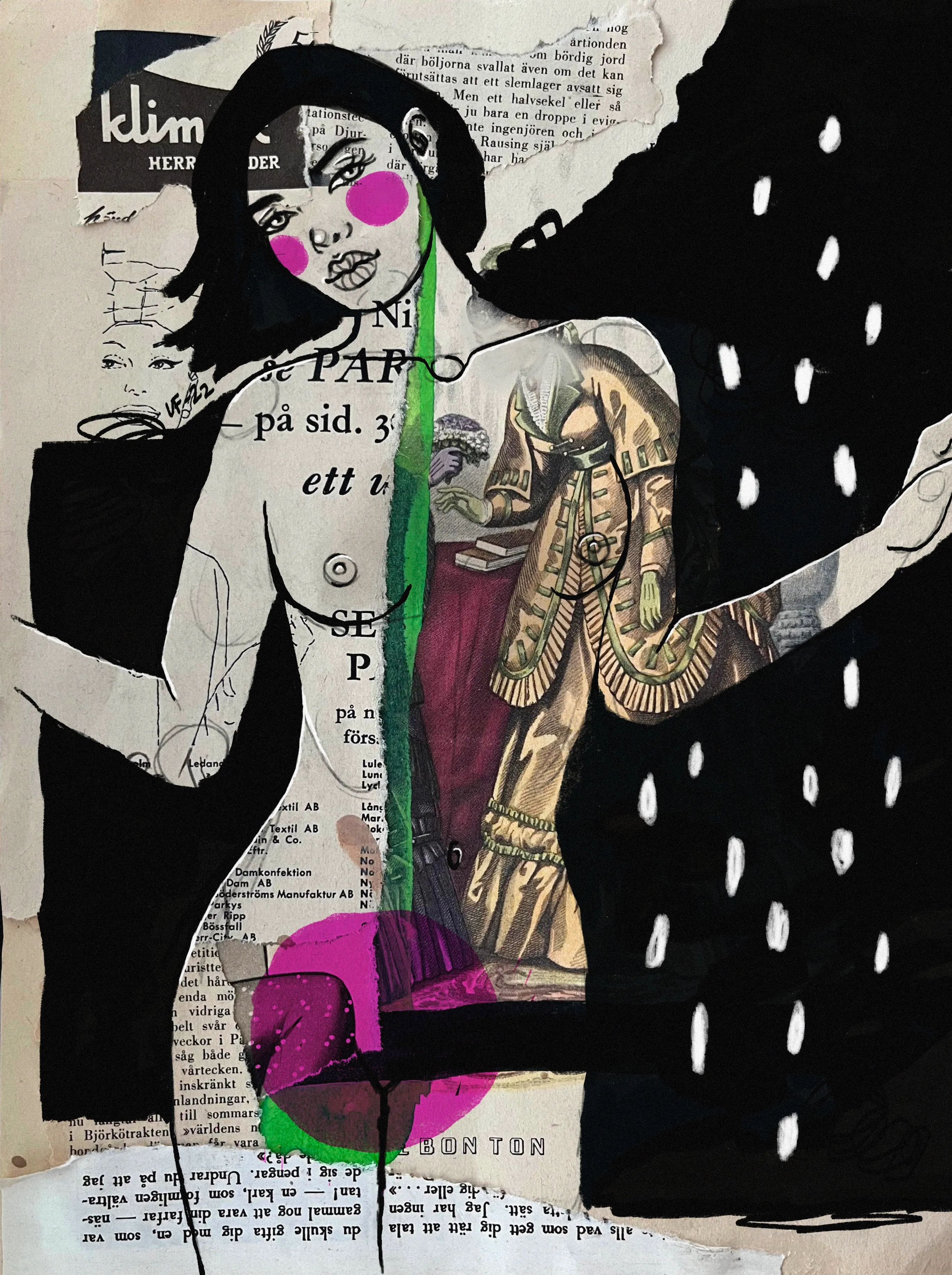 "Klimax" is a part of the Valentines Day collection. Vintage magazine collage overpainted with acrylic markers. Inspired by Bond-girls and old spy comics. 

Size 2730 × 3656.