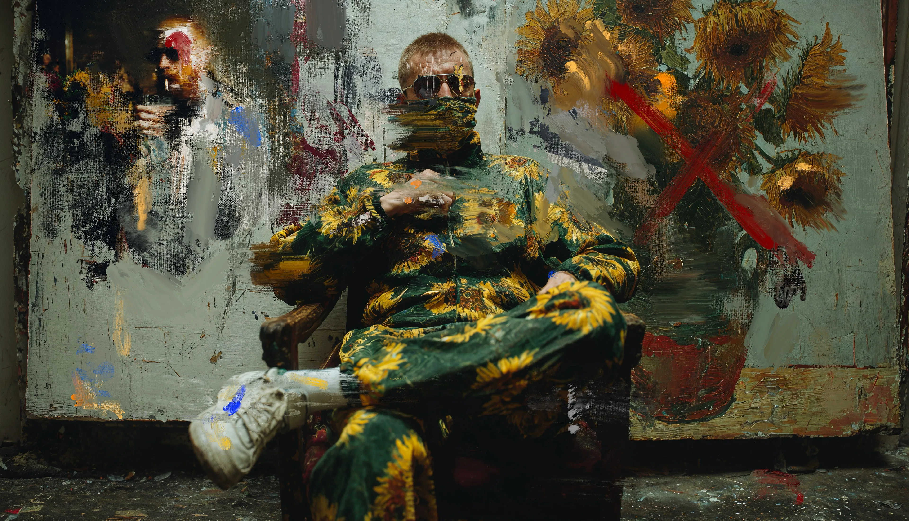Vincent Returns - Studio Portrait

Circa 2025

In Vincent Returns, Harman channels the ghost of Van Gogh through the fractured lens of postpainting — a practice built on the collapse of medium, myth, and meaning. Here, Vincent is no longer the wounded romantic. He returns as a symbol under siege, reengineered by AI, digital brushwork, and the warping pressure of image culture.

Clad in a sunflower tracksuit, the figure is both icon and parody — swallowed by his own legacy and spitting it back. The still life behind him, crossed out in red, signals not erasure but refusal: refusal to perform, to be pitied, to remain fixed in history’s golden frame. The brushstrokes blur, the edges bleed — the image is no longer stable. It’s volatile.

This is Harman’s language — digital painting as disruption, AI as a mirror cracked open. In Vincent Returns, the artist doesn't reconstruct the past, he weaponises it. He uses the tools of reproduction — datasets, machine vision, digital paint — to question authorship, legacy, and the endless looping of art history into commodity.

Vincent comes back not to be understood, but to fight.  
To confront the system that turned his suffering into style.  
To demand: what’s left of the artist when the image survives without him?

This is not homage. This is insurgency.  
This is postpainting.  
And Vincent is not asking for your sympathy —  
He’s asking if you’ve got the nerve to look him in the eye.