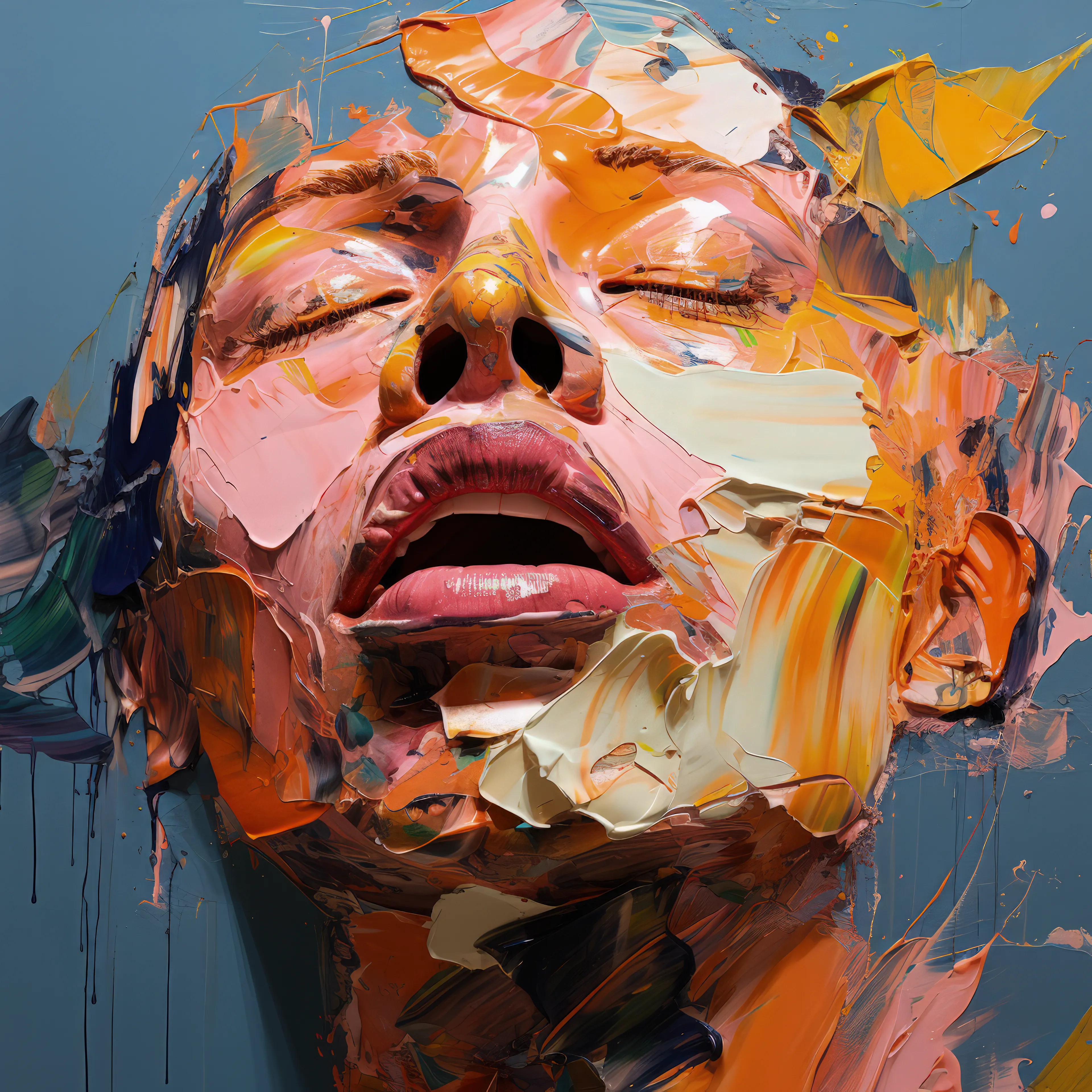 Painted Heads explores painting as a mediated collaborative act. The heads were generated using AI, informed by their ultimate manifestation as fabricated painted (physical) objects, in collaboration with Tender and Artmatr.

Trained and degreed 100% in painting (MFA, BFA), and still maintaining a material based practice, this project resonated with me in a multitude of ways. Earlier in my career, I would have found the proposition of a synthetically fabricated painting anathema, as I held (near evangelical) beliefs that computation possessed its own inherent materiality and thus any attempts at material mimesis were at best kitsch and at worst plain evil.

A textured paint stroke is a natural by-product of an instrument being dragged across a canvas, and the expressive tendencies of the mark are the result of inner, psychological factors of the painter. Over the years I spoke (preached) often about computation having its own inherent materiality including a natural digital artifacting, comparable metaphorically to paint dripping, smearing, etc.

Based on my beliefs in the sanctity of an innate computing materiality, it seemed disingenuous to have computation attempt to mimic natural media/processes, or worse, reflect a romantic physical bias. So, as an obvious material maximalist, what attracted me to this project?

When Adam Berninger of Tender approached me about participating in the exhibition, he explained that Artmatr was not simply reproducing digital images with paint, but pursuing an innovative approach utilizing AI at a fundamental level. Their process involved a multistep, iterative application that also enabled a fair amount of customization; this intrigued me. I had already been thinking of ways of creating physical objects based on my AI NFT work, but hadn’t really gotten very far.

Now, the Painted Heads collection includes 31 AI generated heads, each released as an NFT, redeemable for a physically fabricated painting. The heads are intentionally expressive with extreme textural detail and simulated painterliness. Confronting my own bias against virtual texture/materiality, I wanted to also provide a visual prompt for collaborator Artmatr, as provocation. My hope was that a near impossible problem – recreating the thickness and dimensional textural detail in the images – could elicit new innovative solutions, from both the AI and their artisans.