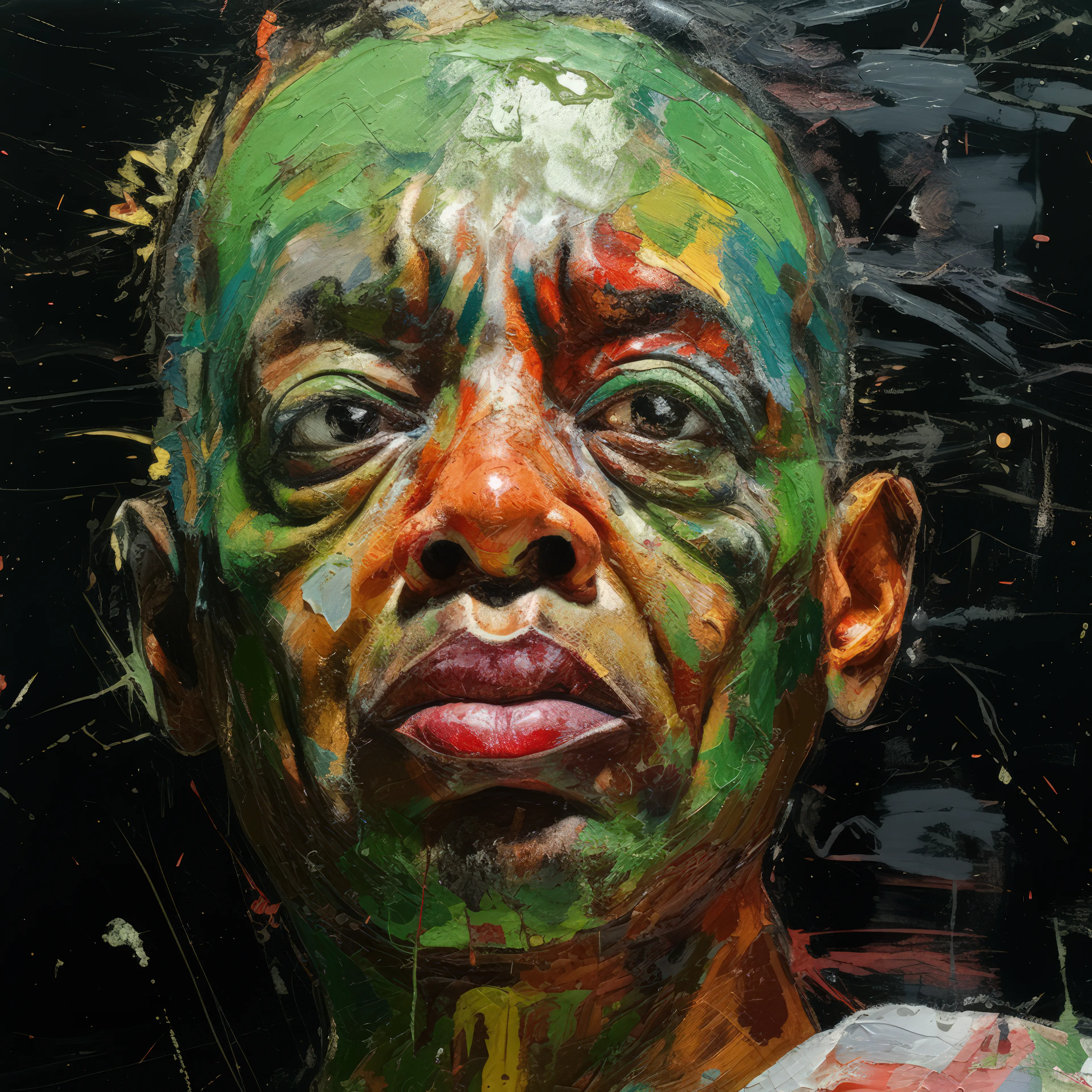 Painted Heads explores painting as a mediated collaborative act. The heads were generated using AI, informed by their ultimate manifestation as fabricated painted (physical) objects, in collaboration with Tender and Artmatr.

Trained and degreed 100% in painting (MFA, BFA), and still maintaining a material based practice, this project resonated with me in a multitude of ways. Earlier in my career, I would have found the proposition of a synthetically fabricated painting anathema, as I held (near evangelical) beliefs that computation possessed its own inherent materiality and thus any attempts at material mimesis were at best kitsch and at worst plain evil.

A textured paint stroke is a natural by-product of an instrument being dragged across a canvas, and the expressive tendencies of the mark are the result of inner, psychological factors of the painter. Over the years I spoke (preached) often about computation having its own inherent materiality including a natural digital artifacting, comparable metaphorically to paint dripping, smearing, etc.

Based on my beliefs in the sanctity of an innate computing materiality, it seemed disingenuous to have computation attempt to mimic natural media/processes, or worse, reflect a romantic physical bias. So, as an obvious material maximalist, what attracted me to this project?

When Adam Berninger of Tender approached me about participating in the exhibition, he explained that Artmatr was not simply reproducing digital images with paint, but pursuing an innovative approach utilizing AI at a fundamental level. Their process involved a multistep, iterative application that also enabled a fair amount of customization; this intrigued me. I had already been thinking of ways of creating physical objects based on my AI NFT work, but hadn’t really gotten very far.

Now, the Painted Heads collection includes 31 AI generated heads, each released as an NFT, redeemable for a physically fabricated painting. The heads are intentionally expressive with extreme textural detail and simulated painterliness. Confronting my own bias against virtual texture/materiality, I wanted to also provide a visual prompt for collaborator Artmatr, as provocation. My hope was that a near impossible problem – recreating the thickness and dimensional textural detail in the images – could elicit new innovative solutions, from both the AI and their artisans.