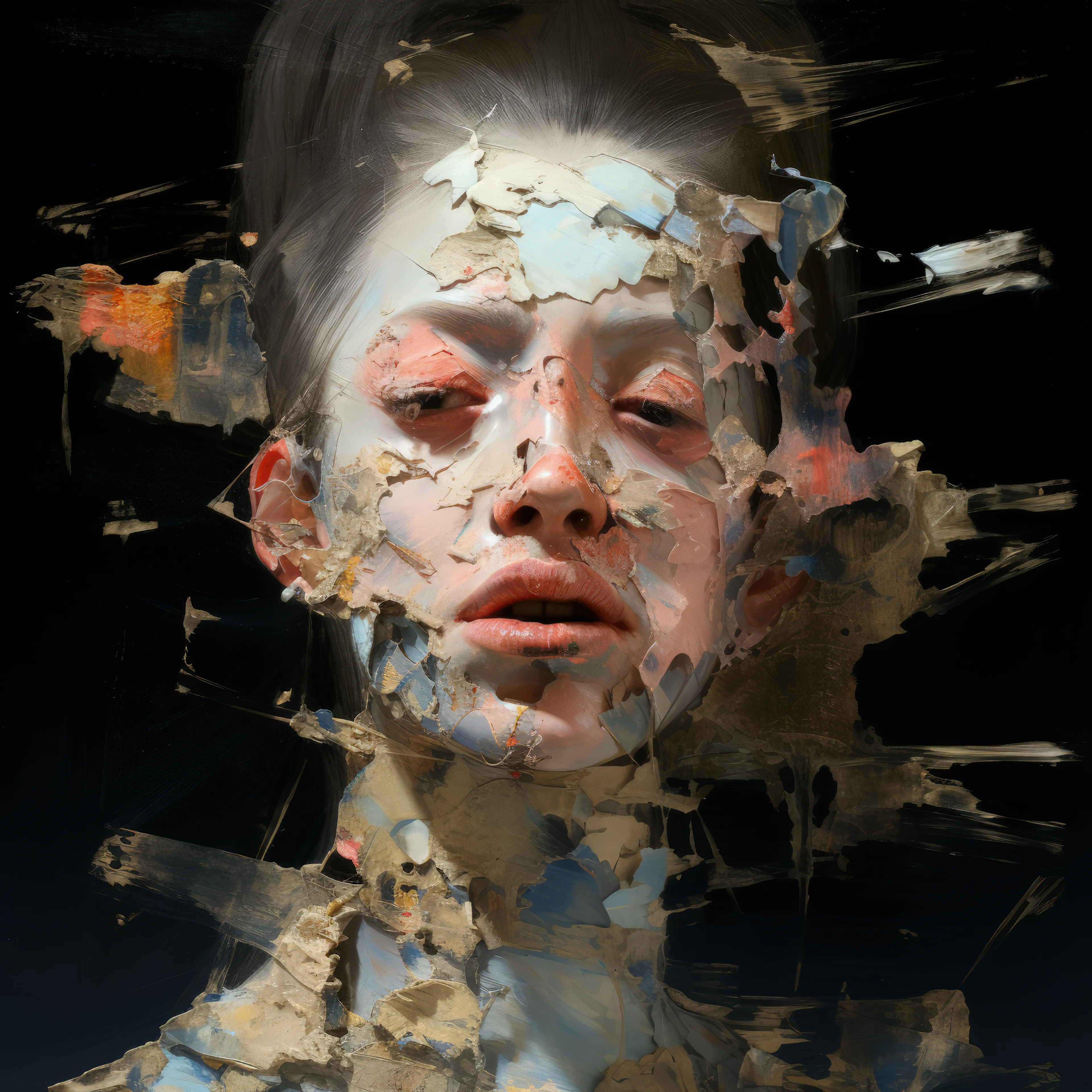 Painted Heads explores painting as a mediated collaborative act. The heads were generated using AI, informed by their ultimate manifestation as fabricated painted (physical) objects, in collaboration with Tender and Artmatr.

Trained and degreed 100% in painting (MFA, BFA), and still maintaining a material based practice, this project resonated with me in a multitude of ways. Earlier in my career, I would have found the proposition of a synthetically fabricated painting anathema, as I held (near evangelical) beliefs that computation possessed its own inherent materiality and thus any attempts at material mimesis were at best kitsch and at worst plain evil.

A textured paint stroke is a natural by-product of an instrument being dragged across a canvas, and the expressive tendencies of the mark are the result of inner, psychological factors of the painter. Over the years I spoke (preached) often about computation having its own inherent materiality including a natural digital artifacting, comparable metaphorically to paint dripping, smearing, etc.

Based on my beliefs in the sanctity of an innate computing materiality, it seemed disingenuous to have computation attempt to mimic natural media/processes, or worse, reflect a romantic physical bias. So, as an obvious material maximalist, what attracted me to this project?

When Adam Berninger of Tender approached me about participating in the exhibition, he explained that Artmatr was not simply reproducing digital images with paint, but pursuing an innovative approach utilizing AI at a fundamental level. Their process involved a multistep, iterative application that also enabled a fair amount of customization; this intrigued me. I had already been thinking of ways of creating physical objects based on my AI NFT work, but hadn’t really gotten very far.

Now, the Painted Heads collection includes 31 AI generated heads, each released as an NFT, redeemable for a physically fabricated painting. The heads are intentionally expressive with extreme textural detail and simulated painterliness. Confronting my own bias against virtual texture/materiality, I wanted to also provide a visual prompt for collaborator Artmatr, as provocation. My hope was that a near impossible problem – recreating the thickness and dimensional textural detail in the images – could elicit new innovative solutions, from both the AI and their artisans.