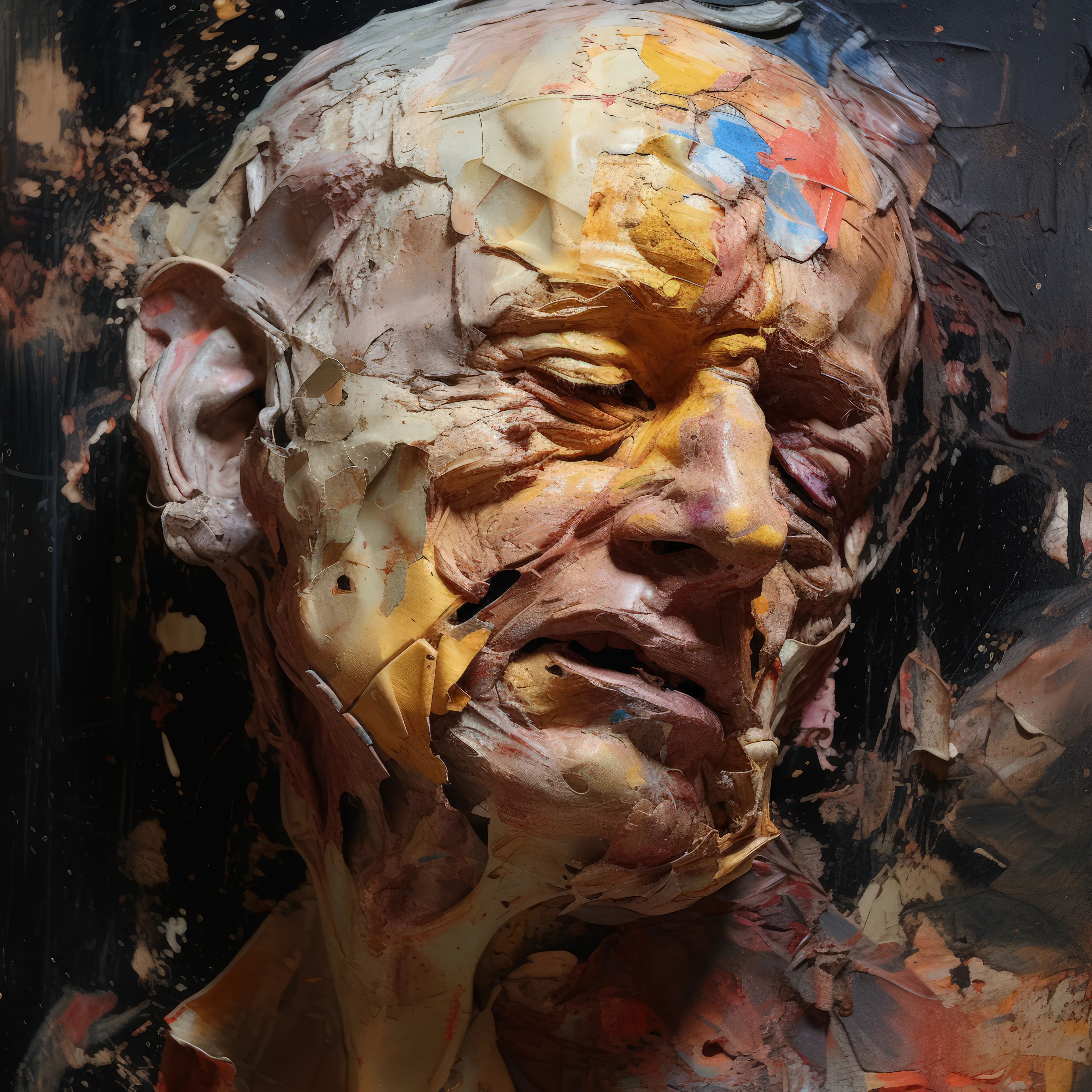 Painted Heads explores painting as a mediated collaborative act. The heads were generated using AI, informed by their ultimate manifestation as fabricated painted (physical) objects, in collaboration with Tender and Artmatr.

Trained and degreed 100% in painting (MFA, BFA), and still maintaining a material based practice, this project resonated with me in a multitude of ways. Earlier in my career, I would have found the proposition of a synthetically fabricated painting anathema, as I held (near evangelical) beliefs that computation possessed its own inherent materiality and thus any attempts at material mimesis were at best kitsch and at worst plain evil.

A textured paint stroke is a natural by-product of an instrument being dragged across a canvas, and the expressive tendencies of the mark are the result of inner, psychological factors of the painter. Over the years I spoke (preached) often about computation having its own inherent materiality including a natural digital artifacting, comparable metaphorically to paint dripping, smearing, etc.

Based on my beliefs in the sanctity of an innate computing materiality, it seemed disingenuous to have computation attempt to mimic natural media/processes, or worse, reflect a romantic physical bias. So, as an obvious material maximalist, what attracted me to this project?

When Adam Berninger of Tender approached me about participating in the exhibition, he explained that Artmatr was not simply reproducing digital images with paint, but pursuing an innovative approach utilizing AI at a fundamental level. Their process involved a multistep, iterative application that also enabled a fair amount of customization; this intrigued me. I had already been thinking of ways of creating physical objects based on my AI NFT work, but hadn’t really gotten very far.

Now, the Painted Heads collection includes 31 AI generated heads, each released as an NFT, redeemable for a physically fabricated painting. The heads are intentionally expressive with extreme textural detail and simulated painterliness. Confronting my own bias against virtual texture/materiality, I wanted to also provide a visual prompt for collaborator Artmatr, as provocation. My hope was that a near impossible problem – recreating the thickness and dimensional textural detail in the images – could elicit new innovative solutions, from both the AI and their artisans.