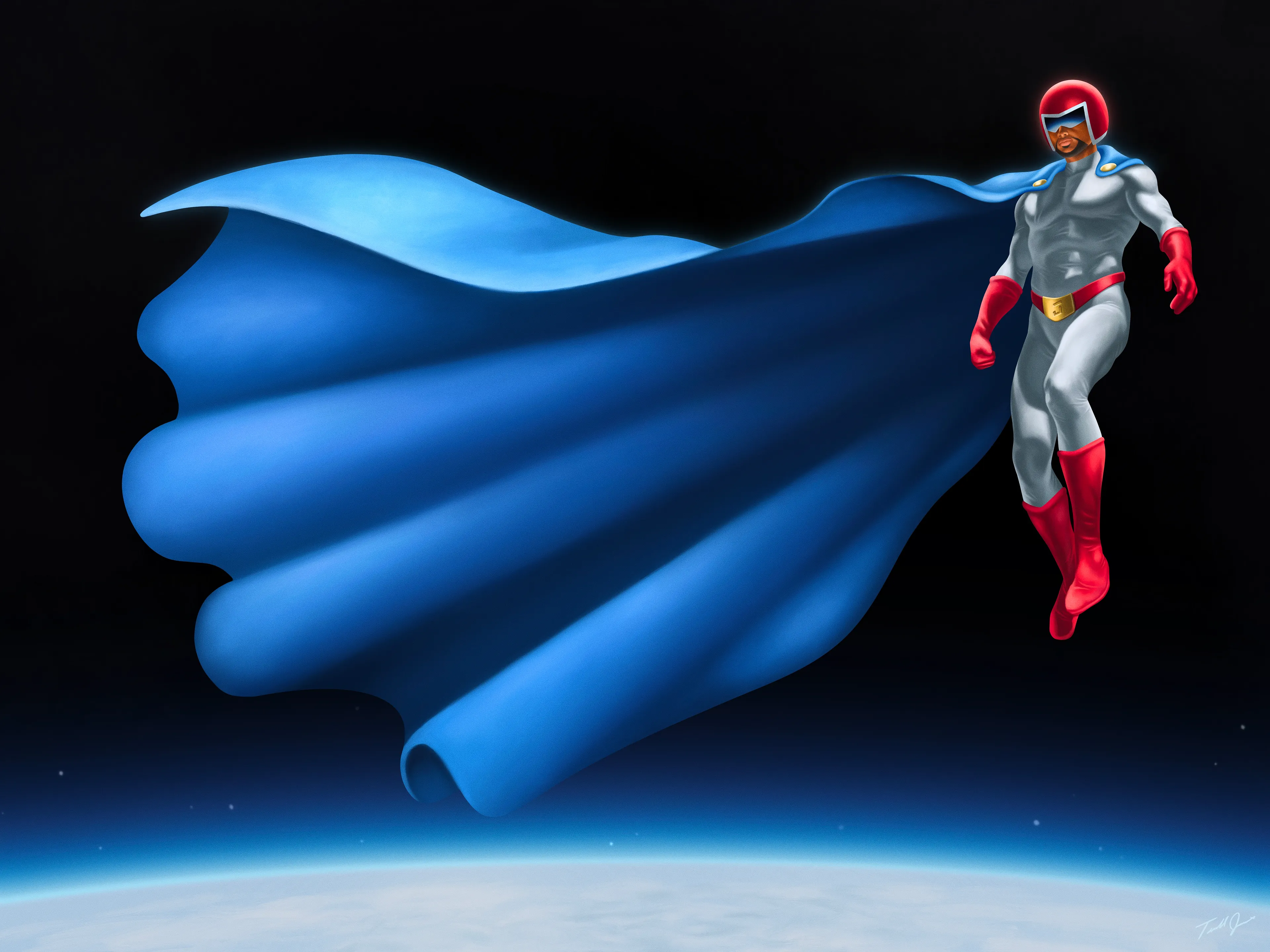 The Virtuous Justice Jones by Terrell Jones

This mini-series introduces Justice Jones, my character Terry’s favorite superhero. The ideation of this hero was inspired by an issue I’ve since I was young. There weren’t a lot of black superheroes to look up to. The ones we had were seldom the main heroes of their groups or universes. Justice Jones is THE hero. 

‘The Virtuous Justice Jones’ was made as a homage to a painting I love by Indonesian artist Nyoman Masriadi. I was captivated by how the comically massive cape drew my eyes in and I wanted to see my hero in a similar light. With the angle and pose i wanted Justice to exude power and strength in an almost otherworldly way.

***The ranked auctions will start at 6:30pm EST and will remain open until 7:30pm EST. Minimum bid of $250 and minimum bid increase of $20.***

***Every successful bid placed within the final 5 minutes will reset the timer to 5 minutes.***