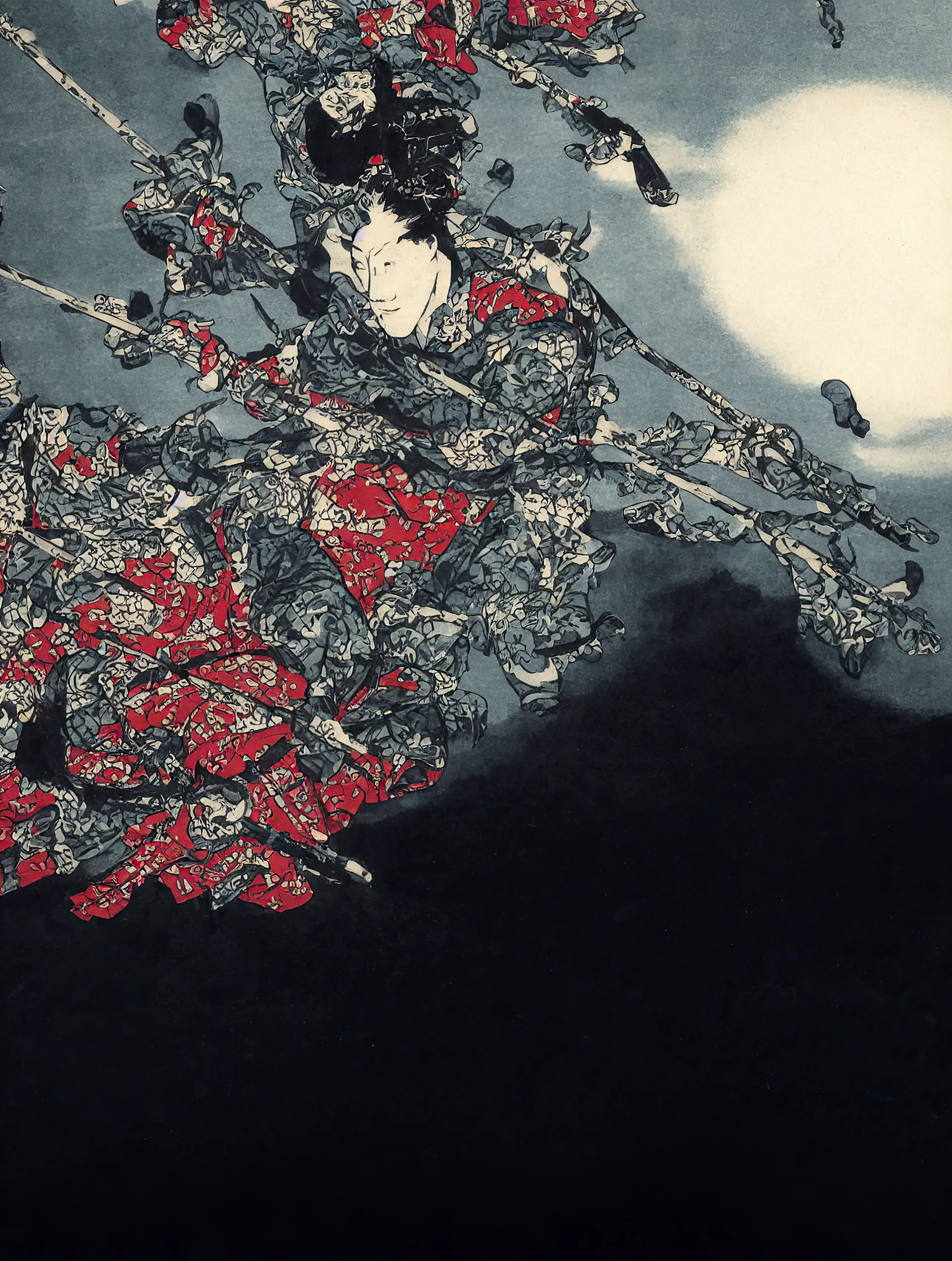 Wabi-Sabi Syntax is a conversation between tradition and technology, control and chance, past and future. It is a need to search, for meaning in imperfection, for truth in error, and for the self in translation. At its heart is the Japanese idea of wabi-sabi, the beauty found in things that are fragile, worn, or incomplete. After years of living in Japan, the artist's sense of what matters in art gradually shifted and became more complex. Perfection no longer seemed fully honest, and flaws began to feel like new fingerprints.
Into this journey, the artist brought something else, his Mexican heritage. Living between two cultures, he carries the weight and wonder of both, along with the uncertainty of that collision. Mexico and Japan are two worlds with different ways of seeing, remembering, and making. What happens when these visions coincide? When their symbols do not match? When one culture misunderstands the other? Rather than smooth over those misalignments, the artist leaned into them. Frictions and misunderstanding became a space for new ideas.
The tool for this new exploration of in-between states and worlds was artificial intelligence. He began feeding his own photographs into the models. He wanted to see how the machine would read his images. Another collision was happening, human and machine. What would it make of his visual memories? What would it get right, or wrong? The AI responded with pictures that resembled traditional Japanese woodblock prints, ukiyo-e, but something was always off. Eureka. He had found a way to visualize all these confronting ideas: perfection and imperfection, cultural dissonance, past and present, memory and reality. These confrontations are palpable in the imperfect representations AI naturally produces. Mistakes became part of the work's grammar, a kind of new syntax made of errors and echoes that condenses the many layers of Derech's life experience.
We are left with questions. Can a flaw carry emotion? Can a misstep be beautiful? Can a machine, in being flawed, reveal something human?