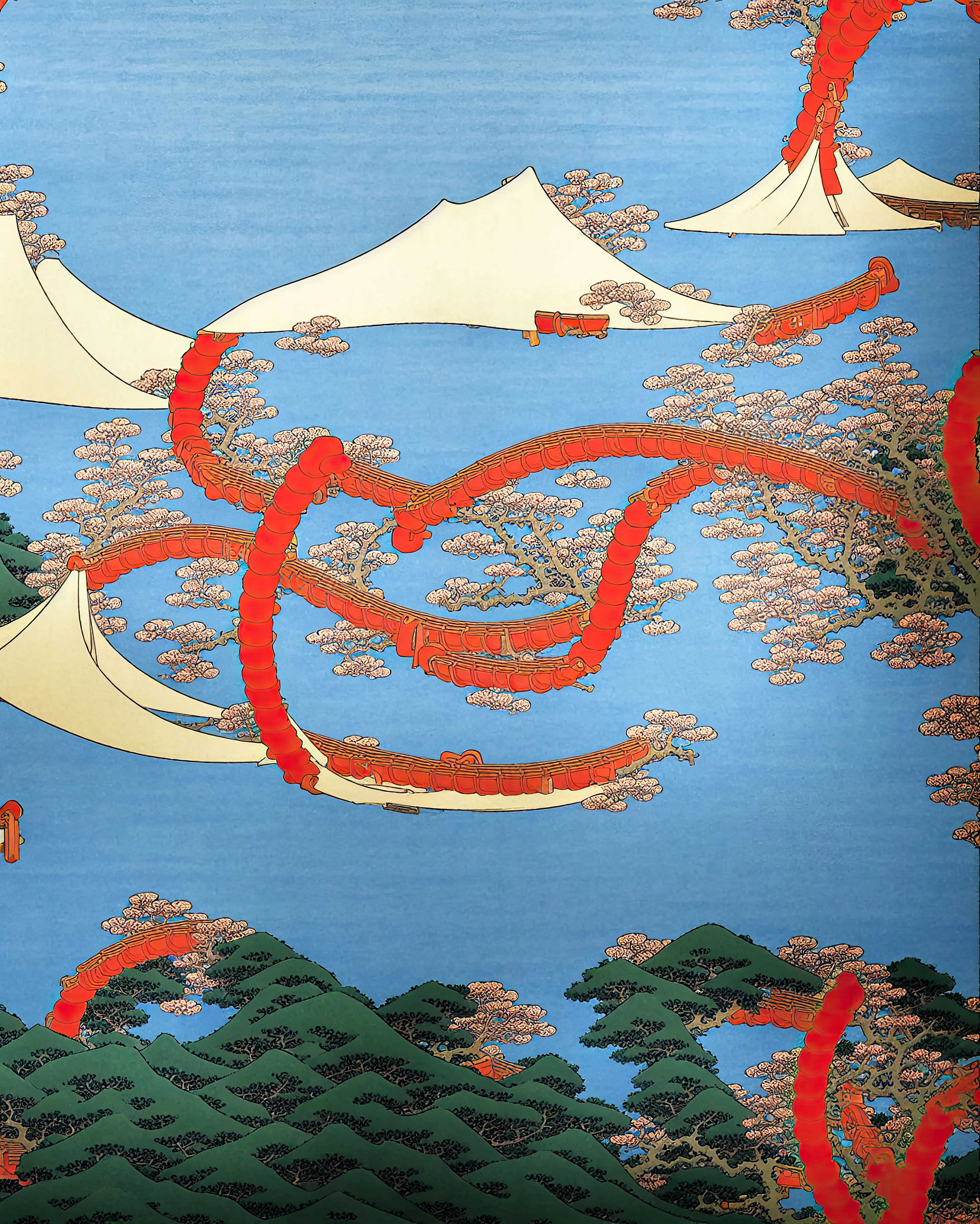 Wabi-Sabi Syntax is a conversation between tradition and technology, control and chance, past and future. It is a need to search, for meaning in imperfection, for truth in error, and for the self in translation. At its heart is the Japanese idea of wabi-sabi, the beauty found in things that are fragile, worn, or incomplete. After years of living in Japan, the artist's sense of what matters in art gradually shifted and became more complex. Perfection no longer seemed fully honest, and flaws began to feel like new fingerprints.
Into this journey, the artist brought something else, his Mexican heritage. Living between two cultures, he carries the weight and wonder of both, along with the uncertainty of that collision. Mexico and Japan are two worlds with different ways of seeing, remembering, and making. What happens when these visions coincide? When their symbols do not match? When one culture misunderstands the other? Rather than smooth over those misalignments, the artist leaned into them. Frictions and misunderstanding became a space for new ideas.
The tool for this new exploration of in-between states and worlds was artificial intelligence. He began feeding his own photographs into the models. He wanted to see how the machine would read his images. Another collision was happening, human and machine. What would it make of his visual memories? What would it get right, or wrong? The AI responded with pictures that resembled traditional Japanese woodblock prints, ukiyo-e, but something was always off. Eureka. He had found a way to visualize all these confronting ideas: perfection and imperfection, cultural dissonance, past and present, memory and reality. These confrontations are palpable in the imperfect representations AI naturally produces. Mistakes became part of the work's grammar, a kind of new syntax made of errors and echoes that condenses the many layers of Derech's life experience.
We are left with questions. Can a flaw carry emotion? Can a misstep be beautiful? Can a machine, in being flawed, reveal something human?