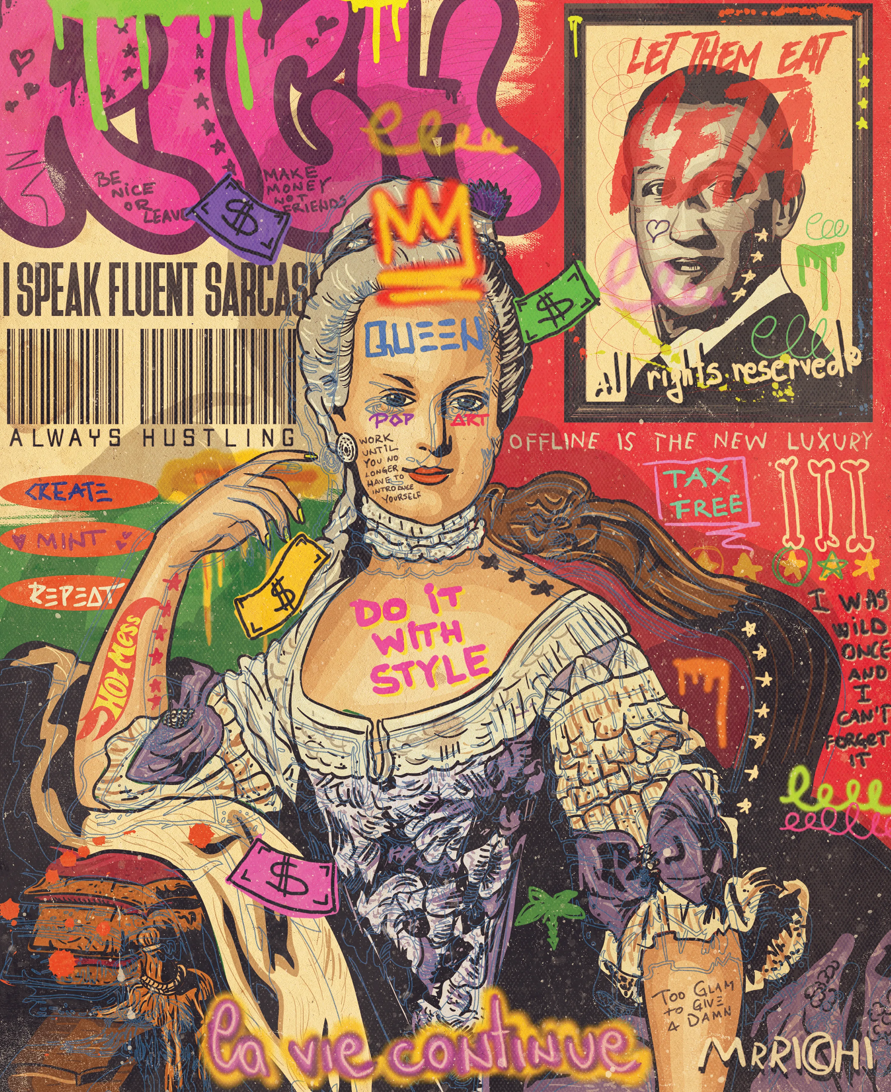 Pop art style portrait of Marie Antoinette enriched with street art elements and references to metaverse, luxury, lifestyle and freedom. The piece explores ideas that are common within the crypto art community.