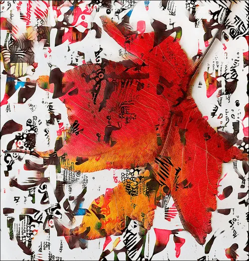 a chain of AI models trained from scratch on  my photos of foliage leaves and drawing, programmatically collaged