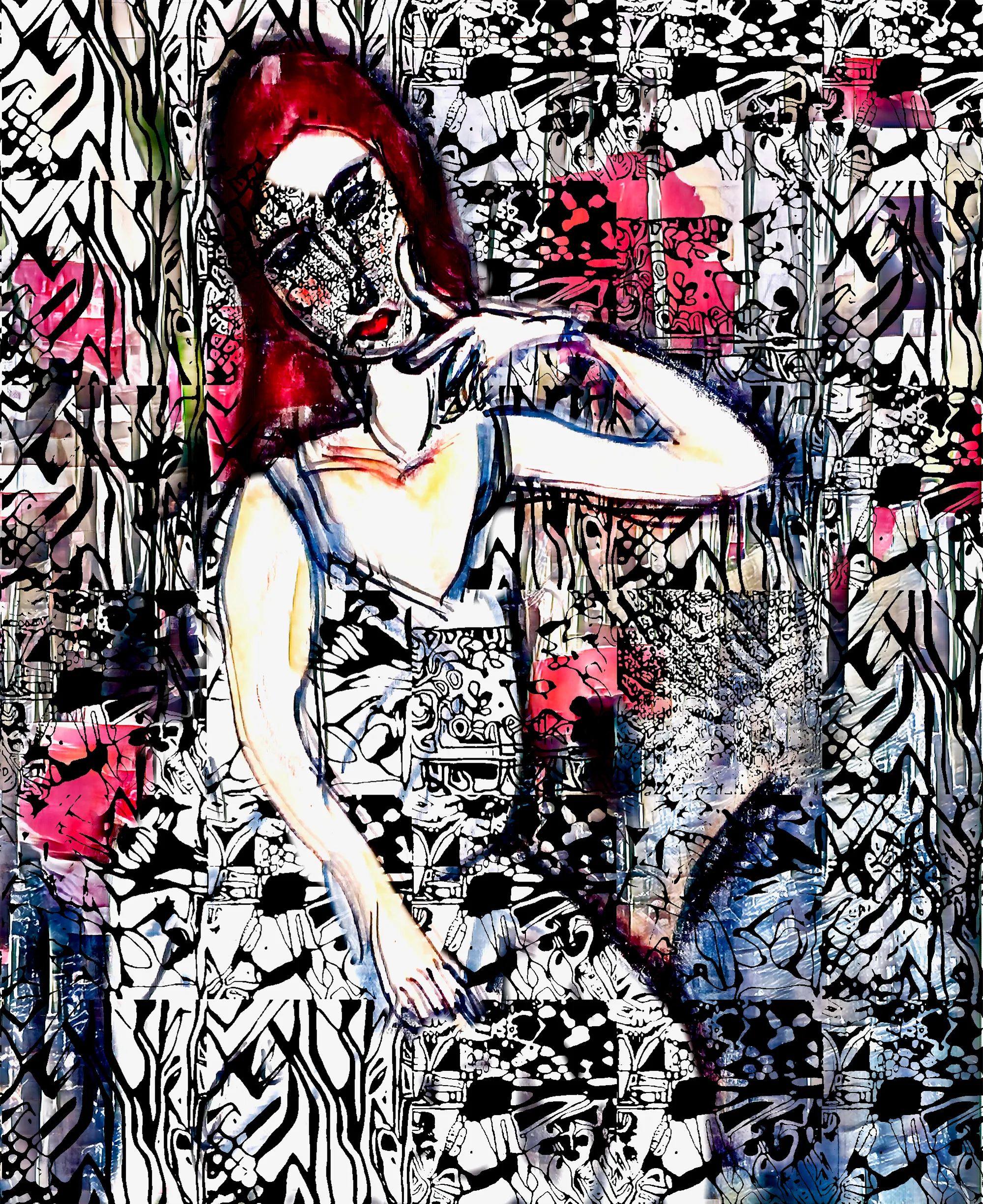 My My pastel transcription of a Modigliani painting, processed by a chain of AI models trained on my drawings and paintings 