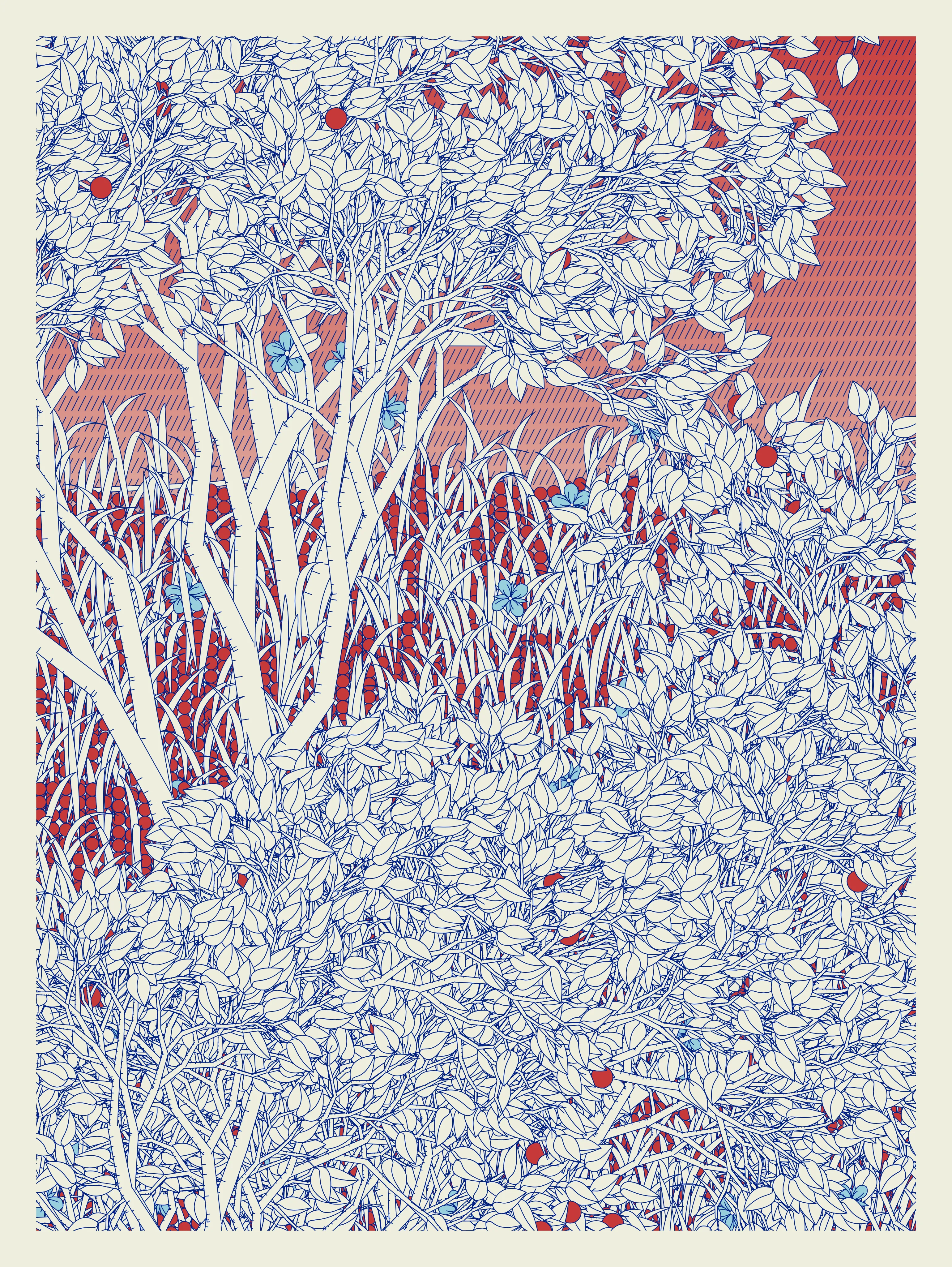 Entangled is a generative scene made up of geometric shapes and various natural fauna. Combining basic geometry and organic shapes creates a unique composition which both provides a naturalistic scene, along with the recognizable features of generative art.
