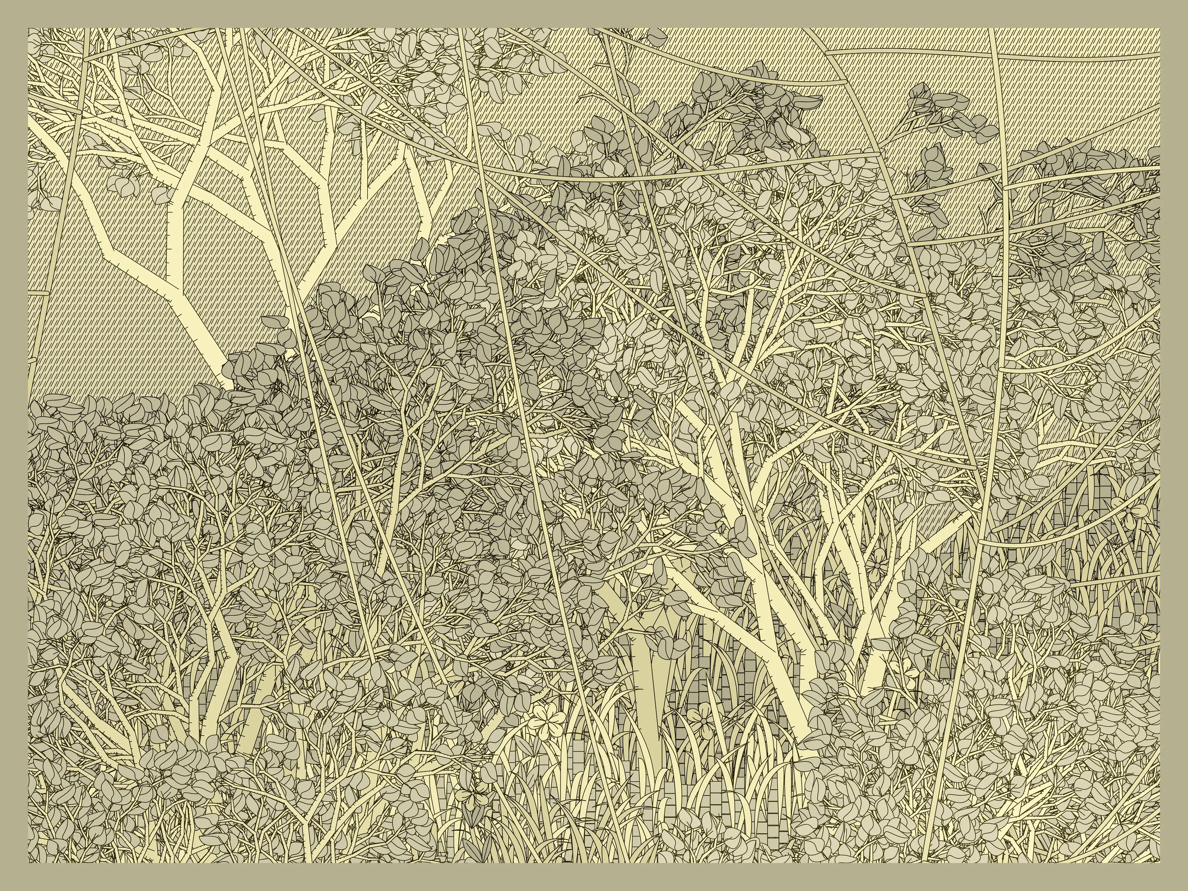 Entangled is a generative scene made up of geometric shapes and various natural fauna. Combining basic geometry and organic shapes creates a unique composition which both provides a naturalistic scene, along with the recognizable features of generative art.
