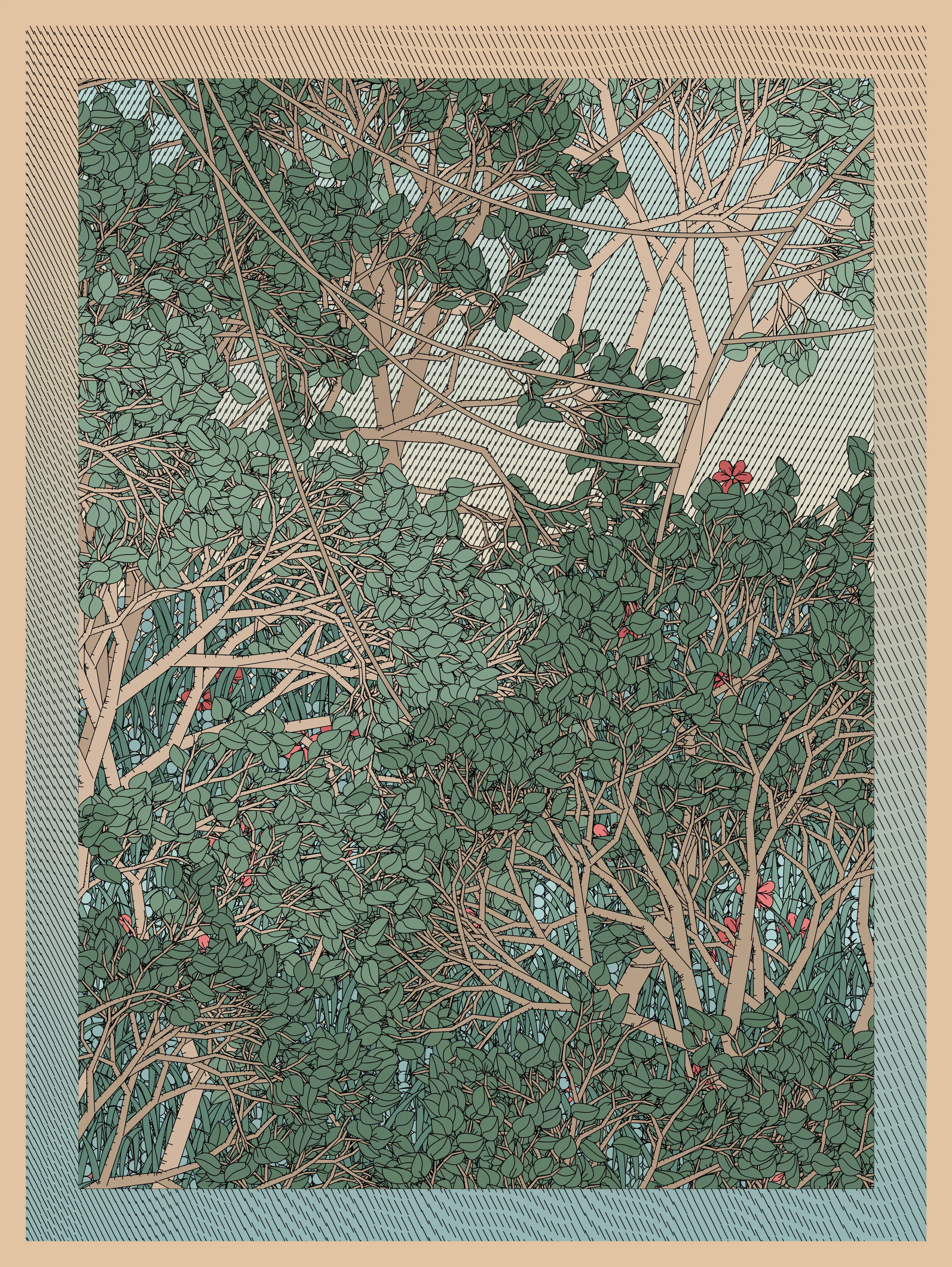 Entangled is a generative scene made up of geometric shapes and various natural fauna. Combining basic geometry and organic shapes creates a unique composition which both provides a naturalistic scene, along with the recognizable features of generative art.