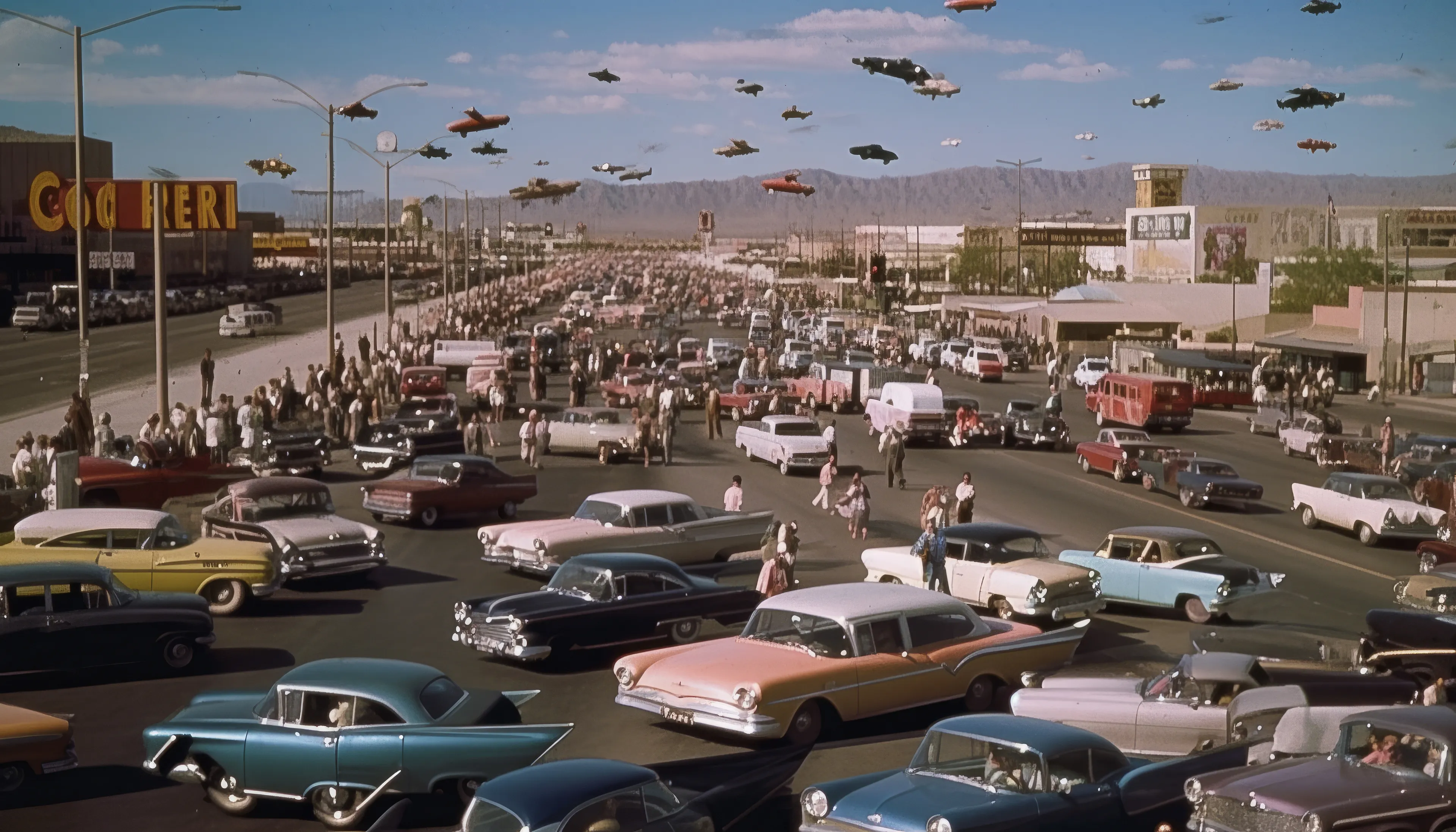 "Las Vegas: Rapid Change in the West" is a collection of AI post-photography that places viewers into a discussion on what it means to experience personal, societal, and environmental change. Through diverse narrative scenarios, this collection captures the glamour, violence, and everyday moments that happen in a mythical version of one of the most dramatic transitions in the American West.

In the 1950s and 1960s, Las Vegas experienced a rapid transition from a quiet, rural desert town into a major tourist destination, run by the mob, that hosted an increasing mobile US population. Las Vegas quickly evolved into a mythical place in people's minds where perception, "reality' and lived experiences are often in conflict. Life goes on, but it is often weird.

Post-prompt editing is kept to a minimum to allow the strangeness and quirks of AI to come through, providing a historical look at what MidJourney was like during this particular time with these specific circumstances.

Midjourney V5 (5, 5.1 & 5.2)  
Topaz upscale for size  
5824 x 3328 pixels

Pop Punk