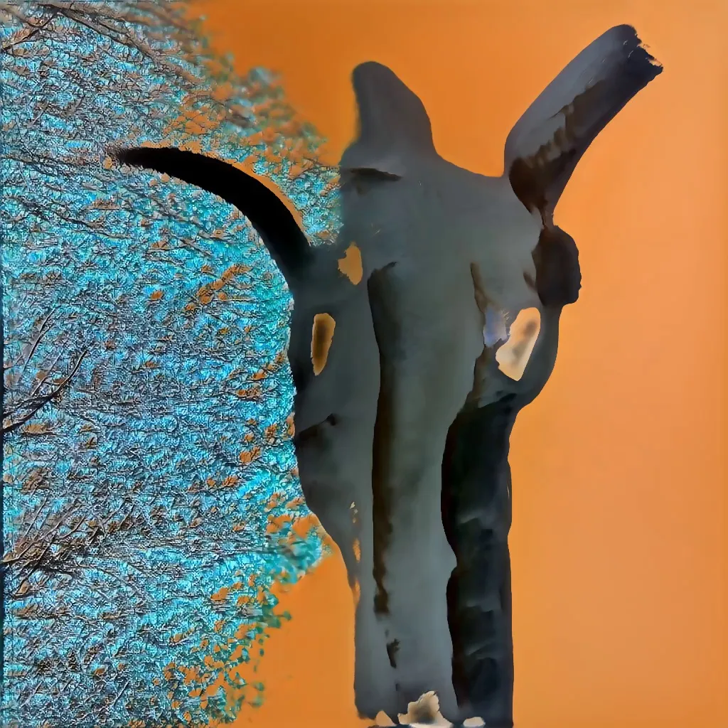 Bones in the sky in a vanishing of the genuine. The physical reality enters hyperreality through film photographs via a GAN Generative Adversarial Network. Inspired by Georgia O'Keefe by way of Jean Baudrillard. This is a special selection by a viewer of Bones In The Sky Marfa from a live feed of the model generating unique images never to be seen again.