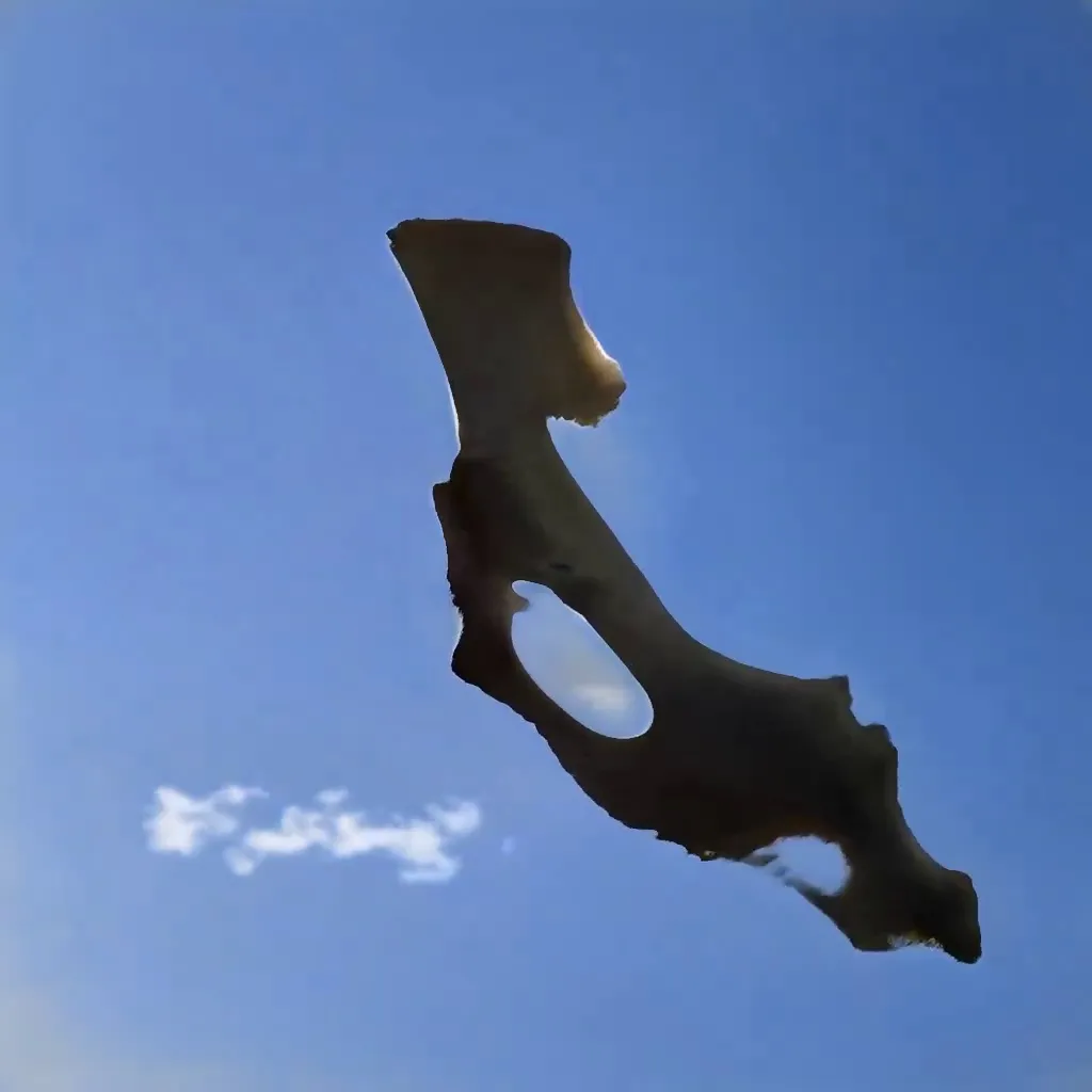 Bones in the sky in a vanishing of the genuine. The physical reality enters hyperreality through film photographs via a GAN Generative Adversarial Network. Inspired by Georgia O'Keefe by way of Jean Baudrillard. This is a special selection by a viewer of Bones In The Sky Marfa from a live feed of the model generating unique images never to be seen again.