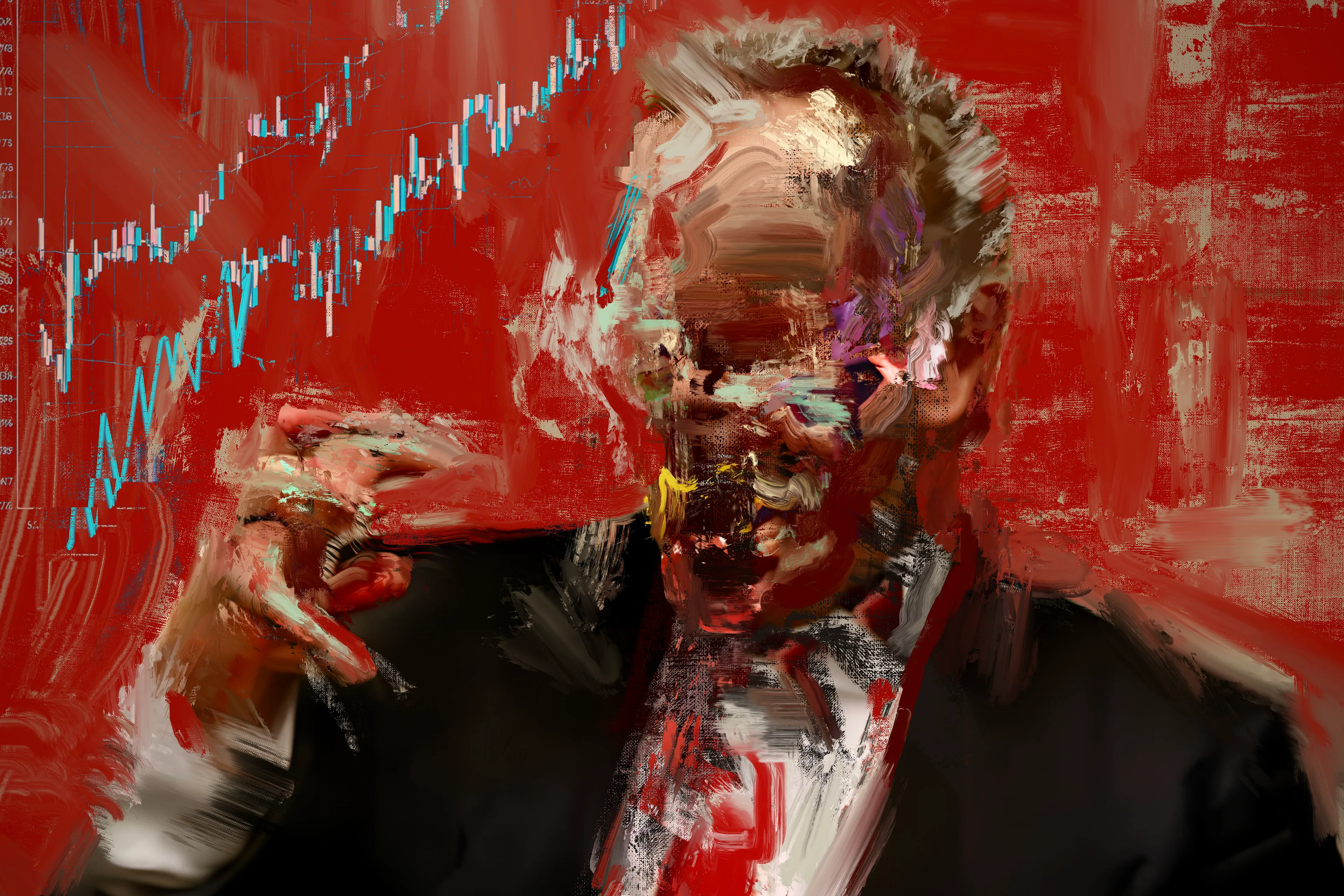 Hedge Funder Manager is a haunting exploration into the depths of modern financial obsession. Through the use of evocative glitch paint, the artwork captures the duality of a hedge fund manager's existence. As his face distorts and contorts, a chilling representation of the inner turmoil and conflict emerges. The reaching hand, perhaps grasping for more than just monetary gain, juxtaposed with the ever-ascending stock graphs, forces us to confront the complexities of ambition and morality. Is it sheer elation at his monetary accomplishments, or a deeper yearning that this figure reveals? In this provocative piece, Harman compellingly questions the true nature and cost of unchecked financial success."