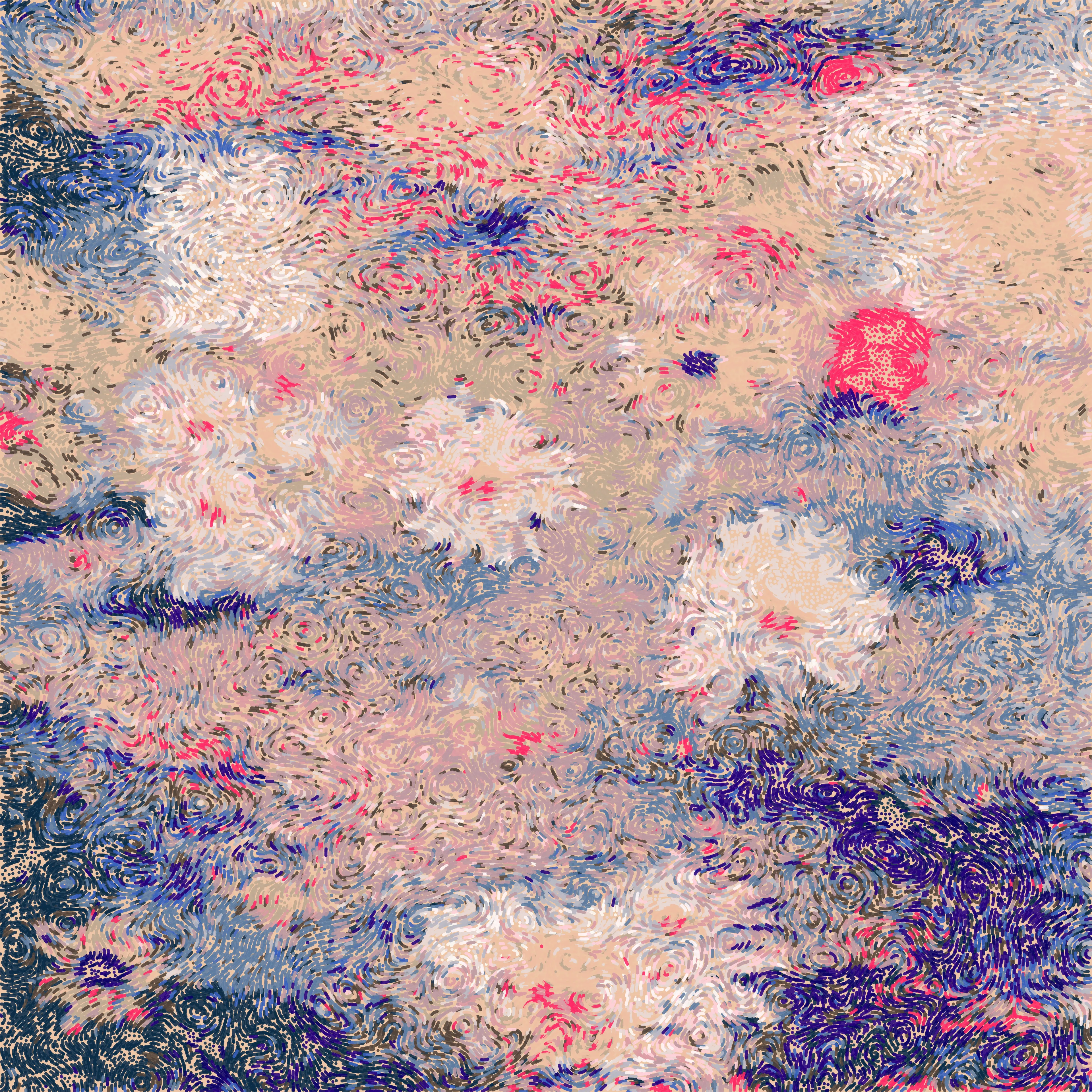 Down by the River is a generative digital artwork and physical plotter painting, part of the Spring Days collection. A series of generative outputs that evoke the feeling of renewal, joy, and life.   

The digital artwork is 12,000 x 12,000 pixels.

The winning bidder or buyer will receive the physical plotter painting on canvas. Shipping Included.

Size Unframed: 30” x 30”

  Medium: Acrylic paint on canvas