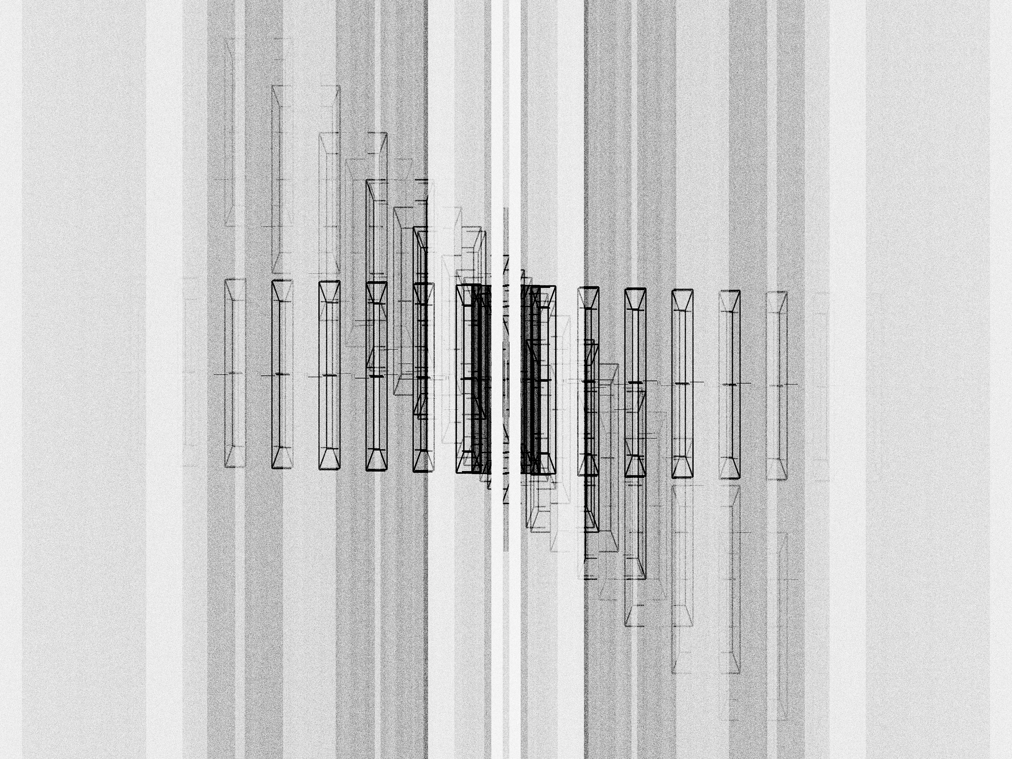 Iskra Velitchkova entered 2023 with a clear goal—to slow down. After two frenetic years she needed to take a step back and focus on developing her technique and art practice. ESCAPE is the product of this pace change, its icon, and a map guiding us towards this same freedom.

For Velitchkova the relationship between artist and machine is deeply collaborative, nurturing unexpected elements that emerge from the code. This algorithm began in systems that balance order and chaos. First a distinctive style reminiscent of architectural maps emerged. From this grew the brutalism characteristic of former Soviet cityscapes of the artist’s early childhood in Bulgaria. Ultimately stifled by this rigidity and repetition, Velitchkova pushed the algorithm further—breaking it and in the result discovering the form of an opera house, a structure that had become a symbol of freedom to the artist, the promise of losing oneself in art.

The overwhelming superstructure of architectural lines breaks the picture plane and seems to go beyond three dimensionality. By avoiding easy categorization, the viewer spends time considering the forms and making sense of the composition. It becomes possible to escape everyday concerns for a moment longer, lost in the almost mathematical task of viewing these geometries. The opera house icon emerges as an antidote to these illusive structures. This central figure is suddenly recognizable as a flat or three dimensional shape. Whether in dense black or highlighted as a central white figure, it is a condensation point, a place for our mind to rest. The images combine the icons of this escape but also serve as a visual guide to achieving it.

We are reminded of what art can offer us—mental freedom. Yet ultimately this is an illusion. Just as the opera is a staged fiction with its own rules and schedule, this composition is not real; it is a staged performance specifically created to evoke this reaction.