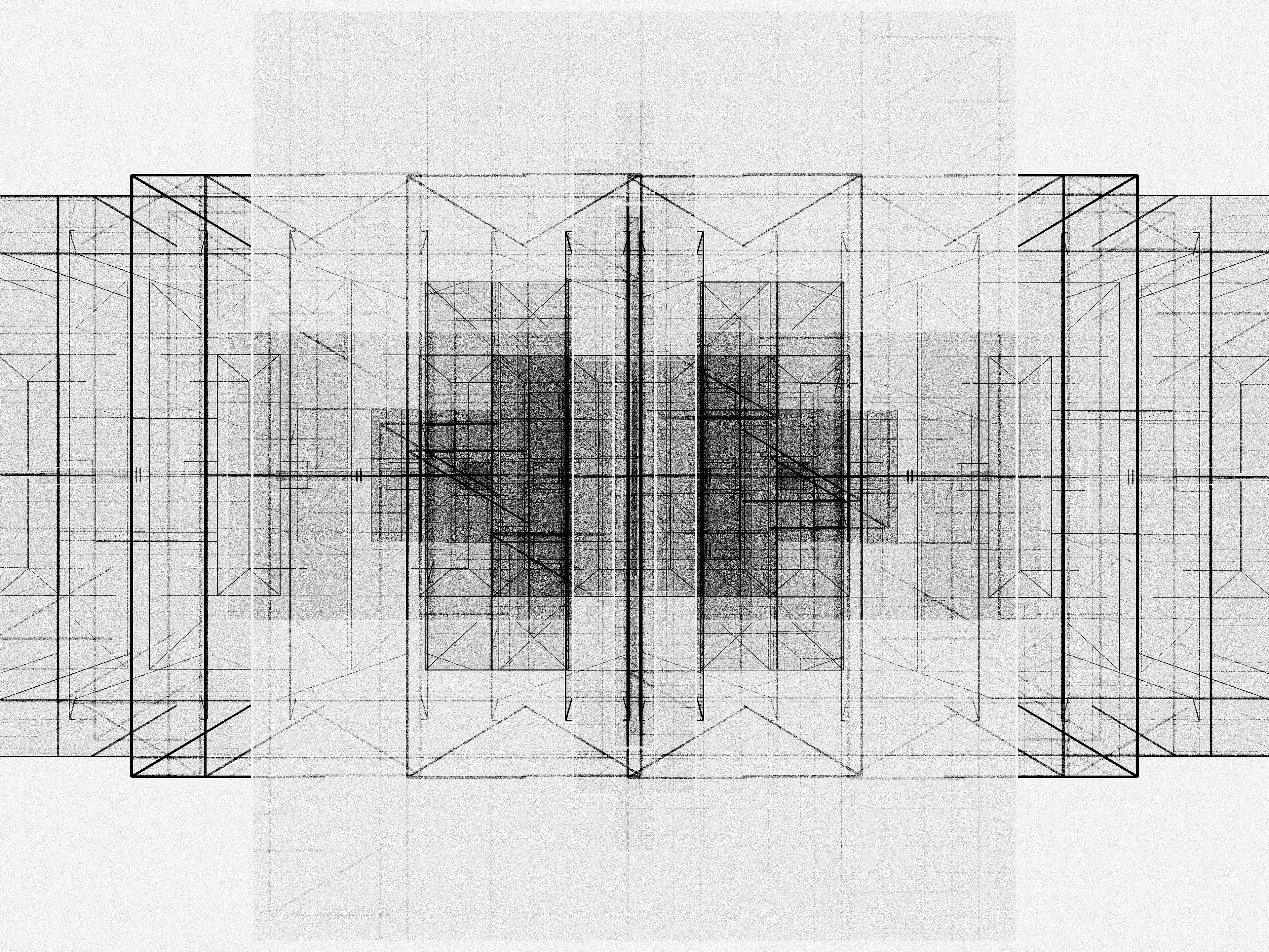 Iskra Velitchkova entered 2023 with a clear goal—to slow down. After two frenetic years she needed to take a step back and focus on developing her technique and art practice. ESCAPE is the product of this pace change, its icon, and a map guiding us towards this same freedom.

For Velitchkova the relationship between artist and machine is deeply collaborative, nurturing unexpected elements that emerge from the code. This algorithm began in systems that balance order and chaos. First a distinctive style reminiscent of architectural maps emerged. From this grew the brutalism characteristic of former Soviet cityscapes of the artist’s early childhood in Bulgaria. Ultimately stifled by this rigidity and repetition, Velitchkova pushed the algorithm further—breaking it and in the result discovering the form of an opera house, a structure that had become a symbol of freedom to the artist, the promise of losing oneself in art.

The overwhelming superstructure of architectural lines breaks the picture plane and seems to go beyond three dimensionality. By avoiding easy categorization, the viewer spends time considering the forms and making sense of the composition. It becomes possible to escape everyday concerns for a moment longer, lost in the almost mathematical task of viewing these geometries. The opera house icon emerges as an antidote to these illusive structures. This central figure is suddenly recognizable as a flat or three dimensional shape. Whether in dense black or highlighted as a central white figure, it is a condensation point, a place for our mind to rest. The images combine the icons of this escape but also serve as a visual guide to achieving it.

We are reminded of what art can offer us—mental freedom. Yet ultimately this is an illusion. Just as the opera is a staged fiction with its own rules and schedule, this composition is not real; it is a staged performance specifically created to evoke this reaction.