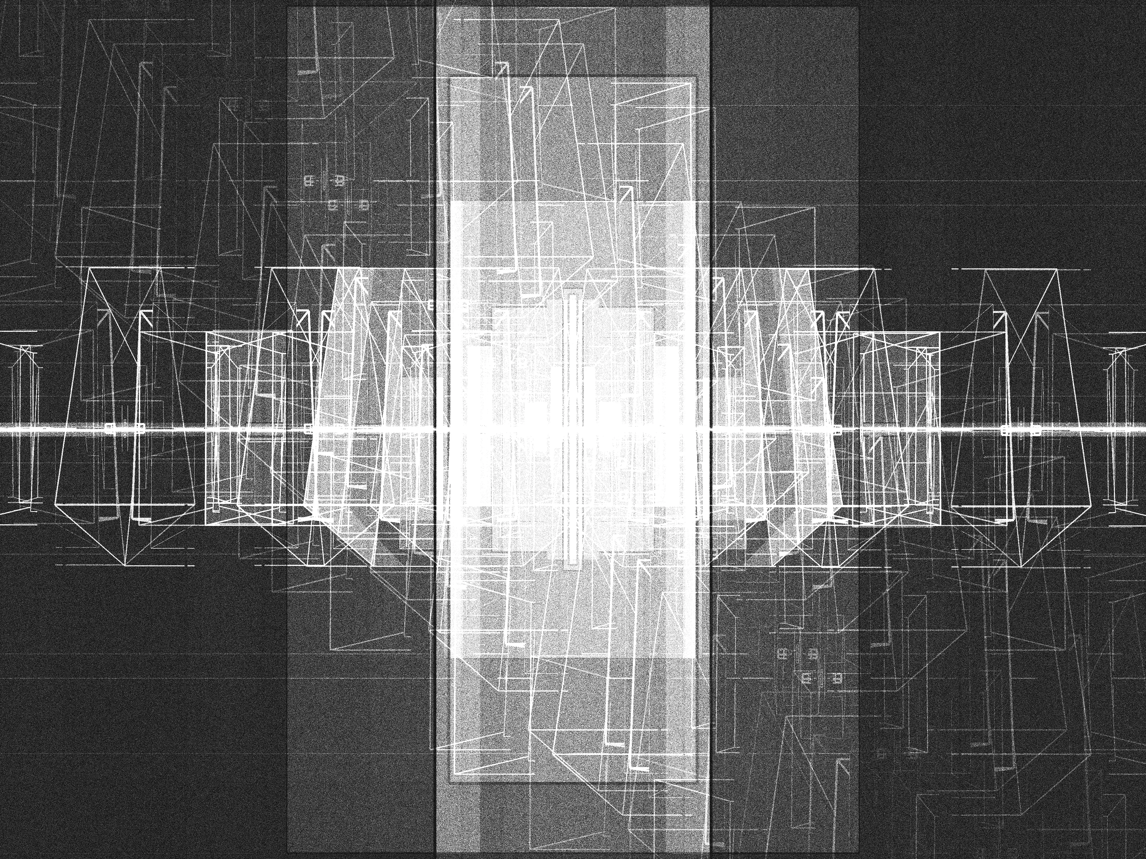 Iskra Velitchkova entered 2023 with a clear goal—to slow down. After two frenetic years she needed to take a step back and focus on developing her technique and art practice. ESCAPE is the product of this pace change, its icon, and a map guiding us towards this same freedom.

For Velitchkova the relationship between artist and machine is deeply collaborative, nurturing unexpected elements that emerge from the code. This algorithm began in systems that balance order and chaos. First a distinctive style reminiscent of architectural maps emerged. From this grew the brutalism characteristic of former Soviet cityscapes of the artist’s early childhood in Bulgaria. Ultimately stifled by this rigidity and repetition, Velitchkova pushed the algorithm further—breaking it and in the result discovering the form of an opera house, a structure that had become a symbol of freedom to the artist, the promise of losing oneself in art.

The overwhelming superstructure of architectural lines breaks the picture plane and seems to go beyond three dimensionality. By avoiding easy categorization, the viewer spends time considering the forms and making sense of the composition. It becomes possible to escape everyday concerns for a moment longer, lost in the almost mathematical task of viewing these geometries. The opera house icon emerges as an antidote to these illusive structures. This central figure is suddenly recognizable as a flat or three dimensional shape. Whether in dense black or highlighted as a central white figure, it is a condensation point, a place for our mind to rest. The images combine the icons of this escape but also serve as a visual guide to achieving it.

We are reminded of what art can offer us—mental freedom. Yet ultimately this is an illusion. Just as the opera is a staged fiction with its own rules and schedule, this composition is not real; it is a staged performance specifically created to evoke this reaction.