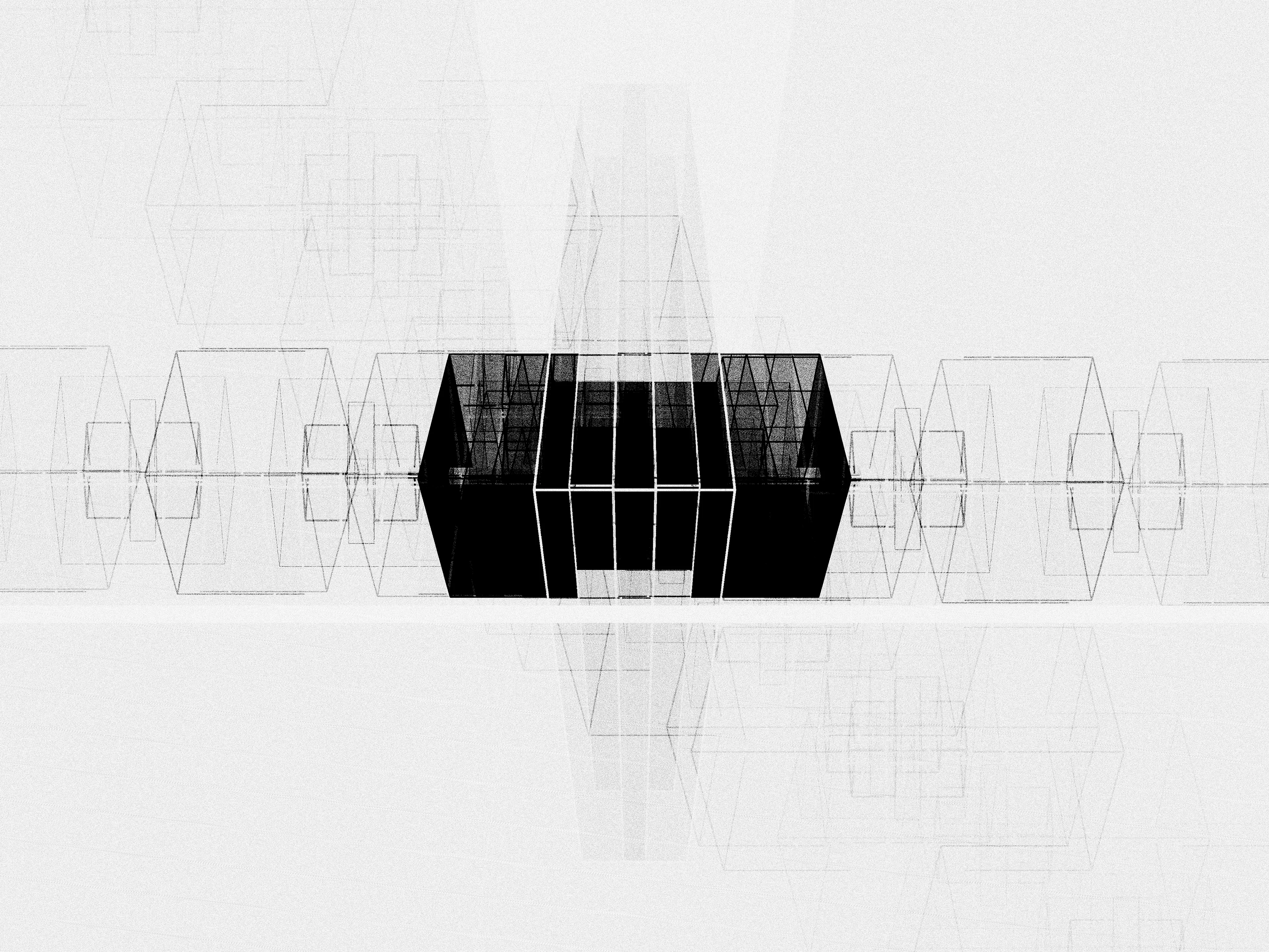 Iskra Velitchkova entered 2023 with a clear goal—to slow down. After two frenetic years she needed to take a step back and focus on developing her technique and art practice. ESCAPE is the product of this pace change, its icon, and a map guiding us towards this same freedom.

For Velitchkova the relationship between artist and machine is deeply collaborative, nurturing unexpected elements that emerge from the code. This algorithm began in systems that balance order and chaos. First a distinctive style reminiscent of architectural maps emerged. From this grew the brutalism characteristic of former Soviet cityscapes of the artist’s early childhood in Bulgaria. Ultimately stifled by this rigidity and repetition, Velitchkova pushed the algorithm further—breaking it and in the result discovering the form of an opera house, a structure that had become a symbol of freedom to the artist, the promise of losing oneself in art.

The overwhelming superstructure of architectural lines breaks the picture plane and seems to go beyond three dimensionality. By avoiding easy categorization, the viewer spends time considering the forms and making sense of the composition. It becomes possible to escape everyday concerns for a moment longer, lost in the almost mathematical task of viewing these geometries. The opera house icon emerges as an antidote to these illusive structures. This central figure is suddenly recognizable as a flat or three dimensional shape. Whether in dense black or highlighted as a central white figure, it is a condensation point, a place for our mind to rest. The images combine the icons of this escape but also serve as a visual guide to achieving it.

We are reminded of what art can offer us—mental freedom. Yet ultimately this is an illusion. Just as the opera is a staged fiction with its own rules and schedule, this composition is not real; it is a staged performance specifically created to evoke this reaction.
