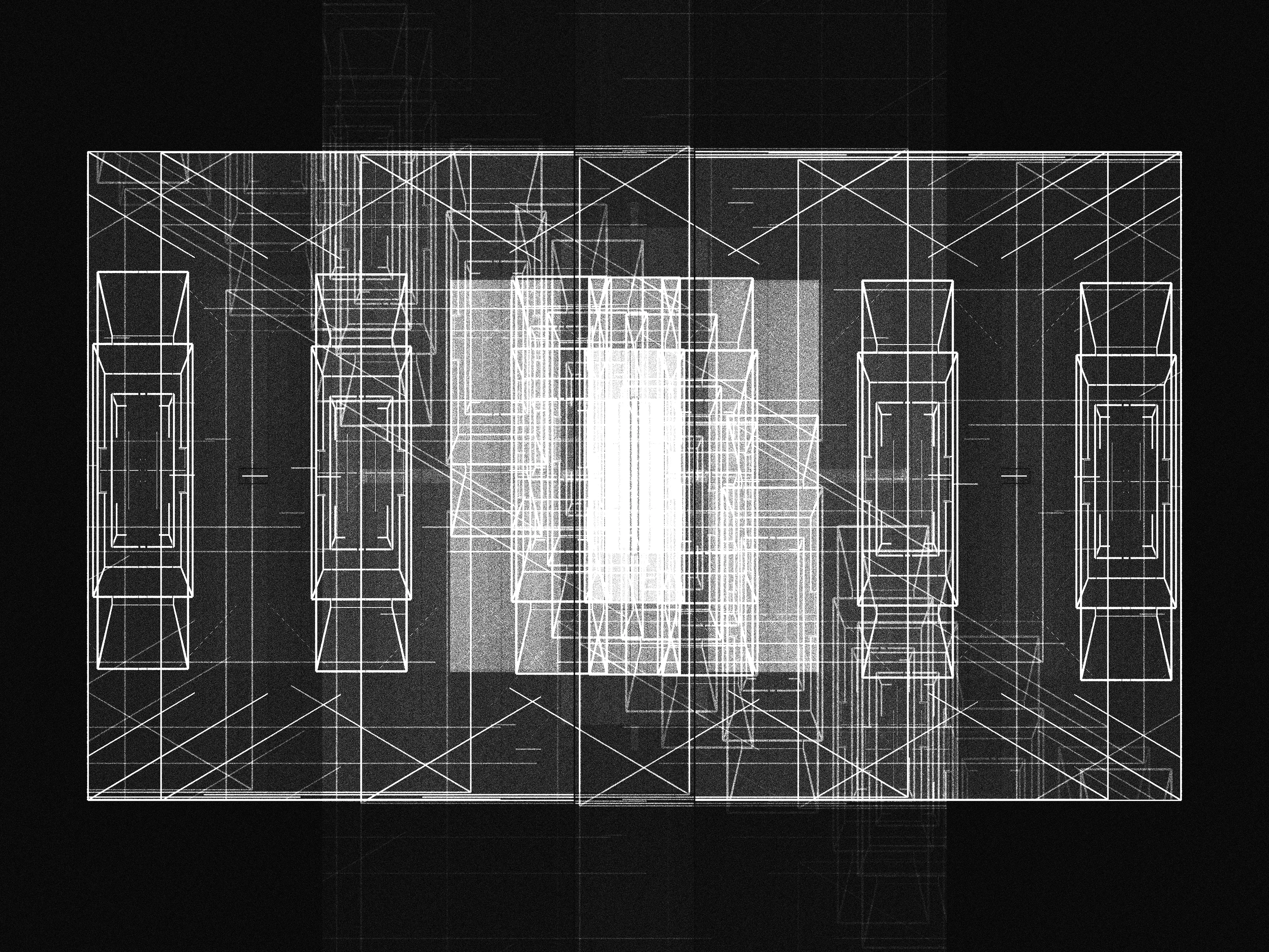 Iskra Velitchkova entered 2023 with a clear goal—to slow down. After two frenetic years she needed to take a step back and focus on developing her technique and art practice. ESCAPE is the product of this pace change, its icon, and a map guiding us towards this same freedom.

For Velitchkova the relationship between artist and machine is deeply collaborative, nurturing unexpected elements that emerge from the code. This algorithm began in systems that balance order and chaos. First a distinctive style reminiscent of architectural maps emerged. From this grew the brutalism characteristic of former Soviet cityscapes of the artist’s early childhood in Bulgaria. Ultimately stifled by this rigidity and repetition, Velitchkova pushed the algorithm further—breaking it and in the result discovering the form of an opera house, a structure that had become a symbol of freedom to the artist, the promise of losing oneself in art.

The overwhelming superstructure of architectural lines breaks the picture plane and seems to go beyond three dimensionality. By avoiding easy categorization, the viewer spends time considering the forms and making sense of the composition. It becomes possible to escape everyday concerns for a moment longer, lost in the almost mathematical task of viewing these geometries. The opera house icon emerges as an antidote to these illusive structures. This central figure is suddenly recognizable as a flat or three dimensional shape. Whether in dense black or highlighted as a central white figure, it is a condensation point, a place for our mind to rest. The images combine the icons of this escape but also serve as a visual guide to achieving it.

We are reminded of what art can offer us—mental freedom. Yet ultimately this is an illusion. Just as the opera is a staged fiction with its own rules and schedule, this composition is not real; it is a staged performance specifically created to evoke this reaction.