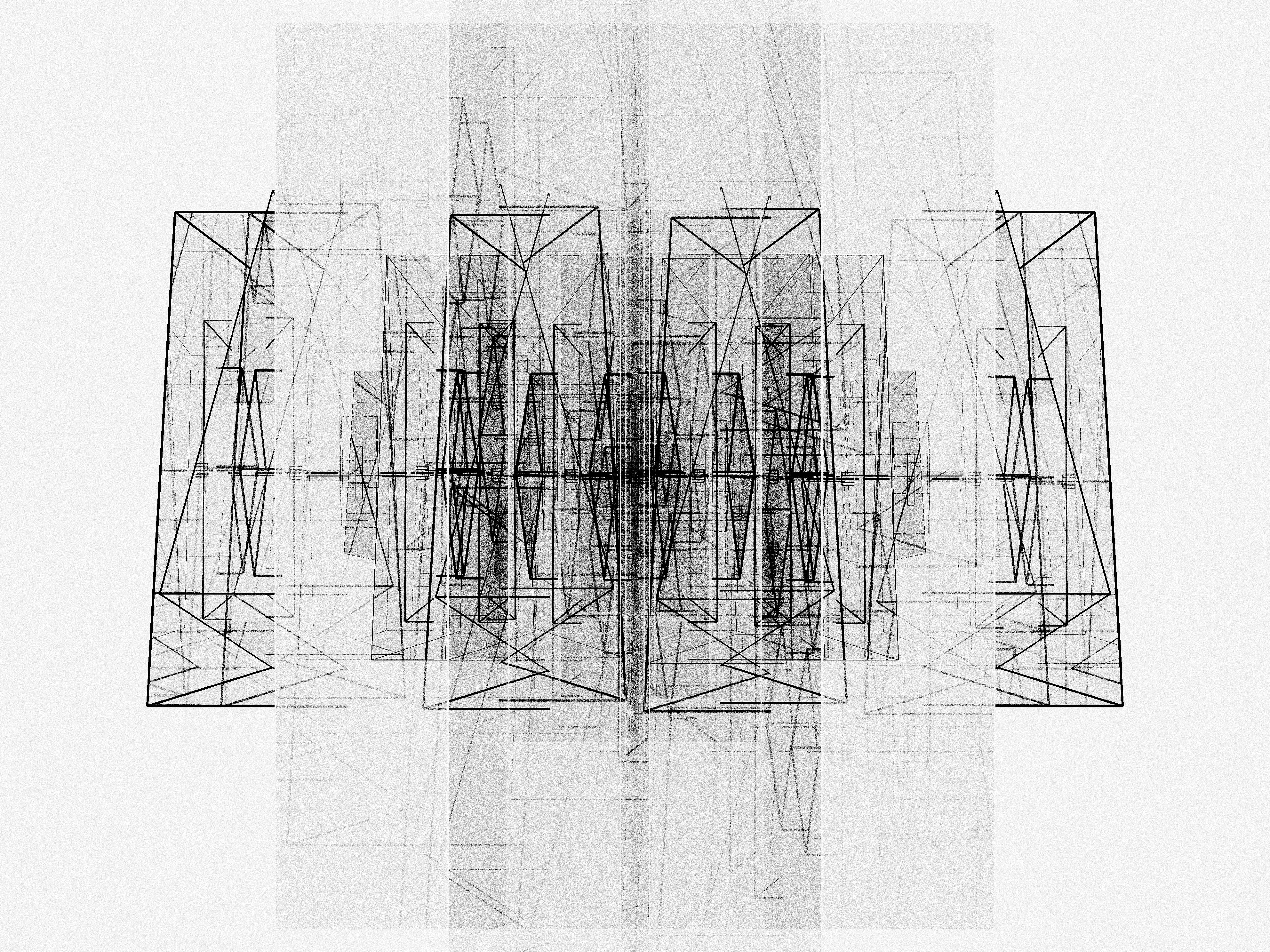 Iskra Velitchkova entered 2023 with a clear goal—to slow down. After two frenetic years she needed to take a step back and focus on developing her technique and art practice. ESCAPE is the product of this pace change, its icon, and a map guiding us towards this same freedom.

For Velitchkova the relationship between artist and machine is deeply collaborative, nurturing unexpected elements that emerge from the code. This algorithm began in systems that balance order and chaos. First a distinctive style reminiscent of architectural maps emerged. From this grew the brutalism characteristic of former Soviet cityscapes of the artist’s early childhood in Bulgaria. Ultimately stifled by this rigidity and repetition, Velitchkova pushed the algorithm further—breaking it and in the result discovering the form of an opera house, a structure that had become a symbol of freedom to the artist, the promise of losing oneself in art.

The overwhelming superstructure of architectural lines breaks the picture plane and seems to go beyond three dimensionality. By avoiding easy categorization, the viewer spends time considering the forms and making sense of the composition. It becomes possible to escape everyday concerns for a moment longer, lost in the almost mathematical task of viewing these geometries. The opera house icon emerges as an antidote to these illusive structures. This central figure is suddenly recognizable as a flat or three dimensional shape. Whether in dense black or highlighted as a central white figure, it is a condensation point, a place for our mind to rest. The images combine the icons of this escape but also serve as a visual guide to achieving it.

We are reminded of what art can offer us—mental freedom. Yet ultimately this is an illusion. Just as the opera is a staged fiction with its own rules and schedule, this composition is not real; it is a staged performance specifically created to evoke this reaction.
