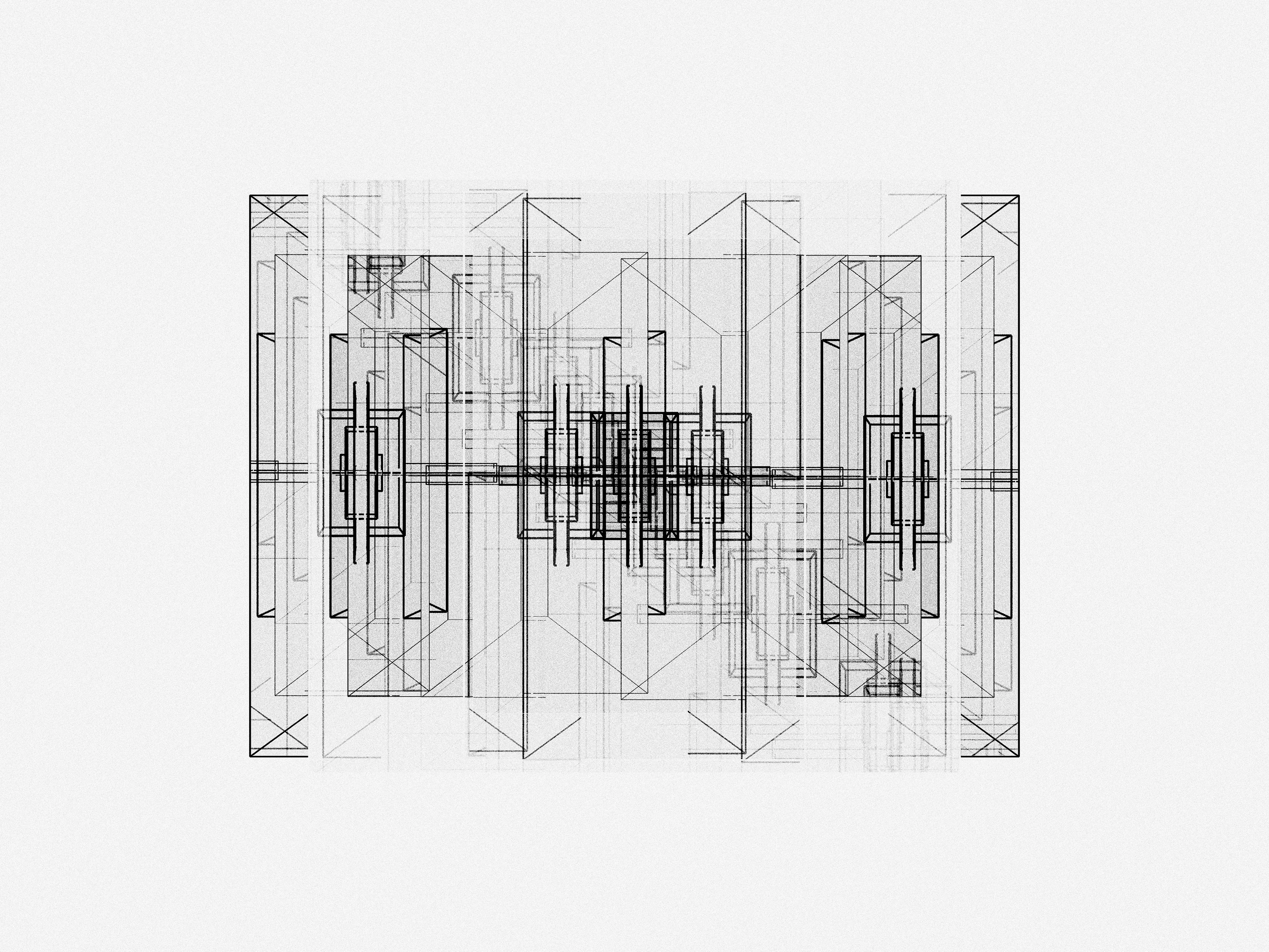 Iskra Velitchkova entered 2023 with a clear goal—to slow down. After two frenetic years she needed to take a step back and focus on developing her technique and art practice. ESCAPE is the product of this pace change, its icon, and a map guiding us towards this same freedom.

For Velitchkova the relationship between artist and machine is deeply collaborative, nurturing unexpected elements that emerge from the code. This algorithm began in systems that balance order and chaos. First a distinctive style reminiscent of architectural maps emerged. From this grew the brutalism characteristic of former Soviet cityscapes of the artist’s early childhood in Bulgaria. Ultimately stifled by this rigidity and repetition, Velitchkova pushed the algorithm further—breaking it and in the result discovering the form of an opera house, a structure that had become a symbol of freedom to the artist, the promise of losing oneself in art.

The overwhelming superstructure of architectural lines breaks the picture plane and seems to go beyond three dimensionality. By avoiding easy categorization, the viewer spends time considering the forms and making sense of the composition. It becomes possible to escape everyday concerns for a moment longer, lost in the almost mathematical task of viewing these geometries. The opera house icon emerges as an antidote to these illusive structures. This central figure is suddenly recognizable as a flat or three dimensional shape. Whether in dense black or highlighted as a central white figure, it is a condensation point, a place for our mind to rest. The images combine the icons of this escape but also serve as a visual guide to achieving it.

We are reminded of what art can offer us—mental freedom. Yet ultimately this is an illusion. Just as the opera is a staged fiction with its own rules and schedule, this composition is not real; it is a staged performance specifically created to evoke this reaction.