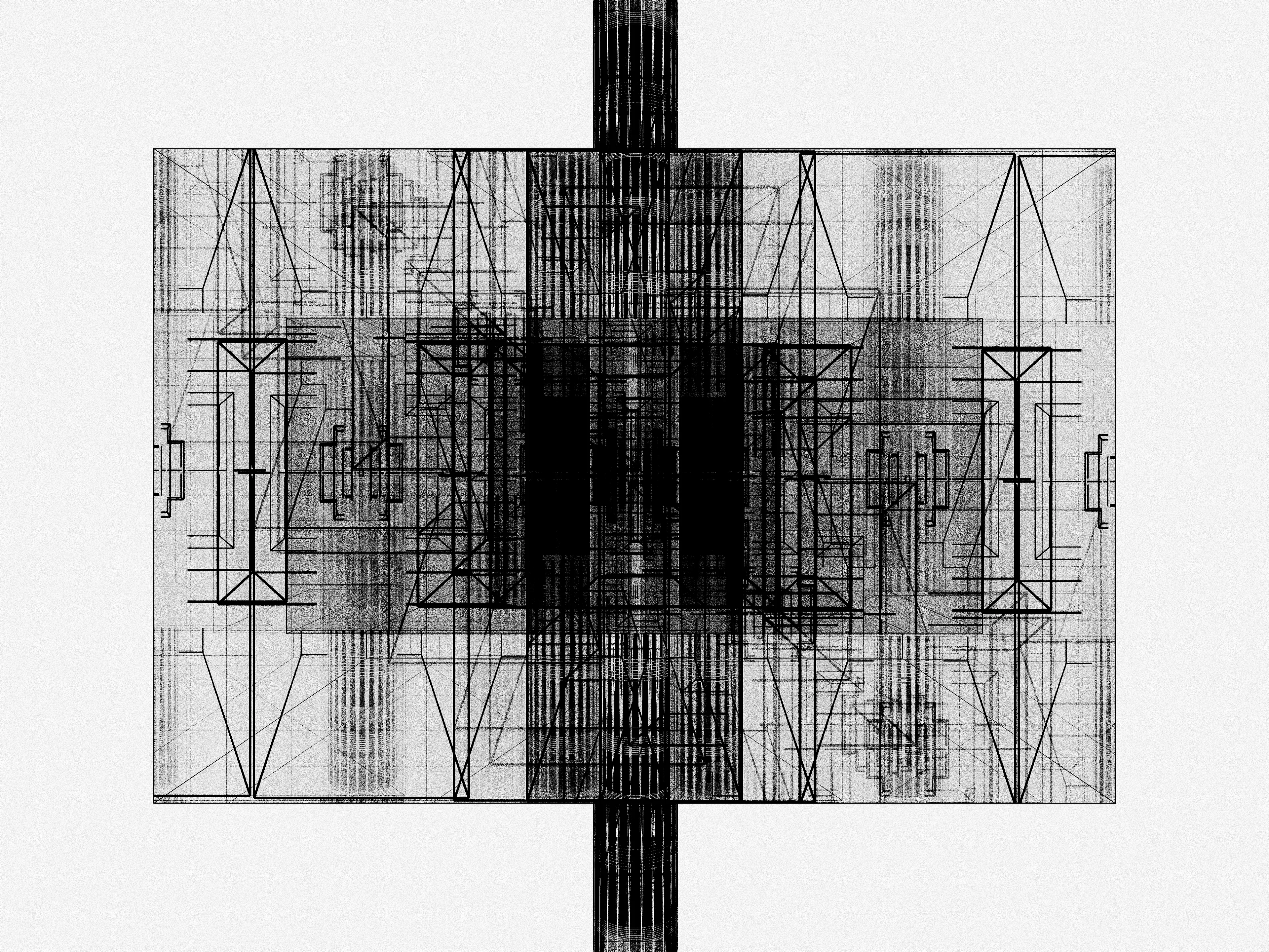 Iskra Velitchkova entered 2023 with a clear goal—to slow down. After two frenetic years she needed to take a step back and focus on developing her technique and art practice. ESCAPE is the product of this pace change, its icon, and a map guiding us towards this same freedom.

For Velitchkova the relationship between artist and machine is deeply collaborative, nurturing unexpected elements that emerge from the code. This algorithm began in systems that balance order and chaos. First a distinctive style reminiscent of architectural maps emerged. From this grew the brutalism characteristic of former Soviet cityscapes of the artist’s early childhood in Bulgaria. Ultimately stifled by this rigidity and repetition, Velitchkova pushed the algorithm further—breaking it and in the result discovering the form of an opera house, a structure that had become a symbol of freedom to the artist, the promise of losing oneself in art.

The overwhelming superstructure of architectural lines breaks the picture plane and seems to go beyond three dimensionality. By avoiding easy categorization, the viewer spends time considering the forms and making sense of the composition. It becomes possible to escape everyday concerns for a moment longer, lost in the almost mathematical task of viewing these geometries. The opera house icon emerges as an antidote to these illusive structures. This central figure is suddenly recognizable as a flat or three dimensional shape. Whether in dense black or highlighted as a central white figure, it is a condensation point, a place for our mind to rest. The images combine the icons of this escape but also serve as a visual guide to achieving it.

We are reminded of what art can offer us—mental freedom. Yet ultimately this is an illusion. Just as the opera is a staged fiction with its own rules and schedule, this composition is not real; it is a staged performance specifically created to evoke this reaction.
