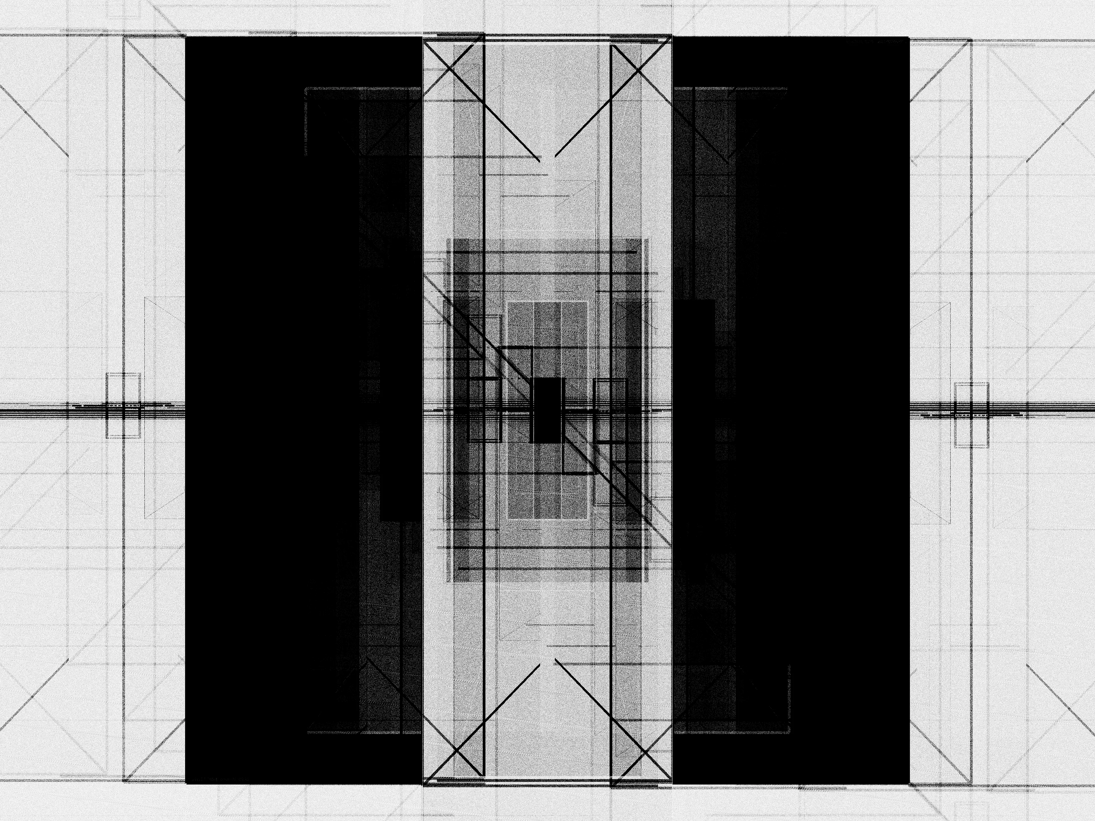 Iskra Velitchkova entered 2023 with a clear goal—to slow down. After two frenetic years she needed to take a step back and focus on developing her technique and art practice. ESCAPE is the product of this pace change, its icon, and a map guiding us towards this same freedom.

For Velitchkova the relationship between artist and machine is deeply collaborative, nurturing unexpected elements that emerge from the code. This algorithm began in systems that balance order and chaos. First a distinctive style reminiscent of architectural maps emerged. From this grew the brutalism characteristic of former Soviet cityscapes of the artist’s early childhood in Bulgaria. Ultimately stifled by this rigidity and repetition, Velitchkova pushed the algorithm further—breaking it and in the result discovering the form of an opera house, a structure that had become a symbol of freedom to the artist, the promise of losing oneself in art.

The overwhelming superstructure of architectural lines breaks the picture plane and seems to go beyond three dimensionality. By avoiding easy categorization, the viewer spends time considering the forms and making sense of the composition. It becomes possible to escape everyday concerns for a moment longer, lost in the almost mathematical task of viewing these geometries. The opera house icon emerges as an antidote to these illusive structures. This central figure is suddenly recognizable as a flat or three dimensional shape. Whether in dense black or highlighted as a central white figure, it is a condensation point, a place for our mind to rest. The images combine the icons of this escape but also serve as a visual guide to achieving it.

We are reminded of what art can offer us—mental freedom. Yet ultimately this is an illusion. Just as the opera is a staged fiction with its own rules and schedule, this composition is not real; it is a staged performance specifically created to evoke this reaction.
