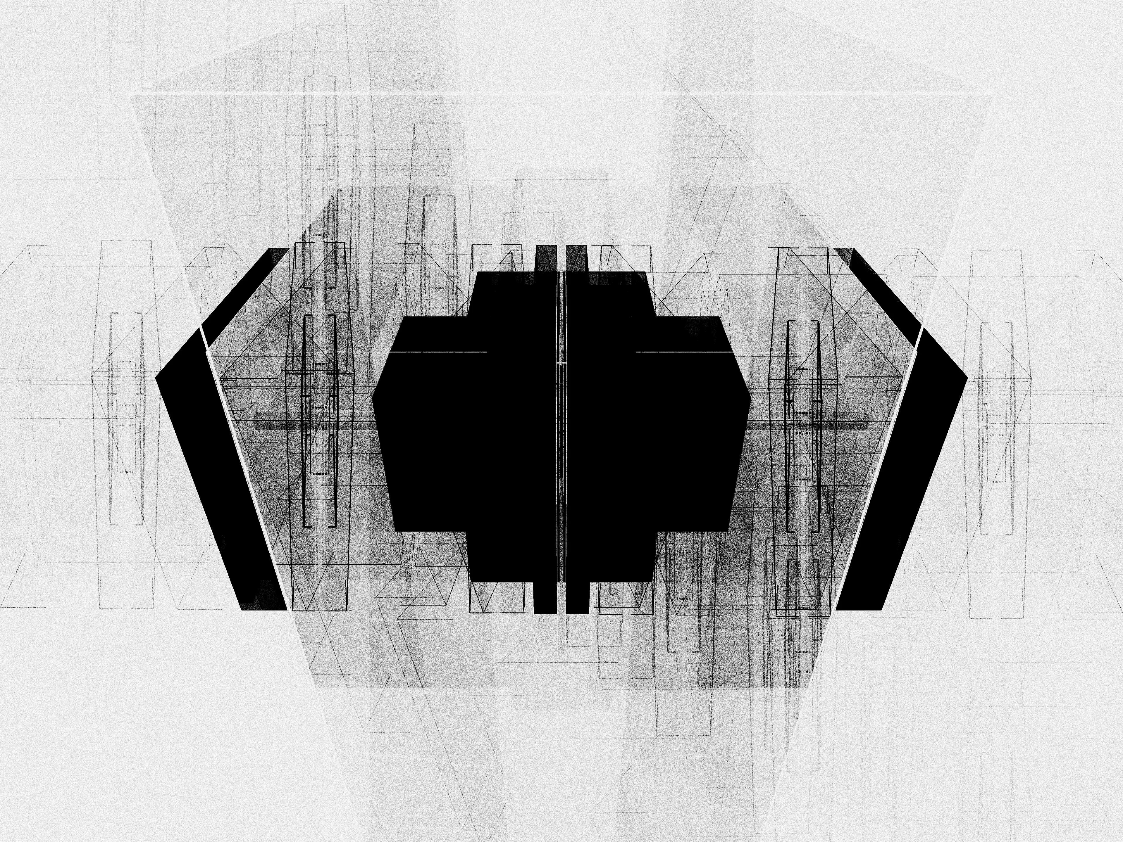 Iskra Velitchkova entered 2023 with a clear goal—to slow down. After two frenetic years she needed to take a step back and focus on developing her technique and art practice. ESCAPE is the product of this pace change, its icon, and a map guiding us towards this same freedom.

For Velitchkova the relationship between artist and machine is deeply collaborative, nurturing unexpected elements that emerge from the code. This algorithm began in systems that balance order and chaos. First a distinctive style reminiscent of architectural maps emerged. From this grew the brutalism characteristic of former Soviet cityscapes of the artist’s early childhood in Bulgaria. Ultimately stifled by this rigidity and repetition, Velitchkova pushed the algorithm further—breaking it and in the result discovering the form of an opera house, a structure that had become a symbol of freedom to the artist, the promise of losing oneself in art.

The overwhelming superstructure of architectural lines breaks the picture plane and seems to go beyond three dimensionality. By avoiding easy categorization, the viewer spends time considering the forms and making sense of the composition. It becomes possible to escape everyday concerns for a moment longer, lost in the almost mathematical task of viewing these geometries. The opera house icon emerges as an antidote to these illusive structures. This central figure is suddenly recognizable as a flat or three dimensional shape. Whether in dense black or highlighted as a central white figure, it is a condensation point, a place for our mind to rest. The images combine the icons of this escape but also serve as a visual guide to achieving it.

We are reminded of what art can offer us—mental freedom. Yet ultimately this is an illusion. Just as the opera is a staged fiction with its own rules and schedule, this composition is not real; it is a staged performance specifically created to evoke this reaction.