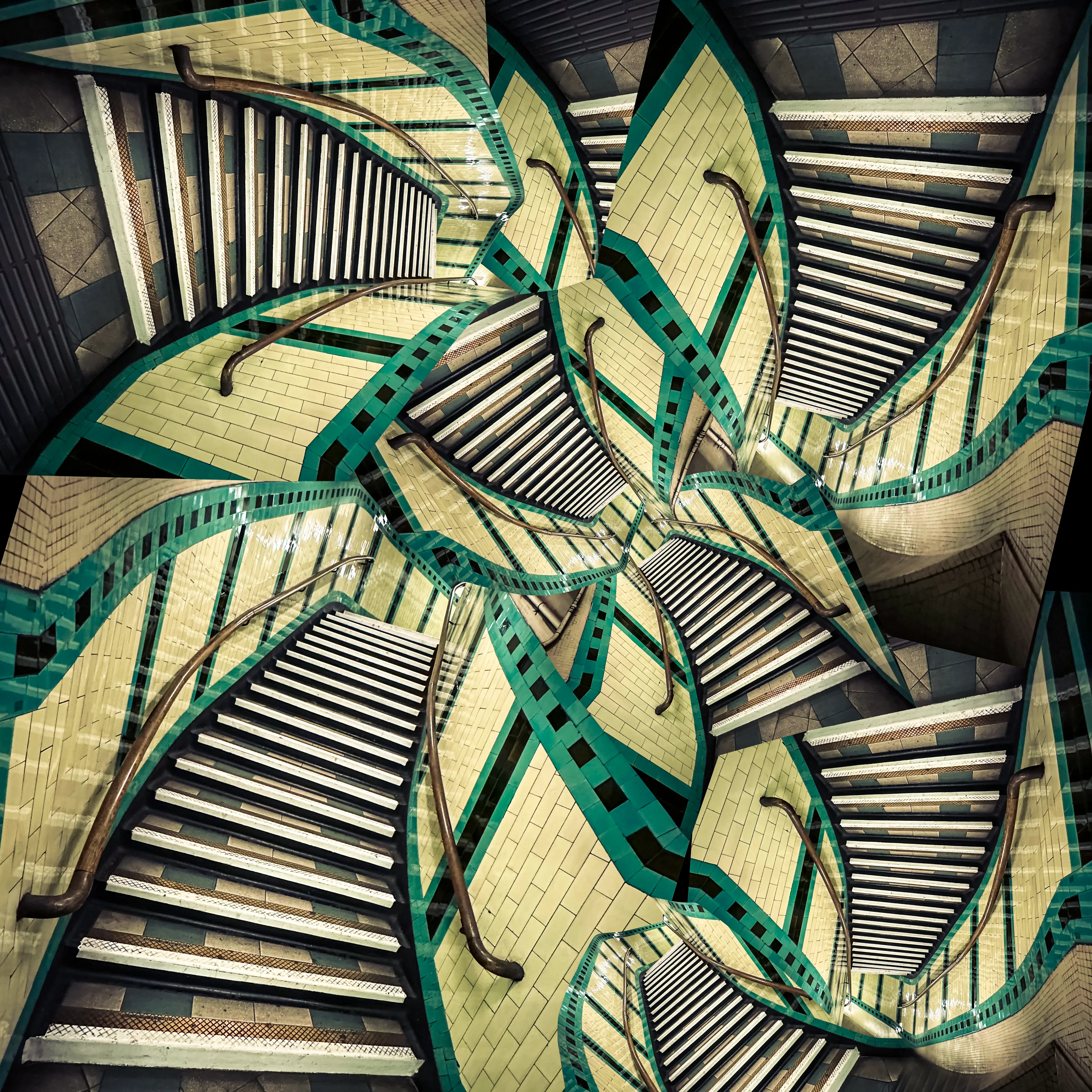 title: tube stairs  
by: iuri kothe  
id: iuridclgs20221217  
collection: stairs  
tools: iphone, affinity photo, ipad pro w pencil, macbook pro, photoshop  
medium: digital collage  
size: 3600x3600px  

source photo:

photo by iuri kothe - london underground tube stairs 
from 2022-12-01 17h23