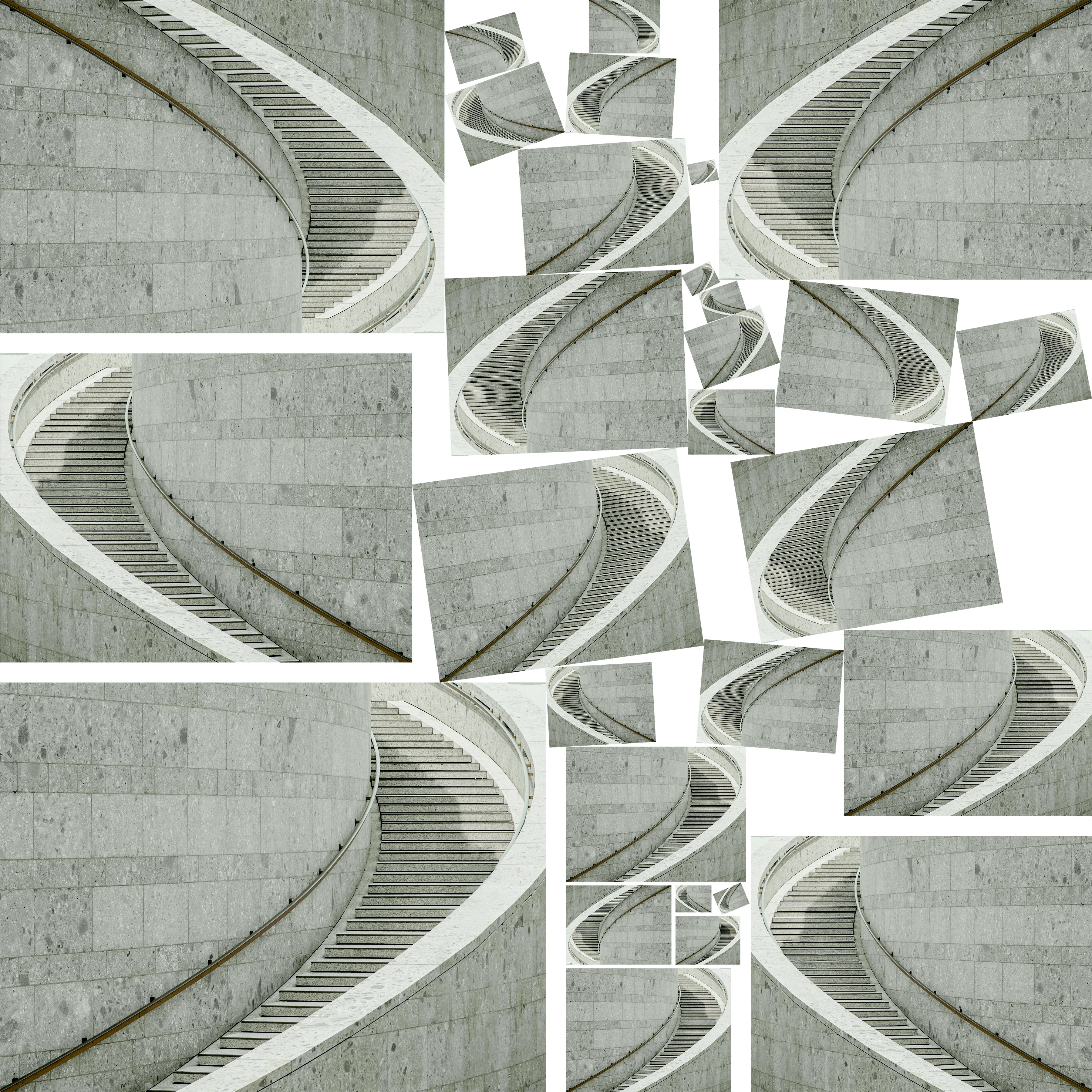title: stairs balancing  
id: iuridclgs20201210  
collection: stairs  
size: 3600x3600px  
medium: digital collage  
tools: affinity photo, ipad pro w pencil, macbook pro, photoshop  
architect: unknown  
location: cologne - germany  
source artist: unknown

source image:

curved marble stairs - cologne germany  
https://unsplash.com/photos/tb4heMa-ZRo 
(foto deleted from unsplash)