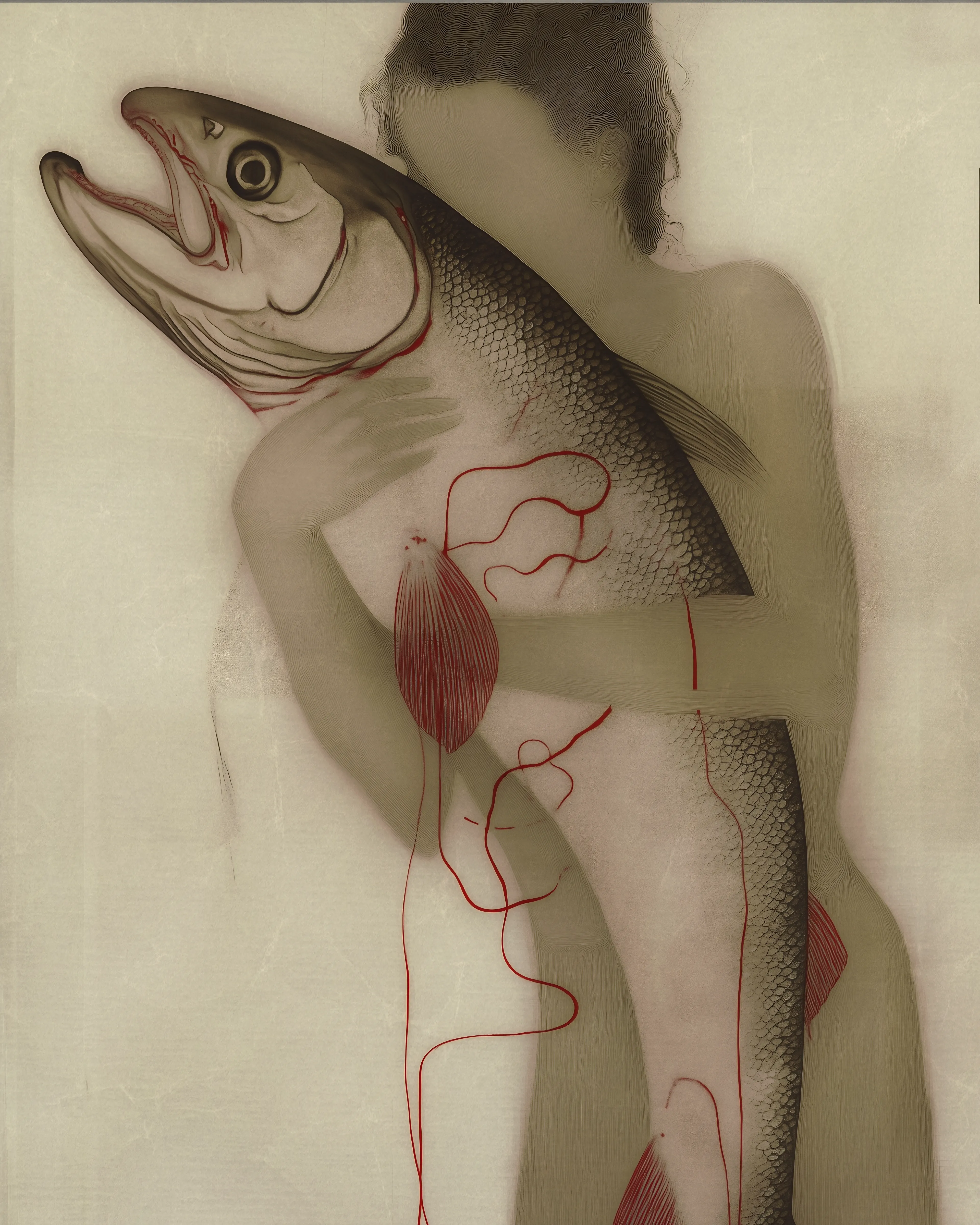 you're the girl, you’re the fish,
the one who clings, 
and the one who’s cold and silent —
a strange mix, wanting warmth
but wrapped in your own chill.
it’s not just hugging, 
it’s grasping, soft and slippery,
all turned inward,
a quiet kind of selfishness —
not mean, just holding on
to something that can’t hold back.
something you’re drawn to
because it feels safe to crave
what can’t ask for more.

lykai  × mj × ps, 2025.
3840 × 4800 px