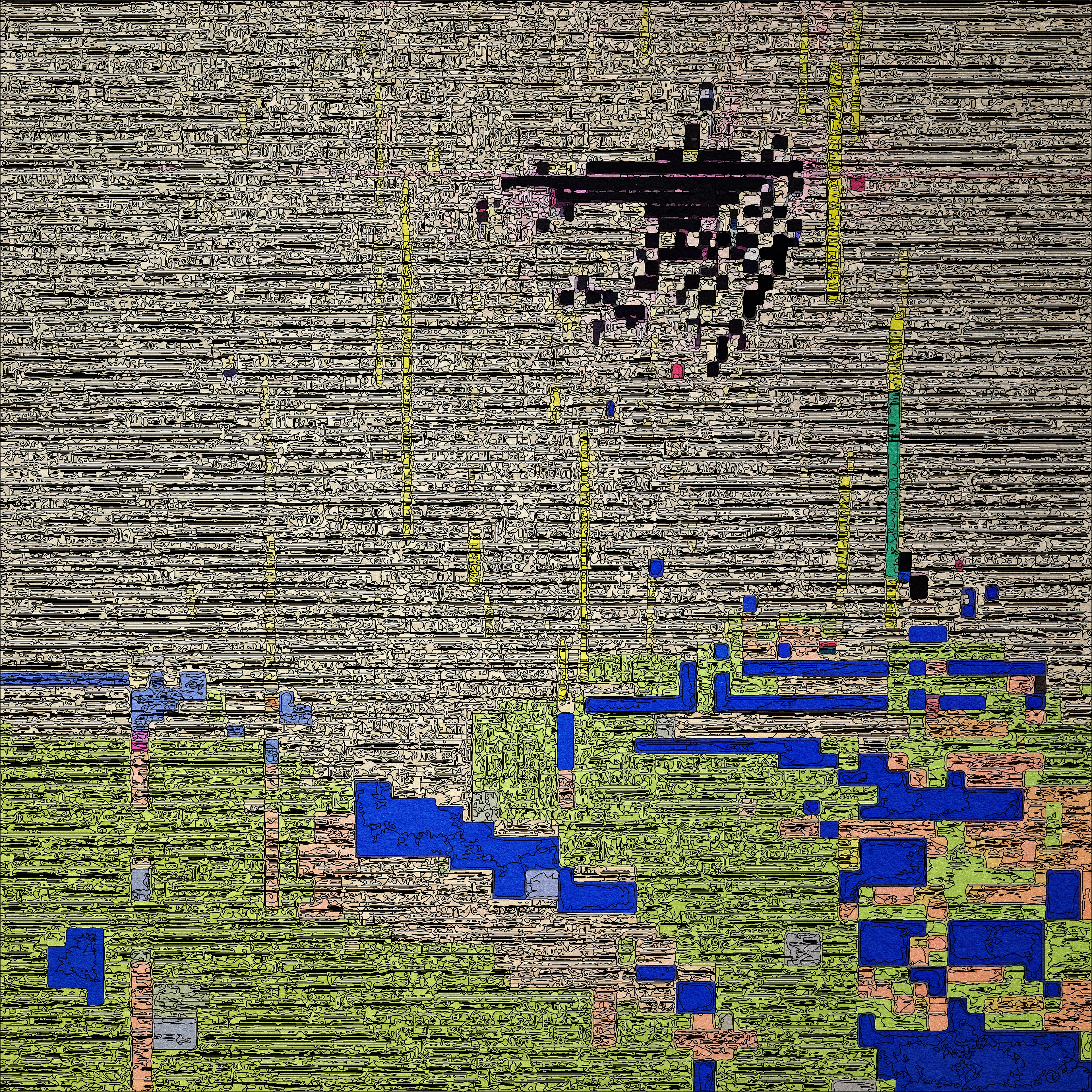 **Overview**
*Latent Ink* is a novel exploration of Eko33’s evolving collaboration with machines to create art. Spanning 500 unique artworks, this project merges AI-trained datasets, p5.js generative systems, machine vision, and GLSL shaders to produce intricate works that challenge the boundaries of human and machine creativity. By integrating digital and physical mediums, Latent Ink showcases Eko33’s most technically advanced and conceptually innovative project to date.
This collection reflects a layered evolution, combining Eko33’s past and present artistic gestures through algorithmic processes, resulting in visually complex images that converge, compete, and evolve in their form.


**Overall Process**
*AI Generation*
The journey begins with custom AI models trained on Eko33’s portfolio of hand-drawn sketches and previous generative art series. These datasets are carefully curated to ensure the AI’s outputs remain deeply rooted in his unique artistic language. The result is a digital canvas imbued with the nuances of Eko33’s style, ready for further exploration.
*Algorithmic Refinement*
Eko33 employs a custom p5.js environment and GLSL shaders to simulate the subtleties of hand-drawn marks. His algorithms allow control over line characteristics such as thickness and pressure variations, curvature and angle imperfections, layering of textures and colors.
This phase is not simply computational but deeply iterative. Parameters are adjusted, elements are redrawn, and compositions evolve dynamically until they achieve the desired complexity and balance. The final artworks push the boundaries of both machine precision and human expressiveness.


**Plotter-Specific Process**
The 100 plotter artworks form the core of Latent Ink’s physical exploration, transitioning digital outputs into unique, tangible artifacts. This process demands an intense level of technical precision and artistic decision-making:
*1. Ink and Tool Selection*
Eko33 meticulously chooses ink types, ranging from quick-drying to slow-flowing inks, each creating distinct textures. A variety of nib sizes—fine, medium, and bold—are employed to create depth and hierarchy in the plotted lines.
*2. Color Palette Expansion*
The physical plotter works often go beyond their digital counterparts, incorporating extended color palettes that highlight the physical medium’s richness.
*3. Plotting Sequence and Speed*
Eko33 programs a precise sequence for plotting, dictating the order of line and color application. Adjustments to plotting speed add further character, with slower strokes yielding bolder lines and faster strokes creating delicate, nuanced impressions.
*4. Algorithmic Adaptation*
Each plotted work involves adjustments to the original algorithm, tailored for physical execution. These adaptations allow the machine to capture the artist's intent while introducing physical imperfections that enhance the work’s uniqueness.
*5. Final Digitization*
Once completed, each plotter piece is scanned in high resolution to preserve its intricate details, creating a lasting digital archive of the physical artwork.
Through these steps, Eko33’s plotter works transcend mere replication of digital art, becoming standalone expressions that merge the precision of machine plotting with the human intuition of traditional craftsmanship.


**Concluding Remarks**
*Latent Ink* asks us to reconsider the relationships between time, space, and representation in art. By embracing AI, generative algorithms, and extreme compute conditions, Eko33 has created a groundbreaking series of works that redefine collaboration between human and machine.
*“With Latent Ink, I’m not interested in using technology to make things easier or faster; instead, I embrace technology to redefine what art can be. It’s through pushing both myself and the machines to their limits that unexpected beauty emerges.”*
- Eko33
