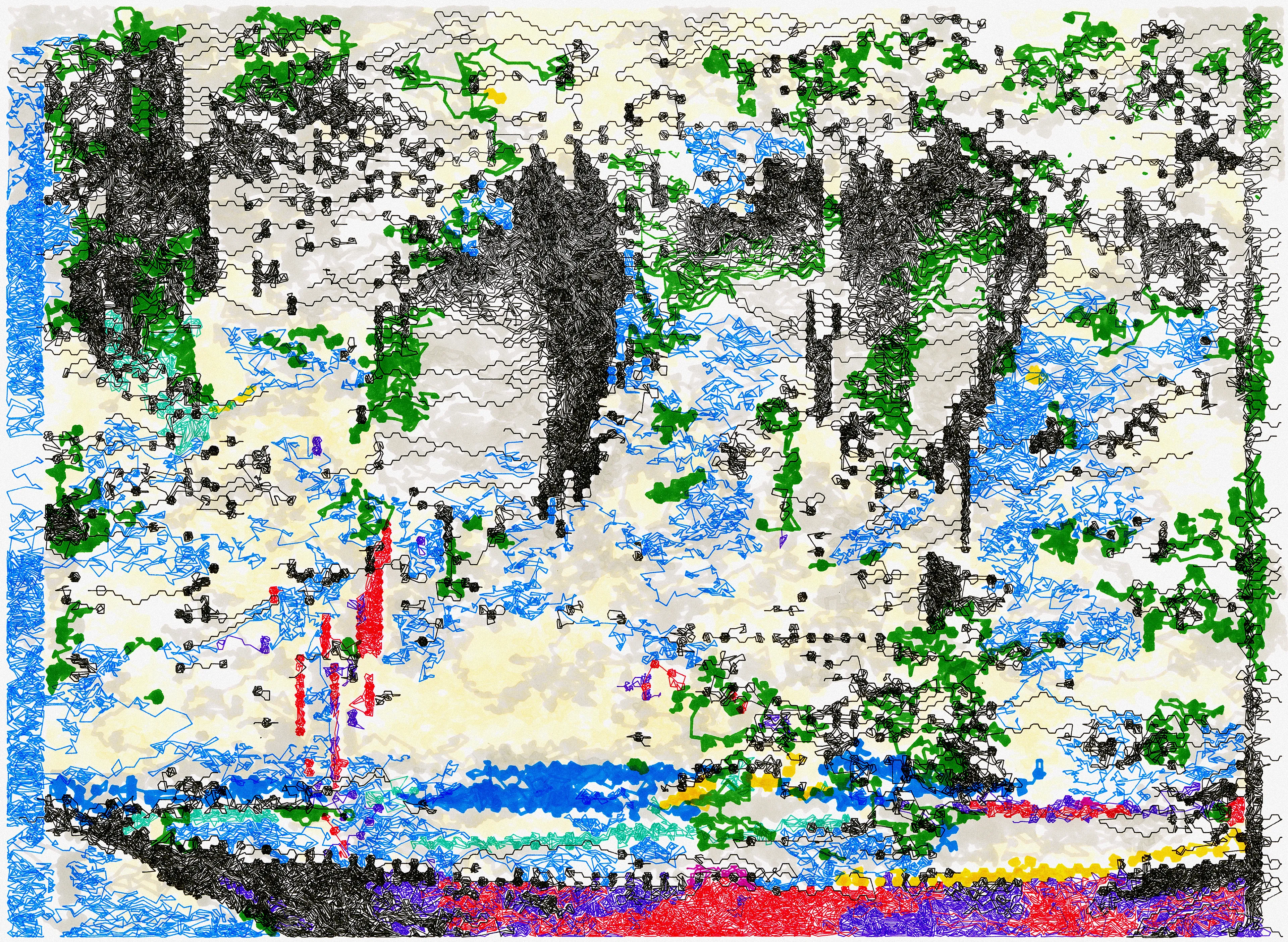 **Overview**
*Latent Ink* is a novel exploration of Eko33’s evolving collaboration with machines to create art. Spanning 500 unique artworks, this project merges AI-trained datasets, p5.js generative systems, machine vision, and GLSL shaders to produce intricate works that challenge the boundaries of human and machine creativity. By integrating digital and physical mediums, Latent Ink showcases Eko33’s most technically advanced and conceptually innovative project to date.
This collection reflects a layered evolution, combining Eko33’s past and present artistic gestures through algorithmic processes, resulting in visually complex images that converge, compete, and evolve in their form.


**Overall Process**
*AI Generation*
The journey begins with custom AI models trained on Eko33’s portfolio of hand-drawn sketches and previous generative art series. These datasets are carefully curated to ensure the AI’s outputs remain deeply rooted in his unique artistic language. The result is a digital canvas imbued with the nuances of Eko33’s style, ready for further exploration.
*Algorithmic Refinement*
Eko33 employs a custom p5.js environment and GLSL shaders to simulate the subtleties of hand-drawn marks. His algorithms allow control over line characteristics such as thickness and pressure variations, curvature and angle imperfections, layering of textures and colors.
This phase is not simply computational but deeply iterative. Parameters are adjusted, elements are redrawn, and compositions evolve dynamically until they achieve the desired complexity and balance. The final artworks push the boundaries of both machine precision and human expressiveness.


**Plotter-Specific Process**
The 100 plotter artworks form the core of Latent Ink’s physical exploration, transitioning digital outputs into unique, tangible artifacts. This process demands an intense level of technical precision and artistic decision-making:
*1. Ink and Tool Selection*
Eko33 meticulously chooses ink types, ranging from quick-drying to slow-flowing inks, each creating distinct textures. A variety of nib sizes—fine, medium, and bold—are employed to create depth and hierarchy in the plotted lines.
*2. Color Palette Expansion*
The physical plotter works often go beyond their digital counterparts, incorporating extended color palettes that highlight the physical medium’s richness.
*3. Plotting Sequence and Speed*
Eko33 programs a precise sequence for plotting, dictating the order of line and color application. Adjustments to plotting speed add further character, with slower strokes yielding bolder lines and faster strokes creating delicate, nuanced impressions.
*4. Algorithmic Adaptation*
Each plotted work involves adjustments to the original algorithm, tailored for physical execution. These adaptations allow the machine to capture the artist's intent while introducing physical imperfections that enhance the work’s uniqueness.
*5. Final Digitization*
Once completed, each plotter piece is scanned in high resolution to preserve its intricate details, creating a lasting digital archive of the physical artwork.
Through these steps, Eko33’s plotter works transcend mere replication of digital art, becoming standalone expressions that merge the precision of machine plotting with the human intuition of traditional craftsmanship.


**Concluding Remarks**
*Latent Ink* asks us to reconsider the relationships between time, space, and representation in art. By embracing AI, generative algorithms, and extreme compute conditions, Eko33 has created a groundbreaking series of works that redefine collaboration between human and machine.
*“With Latent Ink, I’m not interested in using technology to make things easier or faster; instead, I embrace technology to redefine what art can be. It’s through pushing both myself and the machines to their limits that unexpected beauty emerges.”*
- Eko33
