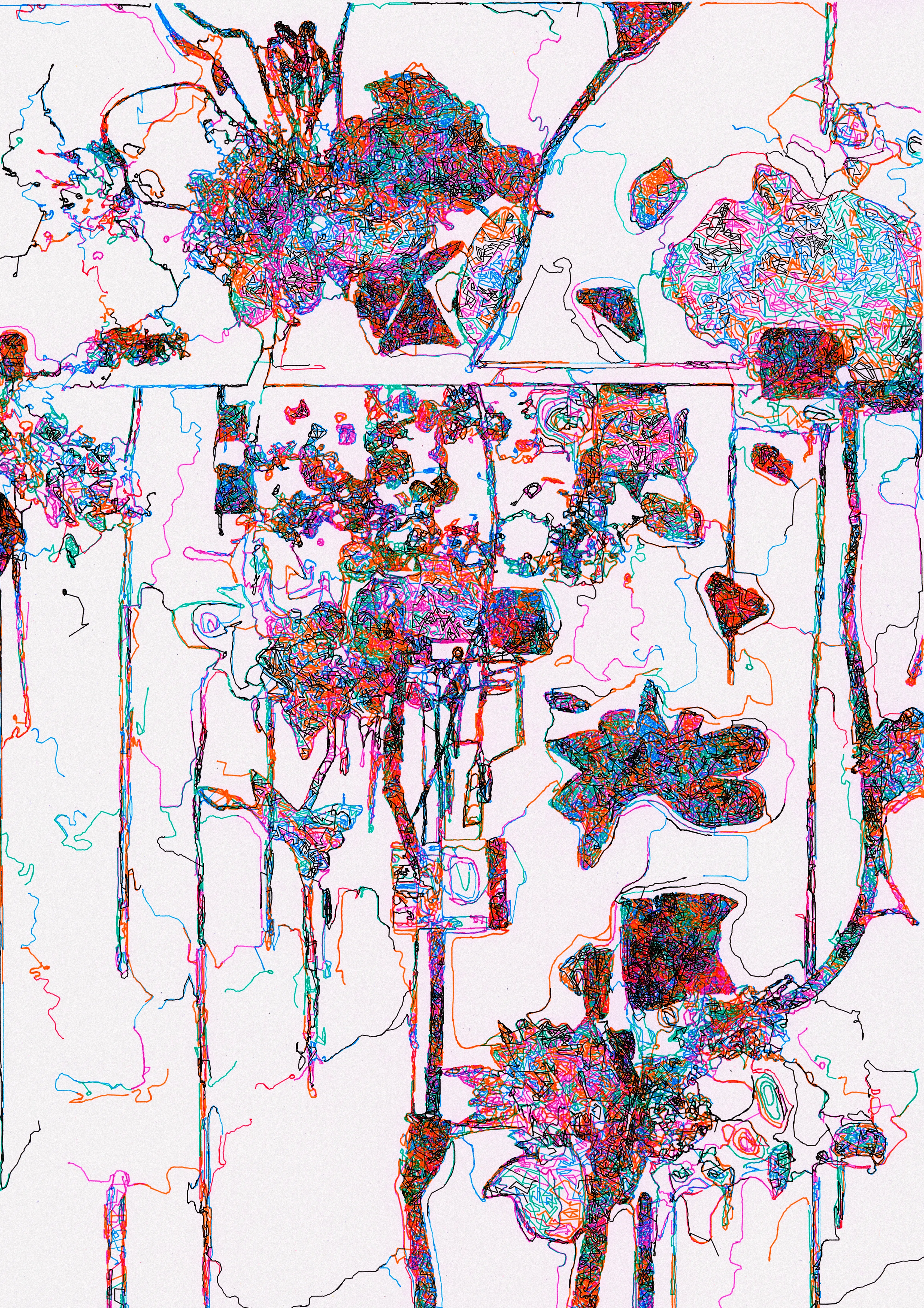 **Overview**
*Latent Ink* is a novel exploration of Eko33’s evolving collaboration with machines to create art. Spanning 500 unique artworks, this project merges AI-trained datasets, p5.js generative systems, machine vision, and GLSL shaders to produce intricate works that challenge the boundaries of human and machine creativity. By integrating digital and physical mediums, Latent Ink showcases Eko33’s most technically advanced and conceptually innovative project to date.
This collection reflects a layered evolution, combining Eko33’s past and present artistic gestures through algorithmic processes, resulting in visually complex images that converge, compete, and evolve in their form.


**Overall Process**
*AI Generation*
The journey begins with custom AI models trained on Eko33’s portfolio of hand-drawn sketches and previous generative art series. These datasets are carefully curated to ensure the AI’s outputs remain deeply rooted in his unique artistic language. The result is a digital canvas imbued with the nuances of Eko33’s style, ready for further exploration.
*Algorithmic Refinement*
Eko33 employs a custom p5.js environment and GLSL shaders to simulate the subtleties of hand-drawn marks. His algorithms allow control over line characteristics such as thickness and pressure variations, curvature and angle imperfections, layering of textures and colors.
This phase is not simply computational but deeply iterative. Parameters are adjusted, elements are redrawn, and compositions evolve dynamically until they achieve the desired complexity and balance. The final artworks push the boundaries of both machine precision and human expressiveness.


**Plotter-Specific Process**
The 100 plotter artworks form the core of Latent Ink’s physical exploration, transitioning digital outputs into unique, tangible artifacts. This process demands an intense level of technical precision and artistic decision-making:
*1. Ink and Tool Selection*
Eko33 meticulously chooses ink types, ranging from quick-drying to slow-flowing inks, each creating distinct textures. A variety of nib sizes—fine, medium, and bold—are employed to create depth and hierarchy in the plotted lines.
*2. Color Palette Expansion*
The physical plotter works often go beyond their digital counterparts, incorporating extended color palettes that highlight the physical medium’s richness.
*3. Plotting Sequence and Speed*
Eko33 programs a precise sequence for plotting, dictating the order of line and color application. Adjustments to plotting speed add further character, with slower strokes yielding bolder lines and faster strokes creating delicate, nuanced impressions.
*4. Algorithmic Adaptation*
Each plotted work involves adjustments to the original algorithm, tailored for physical execution. These adaptations allow the machine to capture the artist's intent while introducing physical imperfections that enhance the work’s uniqueness.
*5. Final Digitization*
Once completed, each plotter piece is scanned in high resolution to preserve its intricate details, creating a lasting digital archive of the physical artwork.
Through these steps, Eko33’s plotter works transcend mere replication of digital art, becoming standalone expressions that merge the precision of machine plotting with the human intuition of traditional craftsmanship.


**Concluding Remarks**
*Latent Ink* asks us to reconsider the relationships between time, space, and representation in art. By embracing AI, generative algorithms, and extreme compute conditions, Eko33 has created a groundbreaking series of works that redefine collaboration between human and machine.
*“With Latent Ink, I’m not interested in using technology to make things easier or faster; instead, I embrace technology to redefine what art can be. It’s through pushing both myself and the machines to their limits that unexpected beauty emerges.”*
- Eko33
