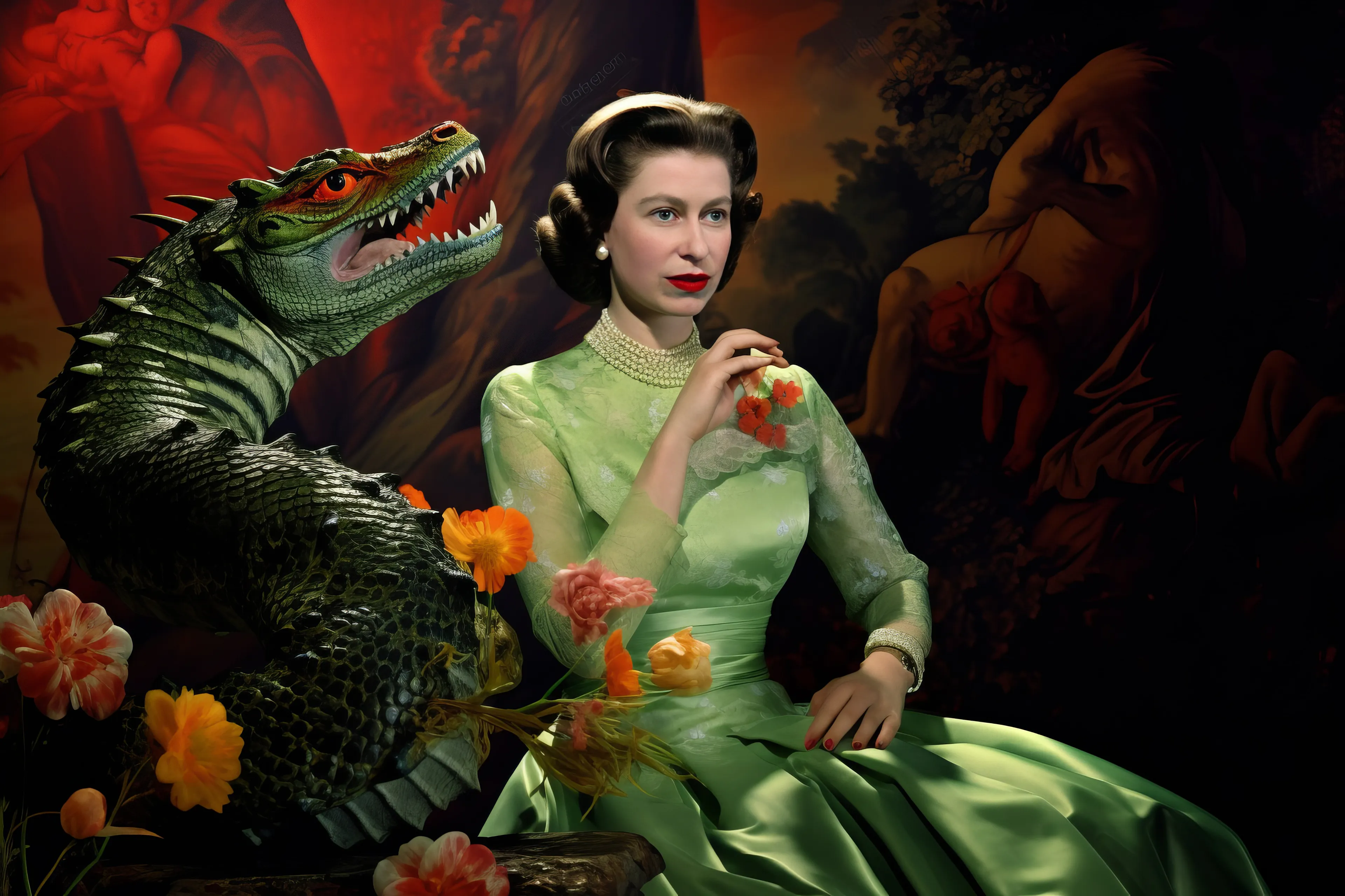 CONSPIRACY : ROYAL FAMILY REPTILIANS

"With a lineage shrouded in myssstery and majesty, I ssssstand proud, embracing the enigmatic roots that flow through the veins of the British Royal Family. Together, we carry a legacy of sssstrength and resilience, weaving a tapessstry of hissstory that spans ages untold. As guardiansss of this ancestral heritage, we embrace our unique dessstiny, guiding our nation with regal grace and a touch of the extraordinary.“ - Elizabeth R

Bio : Le Moon is an AI artist with a creative background in Video production based in Nice, France. Her work expresses her memories, fears and dreams in a nostalgic and disturbing style.