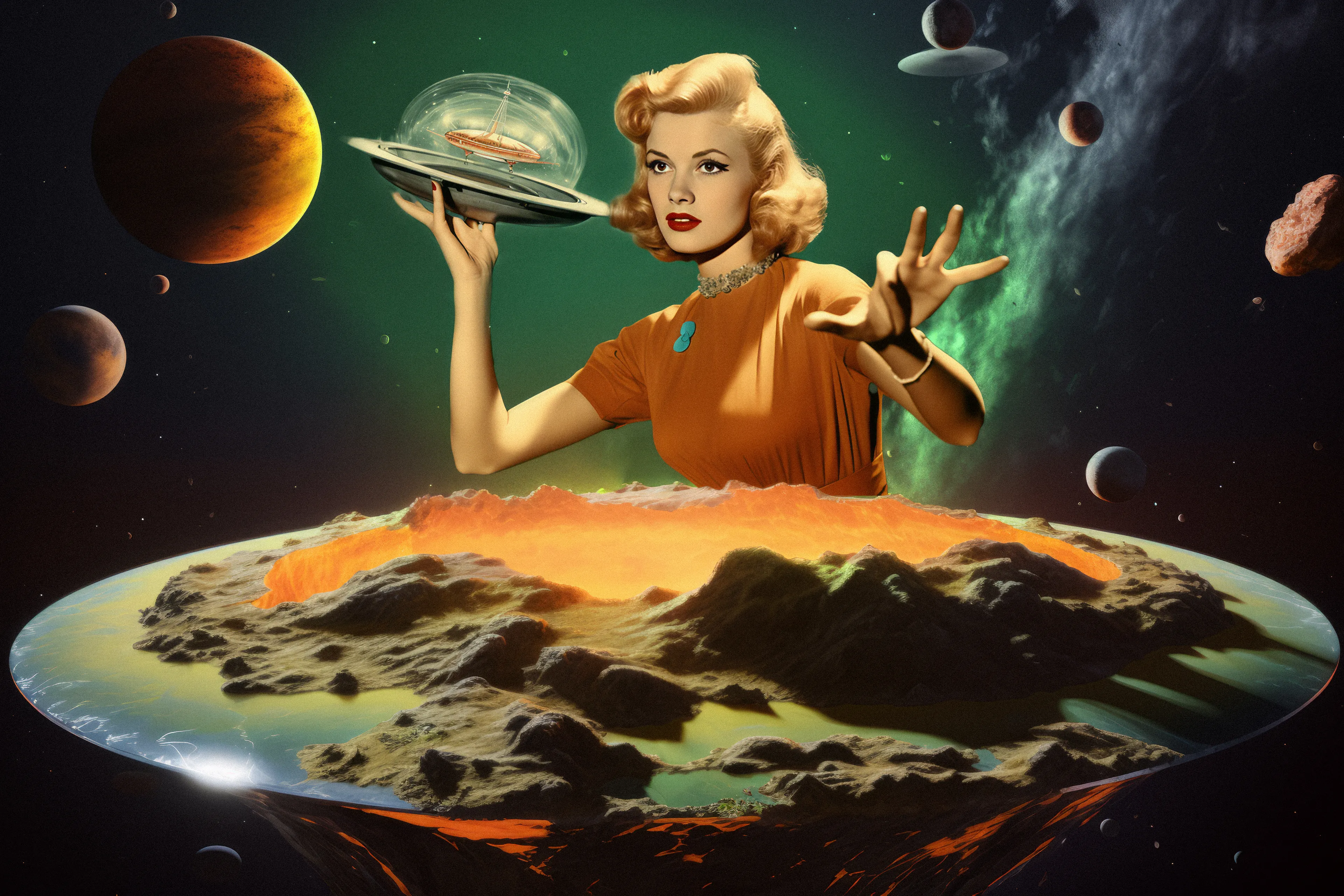 CONSPIRACY : THE EARTH IS FLAT

After centuries of exploration and observation, the ancient Greek philosopher Pythagoras discovered that the Earth was round around the 6th century BCE. However, the persistence of the flat Earth belief has resurfaced in modern times as a controversial movement, asserting that the Earth is not the familiar spherical planet but rather a flat, disc-shaped terrain. Despite overwhelming scientific consensus and satellite imagery proving the Earth's curvature, the movement persists, drawing a diverse range of adherents who challenge established scientific understanding.

Bio : Le Moon is an AI artist with a creative background in Video production based in Nice, France. Her work expresses her memories, fears and dreams in a nostalgic and disturbing style.