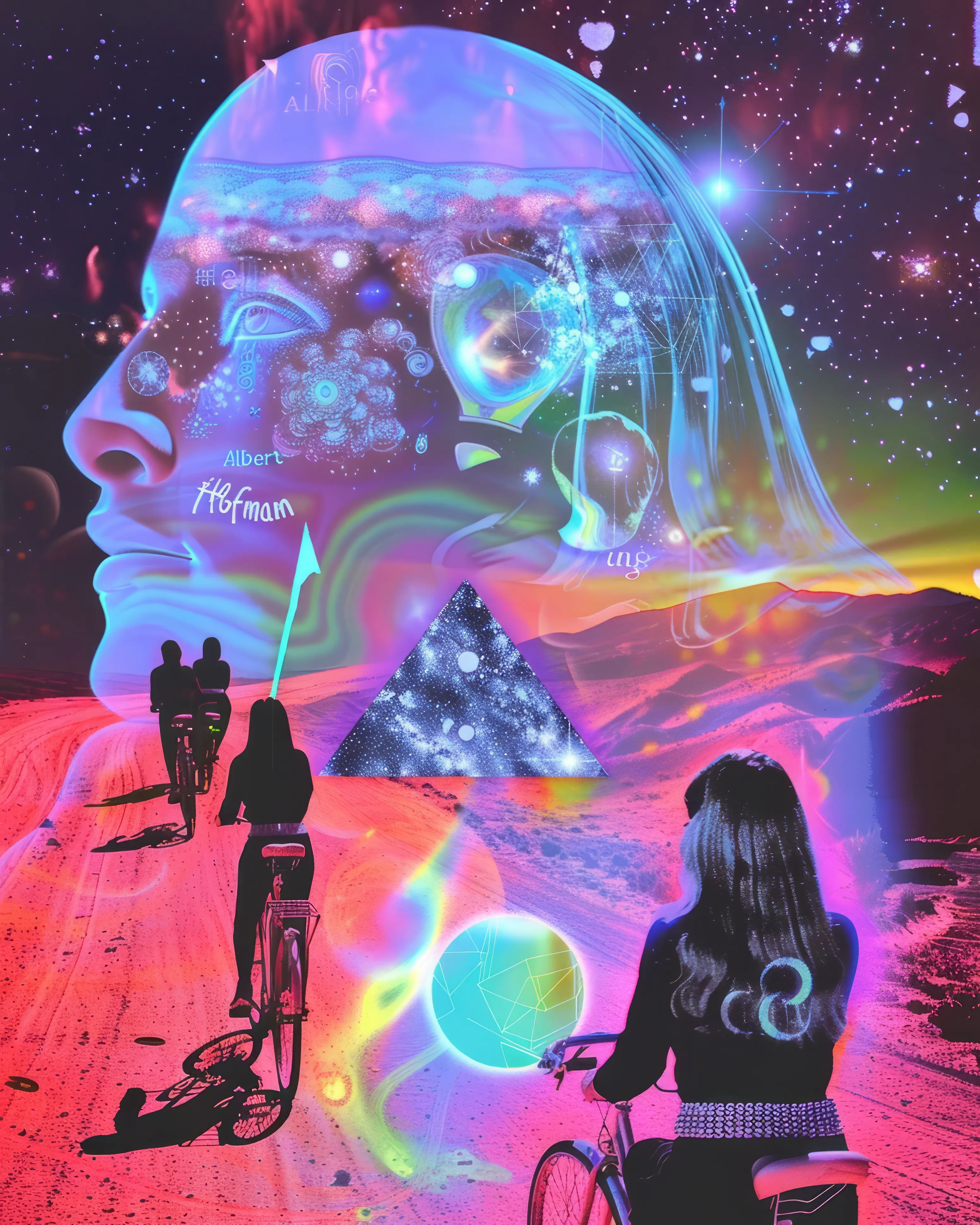 Albert Hofmann's first intentional LSD trip, famously known as his "bicycle day" on April 19, 1943, led to a profound and somewhat chaotic journey from his laboratory back to his home while experiencing the drug's powerful effects.

AI image : Midjourney