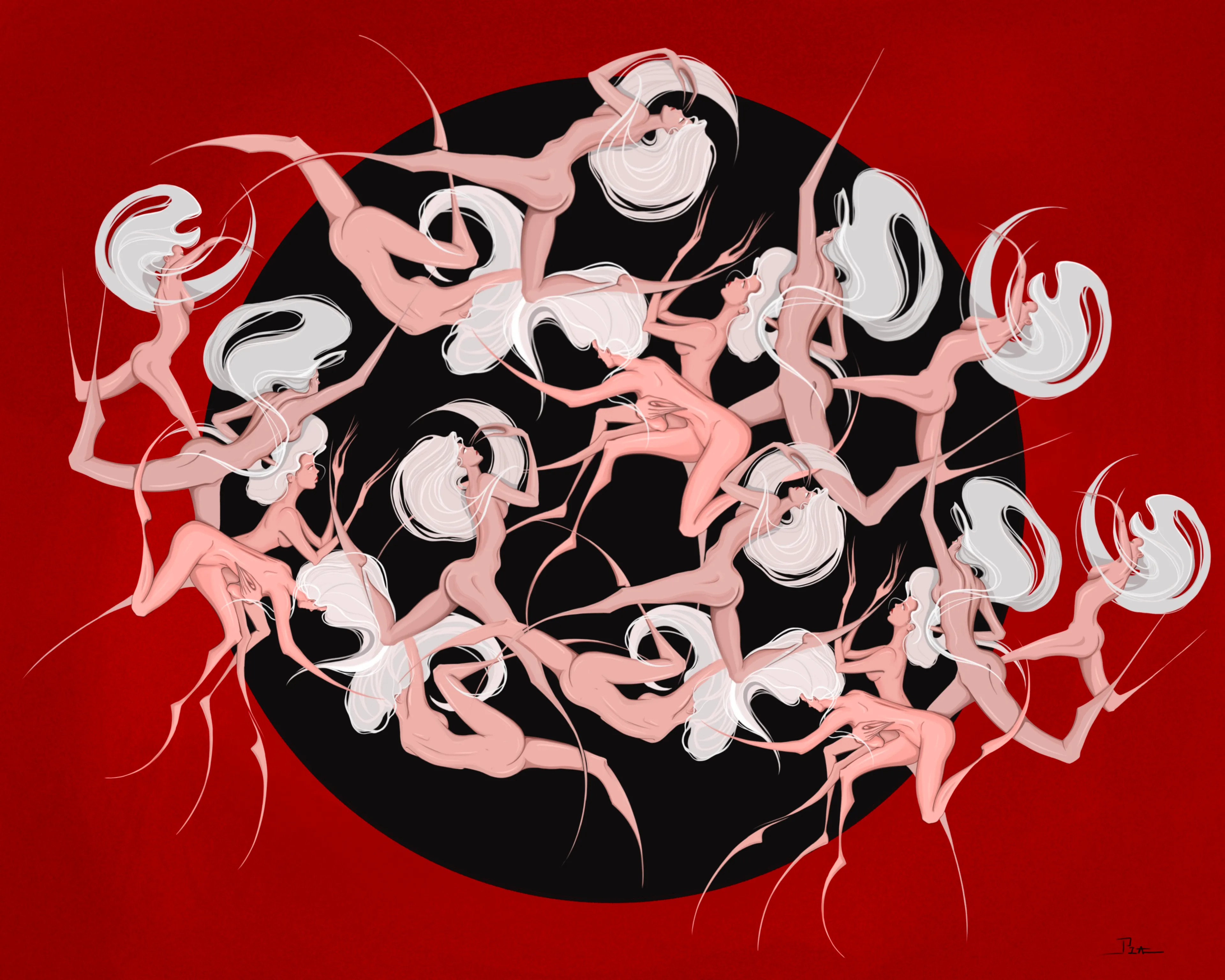 ID is the bridge between the past and now. Sometimes it can be a blurry line....sometimes a dark shadow in front of the bright light, as clean as the silhouette itself.

Perhaps the figures are finding their way in the womb,  alive, dancing, and floating around the red darkness...