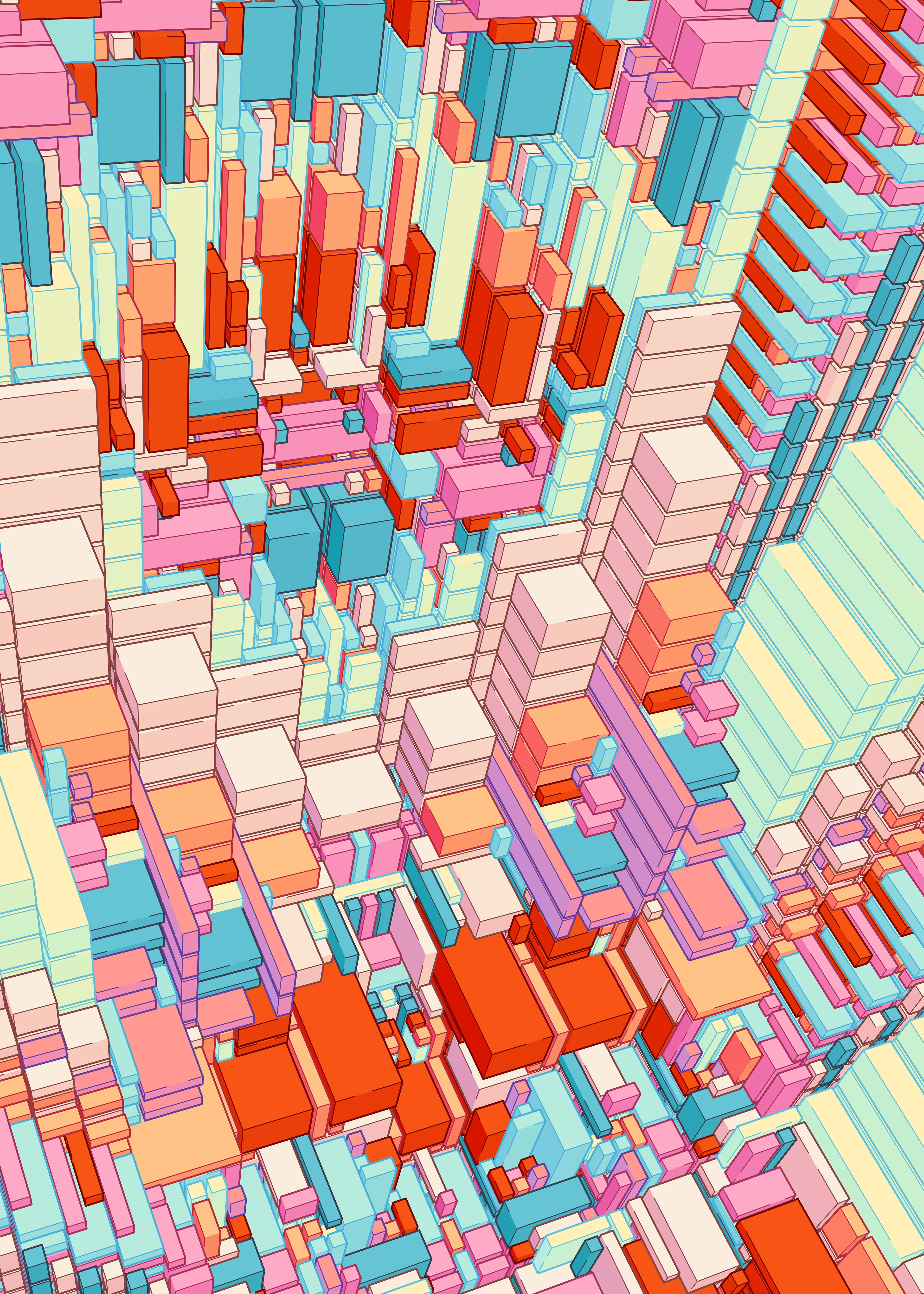 ‘Change of Basis’ picks up the thread from Kjetil’s earlier partitioning algorithms and extends them into the third dimension. Repeat a structural pattern in two dimensions, then create a diagonal cross-section in the third dimension, and you are left with something like an evolving pattern-gradient.  By cross-sectioning cubes in specific ways, the simple initial patterns come alive, creating cathedral-like structures and a sense of massive scale. While highly geometric and rule-based, the expression of the pieces are softened up by bright colors and playful linework. Inspiration is taken from Moebius’ Sci-fi illustrations as well as Pushwagner’s striking perspective.

Each 1/1 NFT in the 'Change of Basis' series is accompanied by a Fine Art Print (120x85 cm) signed by the artist.